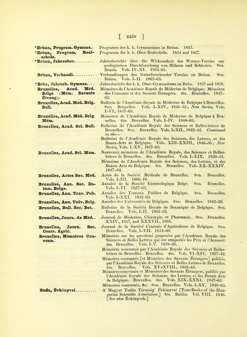 Briinn, Program. Gymnas.. Briinn, Program. K.eal- schule. Briinn, Jahresber Briinn, Verhandl. Briix, Jahresb. Gymnas.. .. Bruxelles, Acad. Med. Beige (Mem. Savants Etrang). Bruxelles, Acad. Med. Belg. Bull. Bruxelles, Acad. Med. Belg. Mem. Bruxelles, Acad. Sci. Bull. Bruxelles, Acad. Sci. Mem. Bruxelles, Actes Soc. Med. Bruxelles, Ann. Soc. En- tom. Beige. Bruxelles, Ann. Trav. Pub. Bruxelles, Ann. Univ. Belg. Bruxelles, Bull. Soc. Bot. . Bruxelles, Journ. de Med.. Bruxelles, Journ. Soc. Centr. Agric. Bruxelles, Memoires Cou- ronn. Buda, Evkonyvei. Programm des k. k. Gymnasiums in Briinn. 1855. Programm der k. k. Ober-Realsckule. 1854 and 1857. Jahresberichte iiber die Wirksamkeit des Werner-Vereins zur geologischen Durchforschung von Miihren und Schlesien. 8vo. Brunn. Vols. IV-XI. 1854-61. Verhandlungen des Naturforschender Vereins zu Briinn. 8vo. Briinn. Vols. I-II. 1862-63. Jahresbericht des k. k. Ober-Gymnasiums zu Briix. 1857 and 1858. Memoires de l'Academie Royale de Medecine de Belgique: Memoires des Concours ct des Savants Etrangers. 4to. Bruxelles. 1847- 63. Bulletin de l'Academie Royale de Medecine de Belgique a Bruxelles. 8vo. Bruxelles. Vols. I-XIV., 1841-55 ; New Series, Vols. I-VI., 1857-63. Memoires de 1'Academie Royale de Medecine de Belgique a Bru- xelles. 4to. Bruxelles. Vols. I-IV. 1848-63. Bulletins de l'Academie Royale des Sciences et Belles-lettres de Bruxelles. 8vo. Bruxelles. Vols. I-XII., 1832-45. Continued as the— Bulletins de l'Academie Royale des Sciences, des Lettres, et des Beaux-Arts de Belgique. Vols. XIII-XXIIL, 1846-56 ; Neiv Series, Vols. I-XV., 1857-63. Nouveaux memoires de l'Academie Royale, des Sciences et Belles- lettres de Bruxelles. 4to. Bruxelles. Vols. I-XIX. 1820-45. Memoires de l'Academie Royale des Sciences, des Lettres, et des Beaux-Arts de Belgique. 4to. Bruxelles. Vols. XX-XXXIV. 1847-64. Actes de la Societe Medicale de Bruxelles. 8vo. Bruxelles. Vols. I-III. 1806-10. Annales de la Societe Entomologique Beige. 8vo. Bruxelles. Vols. I-VI. 1857-62. Annales des Travaux Publics de Belgique. 8vo. Bruxelles. Vols. I-XXI. 1843-63. Annales des Universites de Belgique. 8vo. Bruxelles. 1842-59. Bulletins de la Societe Royale de Botanique de Belgique. 8vo. Bruxelles. Vols. I-II. 1862-63. Journal de Medecine, Chirurgie, et Pharmacie. 8vo. Bruxelles. XXIV., 1857, and XXXVII, 1863. Journal de la Societe Centrale d'Agriculture de Belgique. 8vo. Bruxelles. Vols. I-VII. 1854-60. Memoires sur les questions proposees par l'Academie Royale des Sciences et Belles Lettres qui ont remportes les Prix et l'Accessit. 4to. Bruxelles. Vols. I-V. 1818-26. Memoires couronnes par l'Academie Royale des Sciences et Belles- lettres de Bruxelles. Bruxelles. 4to. Vols. VI-XIV. 1827-42. Memoires couronnes [et Memoires des Savants Etrangers] publics, par l'Academie Royale des Sciences et Belles Lettres de Bruxelles. 4to. Bruxelles. Vols. XV-XVIIL, 1843-45. Memoires couronnes et Memoires des Savants Etrangers, publics par l'Academie Royale des Sciences, des Lettres, et. des Beaux Arts de Belgique. Bruxelles. 4to. Vols. XIX-XXXI. 1847-63. Memoires couronnes, &c. 8vo. Bruxelles. Vols. I-XV. 1840-63. A' Magyar Tudos Tarsasag' Evkonyvei [Year-Books of the Hun- garian Scientific Association.] 4to. Budiin. Vol. VIII. 1846. [See also Evkonyvek.]