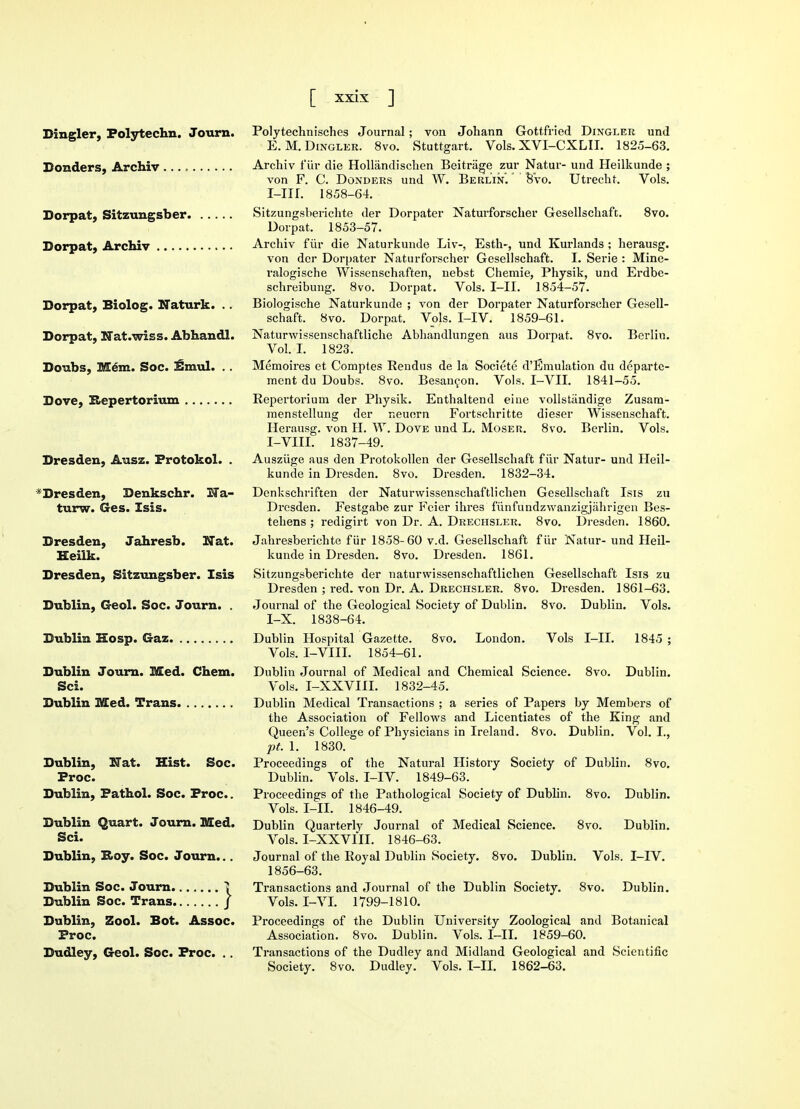 Dingier, Folytechn. Journ. Bonders, Archiv Dorpat, Sitzungsber Dorpat, Archiv Dorpat, Biolog. Naturk. .. Dorpat, Nat.wiss. Abhandl. Boubs, Mem. Soc. Smul. . . Dove, Repertorium Dresden, Ausz. Protokol. . Dresden, Denkschr. la- tum. Ges. Isis. Dresden, Jahresb. Mat. Heilk. Dresden, Sitzungsber. Isis Dublin, Geol. Soc. Journ. . Dublin Hosp. Gaz Dublin Journ. Med. Chem. Sci. Dublin Med. Trans Dublin, Hat. Hist. Soc. Proc. Dublin, Pathol. Soc. Proc. Dublin Quart. Journ. Med. Sci. Dublin, Roy. Soc. Journ... Dublin Soc. Journ 5 Dublin Soc. Trans J Dublin, Zool. Bot. Assoc. Proc. Dudley, Geol. Soc. Proc. .. Polytechnisches Journal; von Johann Gottfried Dingler und E. M. Dingler. 8vo. Stuttgart. Vols. XVI-CXLII. 1825-63. Archiv fur die Hollandischen Beitriige zur Natur- und Heilkunde ; von F. C. Donders und W. Berlin. ' 8vo. Utrecht. Vols. I-IIL 1858-64. Sitzungsberichte der Dorpater Naturforscher Gesellschaft. 8vo. Dorpat. 1853-57. Archiv fur die Naturkunde Liv-, Esth*, und Kurlands ; herausg. von der Dorpater Naturforscher Gesellschaft. I. Serie : Mine- ralogische Wissenschaften, nebst Chemie, Physik, und Erdbe- schreibung. 8vo. Dorpat. Vols. I-II. 1854-57. Biologische Naturkunde ; von der Dorpater Naturforscher Gesell- schaft. 8vo. Dorpat. Vols. I-IV. 1859-61. Naturwissenschaftliche Abhandlungen aus Dorpat. 8vo. Berlin. Vol. I. 1823. Memoires et Comptes Rendus de la Societe d'Emulation du departe- ment du Doubs. 8vo. Besancon. Vols. I-VII. 1841-55. Repertorium der Physik. Enthaltend erne vollstandige Zusani- menstellung der neuern Fortschritte dieser Wissenschaft. Herausg. von H. W. Dove und L. Moser. 8vo. Berlin. Vols. I-VIII. 1837-49. Ausziige aus den Protokollen der Gesellschaft fur Natur- und Heil- kunde in Dresden. 8vo. Dresden. 1832-34. Denkschriften der Naturwissenschaftlichen Gesellschaft Isis zu Dresden. Festgabe zur Feier ihres fiinfundzwanzigjahrigen Bes- tehens ; redigirt von Dr. A. Drechsler. 8vo. Dresden. 1860. Jahresberichte fur 1858-60 v.d. Gesellschaft fur Natur- und Heil- kunde in Dresden. 8vo. Dresden. 1861. Sitzungsberichte der naturwissenschaftlichen Gesellschaft Isis zu Dresden ; red. von Dr. A. Drechsler. 8vo. Dresden. 1861-63. Journal of the Geological Society of Dublin. 8vo. Dublin. Vols. I-X. 1838-64. Dublin Hospital Gazette. 8vo. London. Vols I-II. 1845 ; Vols. I-VIIL 1854-61. Dublin Journal of Medical and Chemical Science. 8vo. Dublin. Vols. I-XXVIII. 1832-45. Dublin Medical Transactions ; a series of Papers by Members of the Association of Fellows and Licentiates of the King and Queen's College of Physicians in Ireland. 8vo. Dublin. Vol. I., pt. 1. 1830. Proceedings of the Natural History Society of Dublin. 8vo. Dublin. Vols. I-IV. 1849-63. Proceedings of the Pathological Society of Dublin. 8vo. Dublin. Vols. I-II. 1846-49. Dublin Quarterly Journal of Medical Science. 8vo. Dublin. Vols. I-XXVIII. 1846-63. Journal of the Royal Dublin Society. 8vo. Dublin. Vols. I-IV. 1856-63. Transactions and Journal of the Dublin Society. 8vo. Dublin. Vols. I-VI. 1799-1810. Proceedings of the Dublin University Zoological and Botanical Association. 8vo. Dublin. Vols. I-II. 1859-60. Transactions of the Dudley and Midland Geological and Scientific Society. 8vo. Dudley. Vols. I-II. 1862-63.