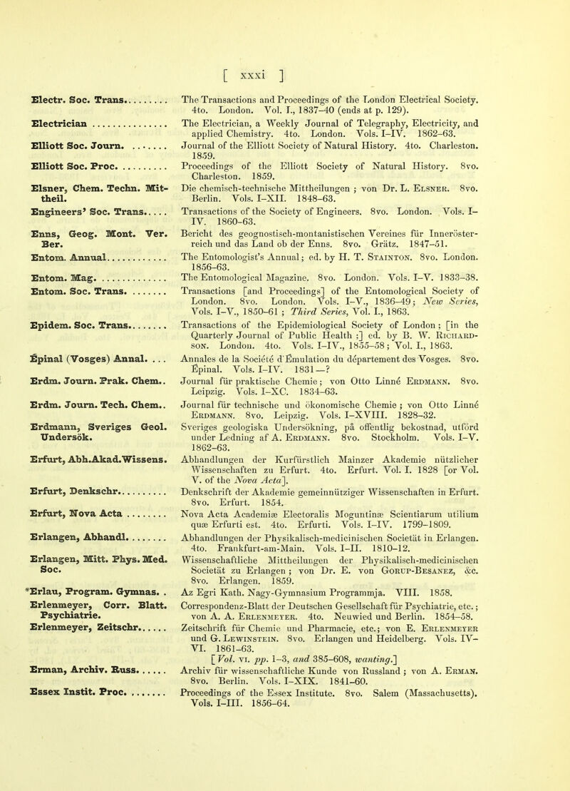 Elects'. Soc. Trans Electrician Elliott Soc. Journ. ....... Elliott Soc. Proc Eisner, Chem. Techn. Mit- theil. Engineers' Soc. Trans Enns, Geog. Mont. Ver. Ber. Entom. Annual Entom. Mag Entom. Soc. Trans Epidem. Soc. Trans........ Epinal (Vosges) Annal. ... Erdm. Journ. Prak. Chem.. Erdm. Journ. Tech. Chem.. Erdmann, Sveriges Geol. Undersok. Erfurt, Abh.Akad.Wissens. Erfurt, Denkschr Erfurt, IT ova Acta Erlangen, Abhandl Erlangen, Mitt. Phys. Med. Soc. Erlau, Program. Gymnas. . Erlenmeyer, Corr. Blatt. Fsychiatrie. Erlenmeyer, Zeitschr Erman, Archiv. Buss Essex Instit. Proc The Transactions and Proceedings of the London Electrical Society. 4to. London. Vol. L, 1837-40 (ends at p. 129). The Electrician, a Weekly Journal of Telegraphy, Electricity, and applied Chemistry. 4to. London. Vols. I-IV. 1862-63. Journal of the Elliott Society of Natural History. 4to. Charleston. 18.59. Proceedings of the Elliott Society of Natural History. 8vo. Charleston. 1859. Die chemisch-technische Mittheilungen ; von Dr. L. Elsner. 8vo. Berlin. Vols. I-XII. 1848-63. Transactions of the Society of Engineers. 8vo. London. Vols. I- IV. 1860-63. Bericht des geognostisch-montanistischen Vereines fur Inneroster- reich und das Land ob der Enns. 8vo. Griitz. 1847-51. The Entomologist's Annual; ed. by H. T. Stainton. 8vo. London. 1856-63. The Entomological Magazine. 8vo. London. Vols. I-V. 1833-38. Transactions [and Proceedings] of the Entomological Society of London. 8vo. London. Vols. I-V., 1836-49; New Series, Vols. I-V., 1850-61 ; Third Series, Vol. I., 1863. Transactions of the Epidemiological Society of London ; [in the Quarterly Journal of Public Health ;] ed. by B. W. Richard- son. London. 4to. Vols. I-IV., 1855-58; Vol. I., 1863. Annales de la Societe d'Emulation du departement des Vosges. 8vo. Epinal. Vols. I-IV. 1831—? Journal fiir praktische Chemie; von Otto Linne Erdmann. 8vo. Leipzig. Vols. I-XC. 1834-63. Journal fiir technische und okonomische Chemie ; von Otto Linne Erdmann. 8vo. Leipzig. Vols. I-XVIII. 1828-32. Sveriges geologiska Undersokning, pa, offentlig bekostnad, utford under Ledning af A. Erdmann. 8vo. Stockholm. Vols. I-V. 1862-63. Abhandlungen der Kurfurstlich Mainzer Akademie niitzlicher Wissenschaften zu Erfurt. 4to. Erfurt. Vol. I. 1828 [or Vol. V. of the Nova Acta]. Denkschrift der Akademie gemeinniitziger Wissenschaften in Erfurt. 8vo. Erfurt. 1854. Nova Acta Academiae Electoralis Moguntinae Scientiarum utilium quaa Erfurti est. 4to. Erfurti. Vols. I-IV. 1799-1809. Abhandlungen der Physikalisch-medicinischen Societat in Erlangen. 4to. Frankfurt-am-Main. Vols. I-H. 1810-12. Wissenschaftliche Mittheilungen der Physikalisch-medicinischen Societat zu Erlangen ; von Dr. E. von Gorup-Besanez, &c. 8vo. Erlangen. 1859. Az Egri Kath. Nagy-Gymnasium Programmja. VIII. 1858. Correspondenz-Blatt der Deutschen Gesellschaft fiir Psychiatrie, etc.; von A. A. Erlenmeyer. 4to. Neuwied und Berlin. 1854-58. Zeitschrift fiir Chemie und Pharmacie, etc.; von E. Erlenmeyer und G. Lewinstein. 8vo. Erlangen und Heidelberg. Vols. IV- VI. 1861-63. [ Vol. vr. pp. 1-3, and 385-608, wanting.'] Archiv fiir wissenschaftliche Kunde von Russland ; von A. Erman. 8vo. Berlin. Vols. I-XIX. 1841-60. Proceedings of the Essex Institute. 8vo. Salem (Massachusetts). Vols. I-III. 1856-64.