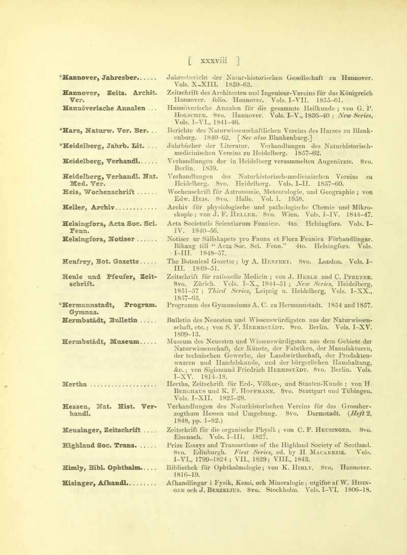 ' Hannover, Jahresber Hannover, Zeits. Archit. Ver. Hannoverische Annalen . . . *Harz, Naturw. Ver. Ber. .. *Heideiberg, Jahrb. Lit. ... Heidelberg, Yerhandl Heidelberg, Verbandl. Nat. Med. Ver. Keis, Woebemschrift Heller, Archiv Helsingfors, Acta Eoc. Sci. Fenn. Helsingfors, Notiser Henfrey, Bot. Gazette..... Henle und Pfeufer, Zeit- schrift. *Hermannstadt, Program. Gymnas. Hermbstadt, Bulletin Hermbstadt, Museum Hertha Hessen, Nat. Hist. Ver- handl. Heusinger, Zeitscbrift .... Highland Soc. Trans Himly, Bibl. Ophthalm Hisinger, Afhandl Jahresbericht der Natur-historischen Gesellschaft zu Hannover. Vols. X-X1II. 1859-63. Zeitscbrift des Architecten und Ingenieur-Vereins fiir das Konigreich Hannover, folio. Hannover. Vols. I-VII. 1855-61. Hannoverische Annalen fiir die gesammte Heilkunde ; von G. P. Holscher. 8vo. Hannover. Vols. I-V., 1836-40 ; New Series, Vols. 1-VL, 1841-46. Bericlite des Naturwissenschaftlichen Vereins des Harzes zu Blank- enburg. 1840-62. [_See also Blankenburg.] Jalirbiicher der Literatur. Verbandlungen des Naturhistorisch- medicinischen Vereins zu Heidelberg. 1857-62. Verbandlungen der in Heidelberg versammelten Augeniirzte. 8vo. Berlin. 1859. Verbandlungen des Naturhistorisch-medicinischen Vereins zu Heidelberg. 8vo. Heidelberg. Vols. I-II. 1857-60. Wocbenscbrift fiir Astronomie, Meteorologie, und Geograpbie ; von Edw. Heis. 8vo. Halle. Vol. I. 1858. Arcbiv fiir pbysiologiscbe und pathologische Chemie und Mikro- skopie ; von J. F. Heller. 8vo. Wien. Vols. I-IV. 1844-47. Acta Societatis Scientiarum Fennicse. 4to. Helsingfors. Vols. I- IV. 1840-56. Notiser ur Sallskapets pro Fauna et Flora Fennica Forbandlingar. Bihang till  Acta Soc. Sci. Fenn. 4to. Helsingfors. Vols. I-III. 1848-57. Tbe Botanical Gazette ; by A. Henfrey. 8vo. London. Vols. I- III. 1849-51. Zeitscbrift fiir rationelle Medicin ; von J. Henle und C. Pfeufer. 8vo. Zurich. Vols. I-X., 1844-51 ; New Series, Heidelberg, 1851-57 ; Third Series, Leipzig u. Heidelberg, Vols. I-XX., 1857-63. Programm des Gymnasiums A. C. zu Hermannstadt. 1854 and 1857. Bulletin des Neuesten und Wissenswiirdigsten aus der Naturwissen- schaft, etc.; von S. F. Hermbstadt. 8vo. Berlin. Vols. I-XV. 1809-13. Museum des Neuesten und Wissenswiirdigsten aus dem Gebiete der Naturwissenscbaft, der Kiinste, der Fabriken, der Manufakturen, der tecbnischen Gewerbe, der Landwirtbscbaft, der Produkten- waaren und Handelskunde, und der biirgerlichen Kausbaltung, &c.; von Sigismund Friedricb Hermbstadt. 8vo. Berlin. Vols. I-XV. 1814-18. Hertha, Zeitschrift fiir Erd-, Volker-, und Staaten-Kunde ; von Hr Berghaus und K. F. Hoffmaijn. 8vo. Stuttgart und Tubingen. Vols. I-XII. 1825-28. Verhandlungen des Naturbistorischen Vereins fiir das Grossber- zogtbum Hessen und Umgebung. 8vo. Darmstadt. {Heft 2, 1848, pp. 1-82.) Zeitscbrift fiir die organiscbe Physik ; von C. F. Heusinger. 8vo. Eisenach. Vols. I-III. 1827. Prize Essays and Transactions of the Highland Society of Scotland. 8vo. Edinburgh. First Series, ed. by H. Mackenzie. Vols. I-VI., 1799-1824 ; VII., 1829; VIII., 1843. Bibliothek fiir Ophthalmologic; von K. Himly. 8vo. Hannover. 1816-19. Afhandlingar i Fysik, Kemi, ocb Mineralogie; utgifne af W. Hisin- ger och J. Berzelius. 8vo. Stockholm. Vols. I-VI. 1806-18.