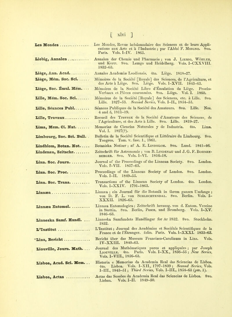 Les Mondes Liebig, Annalen Liege, Ann, Acad Liege, Mem. Soc. Sci Liege, Soc. Emul. Mem. • • • Lille, Mem. Soc. Sci Lille, Seances Fubl Lille, Travaux Lima, Mem. Ci. Nat Limbourg, Soc. Sci. Bull. . Lindblom, Botan. Not Lindenau, Zeitschr Linn. Soc. Journ Linn. Soc. Froc Linn. Soc. Trans Linnsea Linnsea Entomol Linneska Samf. Handl. ... L'Institut 'Linz, Bericht Liouville, Journ. Math. ... Lisboa, Acad. Sci. Mem. .. Lisboa, Actas Les Mondes, Revue hebdoraadaire des Sciences et de leurs Appli- cations aux Arts et a l'lndustrie ; par l'Abbe F. Moigno. 8vo. Paris. Vols. I-IV. 1863. Annalen der Chemie und Pharmacie ; von J. Liebig, Wohler, und Kopp. 8vo. Lemgo und Heidelberg. Vols. I-CXXVIII. 1832-63. Annales Academias Leodiensis. 4to. Liege. 1818-27. Memoires de la Societe [Royale] des Sciences, de l'Agriculture, et des Arts a Liege. 8vo. Liege. Vols. I-XVII. 1843-63. Memoires de la Societe Libre d'Emulation de Liege. Proces- Verbaux et Pieces couronnees. 8vo. Liege. Vol. I. 1860. Memoires de la Societe [Royale] des Sciences, etc. a Lille. 8vo. Lille. 1827-53. Second Series, Vols. I-IL, 1854-55. Seances Publiques de la Societe des Amateurs. 8vo. Lille. Nos. 4 and 5, 1811-19. Recueil des Travaux de la Societe d'Amateurs des Sciences,, de l'Agriculture, et des Arts a Lille. 8vo. Lille. 1819-27. Memorias de Ciencias Naturales y de Industria. 4to. Lima. Vol. I. 1827(?). Bulletin de la Societe Scientifique et Litteraire du Limbourg. 8vo. Tongres. Tom. v. fasc. L, 1861. Botaniska Notiser ; af A. E. Lindblom. 8vo. Lund. 1841-46. Zeitschrift fur Astronomie ; von B. Lindenau und J. Gr. F. Bohnen- berger. 8vo. Vols. I-VI. 1816-18. Journal of the Proceedings of the Linnean Society. 8vo. London. Vols. r-VII. 1857-63. Proceedings of the Linnean Society of London. 8vo. London. Vols. I-II. 1849-55. Transactions of the Linnean Societv of London. 4to. London. Vols. I-XXIV. 1791-1863. Linnsea ; ein Journal fur die Botanik in ihrem ganzen Umfange ; von D. F. L. von Schlechtendal. 8vo. Berlin. Vols. I- XXXII. 1826-63. Linnaea Entomologica; Zeitschrift herausg. von d. Entom. Vereine in Stettin. 8vo. Berlin, Posen, und Bromberg. Vols. I-XV. 1846-63. Linneska Samfundets Handlingar for Ar 1832. 8vo. Stockholm. 1832. L'Institut; Journal des Academies et Societes Scientifiques de la France et de l'Etranger. folio. Paris. Vols. I-XXXI. 1833-63. Bericht iiber das Museum Francisco-Carolinum in Linz. Vols. IV-XXIII. 1840-63. Journal des Mathernatiques pures et appliquees ; par Joseph Liouville. 4to. Paris. Vols. I-XX., 1836-55 ; New Series, Vols. I-VHL, 1856-63. Historia e Memorias da Academia Real das Sciencias de Lisboa. 4to. Lisboa. Vols. I-XIL, 1797-1839 ; Second Series, Vols. I-IIL, 1843-51 ; Third Series, Vols. I-III., 1854-63 {pte. 1). Actas das Sessoes da Academia Real das Sciencias de Lisboa. 8vo. Lisboa. Vols. I-II. 1849-50.