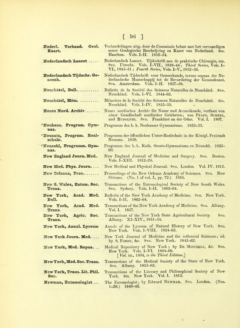 Hederl. Verhand. Geol. Kaart. Hederlandsch Lancet Hederlandsch Tijdschr. Ge- neesk. Heueliatel, Bull Neuchatel, Mem Heues Nord. Archiv *Heuhaus. Program. Gym- nas. *Heusatz, Program. Heal- sclrole. *Heusohl, Programm. Gym- nas. Hew England Journ. Med.. Mew Med. Phys. Journ. ... Hew Orleans, Proc New S. Wales, Entom. Soc. Trans. Hew York, Acad. Med. Bull. Kew York, Acad. Med. Trans. Hew York, Agric. Soc. Trans. Hew York, Annal. Lyceum Slew York Journ. Med. ... Hew York, Med. Repos. .. Hew York, Med. Soc. Trans. Hew York, Trans. Lit. Phil. Soc. Newman, Entomologist ... Verliandelingen uitg. door de Commissie belast met liet vervaardigen eener Geologische Beschrijving en Kaart van Nederland. 4to. Haarlem. Vols. I-II. 1853-54. Nederlandsch Lancet. Tijdschrift aan de praktische Chirurgie, etc. 8vo. Utrecht. Vols. I-VII., 1838-44; Third Series, Vols. I- VI., 1845-51 ; Fourth Series, Vols. I-V., 1852-56. Nederlandsch Tijdschrift voor Geneeskunde, tevens orgaan der Ne- derlandsche Maatschappij tot de Bevordering der Geneeskunst. 8vo. Amsterdam. Vols. I-II. 1857-58. Bulletin de la Societe des Sciences Naturelles de Neuchatel. 8vo. Neuchatel. Vols. I-VI. 1844-63. Memoires de la Societe des Sciences Naturelles de Neuchatel. 4to. Neuchatel. Vols. I-IV. 1835-59. Neues nordisches Archiv fiir Natur und Arzneikunde, verfasst von einer Gesellschaft nordischer Gelehrten; von Pfaff, Scheel, und Rudolphi. 8vo. Frankfurt an der Oder. Vol. I. 1807. Programm des k. k. Neuhauser Gymnasiums. 1852-53. Programm der offentlichen Unter-Realschule in der Konigl. Freistadt Neusatz. 1859. Programm des k. k. Kath. Staats-Gymnasiums zu Neusohl. 1855- 60. New England Journal of Medicine and Surgery. 8vo. Boston. Vols. I-XIII. 1812-24. New Medical and Physical Journal. 8vo. London. Vol. IV. 1812. Proceedings of the New Orleans Academy of Sciences. 8 to. New Orleans. (No. 1 of vol. I., pp. 72.) 1854. Transactions of the Entomological Society of New South Wales. 8vo. Sydney. Vols. I-II. 1863-64. Bulletin of the New York Academy of Medicine. 8vo. New York. Vols. I-II. 1862-64. Transactions of the New York Academy of Medicine. 8vo. Albany. Vol. I. 1857. Transactions of the New York State Agricultural Society. 8vo. Albany. XI-XIV, 1851-54. Annals of the Lyceum of Natural Histoiy of New York. 8vo. New York. Vols. I-VIII. 1824-63. New York Journal of Medicine and the collateral Sciences; ed. by S. Forry, &c. 8vo. New York. 1843-62. Medical Repository of New York ; by Dr. Mitchell, &c. 8vo. New York. Vols. I-VI. 1804-09. [ Vol. in., 1804, is the Third Edition.] Transactions of the Medical Society of the State of New York. 8vo. Albany. 1855-63. Transactions of the Literary and Philosophical Society of New York. 4to. New York. Vol. I. 1815. The Entomologist; by Edward Newman. 8vo. London. (Nos. 1-26.) 1840-42.