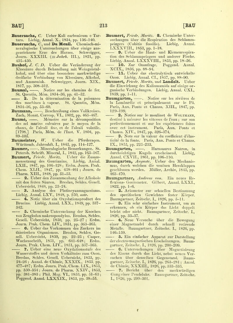 Bauer sachs, C. Ueber Kali carbonicum e Tar- tars Liebig, Annal. X., 1834, pp. 136-140. Bauersachs, C, und Du Menil. Chemisch-mi- neralogische Untersuchungen iiber einige aus- gezeichnete Erze des Harzes. Schweigger, Journ. XXXIII. {-Jahrb. III.), 1821, pp. 43-5-450. Bauhof, J. C. D. Ueber die Veranderung der Kleesaure durch Beliandlung mit Weingeistal- kohol, und iiber eine besondere merkwiirdige dreifache Verbindung von Kleesliure, Alkohol, und Ammoniak. Schweigger, Journ. XIX., 1817, pp. 308-312. Baumal, . Notice sur les chemins de fer. St. Quentin, Mem. 1834-36, pp. 41-52. 2. De la determination de la puissance des machines a vapeur. St. Quentin, Mem. 1834-36, pp. 53-60. Bauinann, . Beschreibung eines Vollkreises. Zaeh, Monat. Corresp. VI., 1802, pp. 465-467. Eaume, . Memoire sur la decomposition des sel marins calcaires par le moyen de la chaux, de l'alcali fixe, et de l'alcali volatile. [1798.] Paris, Mem. de l'lnst. V. 1804, pp. 89-105. Baumeister, W. Ueber die Pferderagen. Wiirttemb. Jahreshft. I., 1845, pp. 114-127. Baumer, . Mineralogische Bemerkungen. St. Petersb. Schrift. Mineral, I., 1842, pp. 163-167. Baumert, Friedr. Moritz. Ueber die Zusam- mensetzung des Gentianins. Liebig, Annal. LXIL, 1847, pp. 106-128; Erdm. Journ. Prak. Chem. XLII., 1847, pp. 458-461 ; Journ. de Pharm. XIII., 1848, pp. 51-53. 2. Ueber den Zusammenhang der Alkohole mit den fetten Siiuren. Breslau, Schles. Gesell. Uebersicht, 1848, pp. 23-24. 3. Analyse des Platincyanmagnesiums. Liebig, Annal. LXV.. 1848, p. 250, note* 4. Notiz iiber ein Qxydationsproduct des Brucins. Liebig, Annal. LXX., 1849, pp. 337- 342. 5. Chemische Untersuchung der Knochen von Zeuglodon makrospondylus. Breslau, Schles. Gesell. Uebersicht, 1850, pp. 25-27 ; Erdm. Journ. Prak. Chem. LIV., 1851, pp. 363-365. 6. Ueber das Vorkommen des Zuckers im thierischen Organismus. Breslau, Schles. Ge- sell. Uebersicht, 1850, pp. 22-25 ; Casper, Wochenschrift, 1851, pp. 641-648; Erdm. Journ. Prak. Chem. LIV., 1851, pp. 357-363. ■ 7. Ueber eine neue Oxydationsstufe des Wasserstoffes und deren Verhiiltniss zum Ozon. Breslau, Schles. Gesell. Uebersicht, 1853, pp. 24-26 ; Annal. de Chimie, XXXIX., 1853. pp. 477-487; Erdm. Journ. Prak. Chem. LIX, 1853, pp. 350-354; Journ. de Pharm. XXIV, 1853, pp. 381-383 ; Phil. Mag. VI., 1853, pp. 51-63; Poggend. Annal. LXXXIX, 1853, pp. 38-55. Baumert, Friedr. Moritz. 8. Chemische Unter- suchungen iiber die Respiration des Schlamm- peizgers (Cobitis fossilis). Liebig, Annal. LXXXVIII., 1853, pp. 1-18. 9. Ueber die Haut- und Kiemenrespira- tion des Schlammpeizgers und anderer Fische. Liebig, Annal. LXXXVIII., 1853, pp. 18-56. 10. Zur Ozonfrage. Poggend. Annal. XCIX., 1856, pp. 88-94. 11. Ueber das electrolytisch entwickelte Ozon. Liebig, Annal. CI., 1857, pp. 88-90. Ba^Biertj Friedr. Moritz, und Eandolt. Ueber die Einwirkung des Kaliumamids auf einige or- ganische Verbindungen. Liebig, Annal. CXI., 1859, pp. 1-11. Baumgarten, . Notice sur les rivieres de la Lombardie et principalement sur le P6. Paris, Ann. Ponts et Chauss. XIII., 1847, pp. 129-199. 2. Notice sur le moulinet de Woltmann, destine a mesurer les vitesses de l'eau; sur son perfectionnement et sur les experiences faites avec cet instrument. Paris, Ann. Ponts et Chauss. XIV., 1847, pp. 326-374. 3. Note sur la valeur du coefficient d'elas- ticite de la f'onte. Paris, Ann. Ponts et Chauss. IX., 1855, pp. 225-233. Baumgarten, . Harnsaures Natron, in durchsicbtigen Kugeln erscheinend. Liebig, Annal. CXVIL, 1861. pp. 106-110. Baramgartem, Auguste. Ueber den Mechanis- mus, durch welchen die venosen Herzklappen geschlossen werden. Miiller, Archiv, 1843, pp. 463-470. Baumgartner, Andreas von. Ein neues Re- flexions- Goniometer. Gilbert. Annal. LXXL, 1822, pp. 1-6. 2. Araometer zur schnellen Bestimmung des specifischen Gewichtes fester Korper. Baumgartner, Zeitschr. I., 1826, pp. 5-11. 3. Ein sehr einfaches Instrument, um zu erkennen, ob ein Korper das Licht doppelt bricht oder nicht. Baumgartner, Zeitschr. I., 1826, pp. 33-37. 4. Neue Versuche iiber die Bewegunfr einer Magnetnadel durch schnell rotirende Metalle. Baumgartner, Zeitschr. I., 1826, pp. 146-159. 5. Ein einfacher Apparat zur Darstellung der electro-magnetischen Erscheinungen. Baum- gartner, Zeitschr. I., 1826, pp. 200-209. 6. Untersuchungen iiber Magnetisirung des Eisens durch das Licht, nebst neuen Ver- suchen iiber denselben Gegenstand. Baum- gartner, Zeitschr. I., 1826, pp. 263-281 ; Annal. de Chimie, XXXIII., 1826, pp. 333-335. 7. Bericht iiber den merkwiirdigen Gang einer Pendeluhr. Baumgartner, Zeitschr. 1., 1S26, pp. 299-301.