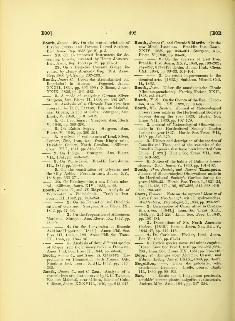 Booth, James. 27. On the mutual relations of Inverse Curves and Inverse Curved Surfaces. Brit. Assoc. Rep. 1858 (pt. 2), p. 3. 28. On an improved Instrument for de- scribing Spirals, invented by Henry Johnson. Brit. Assoc. Rep. 1860 (pt. 2), pp. 60-61. 29. On a Deep-Sea Pressure Gauge, in- vented by Henry Johnson, Esq. Brit. Assoc. Rep. 1860 (pt. 2), pp. 202-203. Booth, James C. Ueber das Arseniknickel von Riegelsdorf in Hessen. Poggend. Annal. XXXII., 1834, pp. 395-399; Silliman, Journ. XXIX., 1836, pp. 241-243. 2. A mode of analysing German Silver. Sturgeon, Ann. Electr. II., 1838, pp. 396-397. 3. Analysis of a Chromic Iron Ore first observed by R. C. Taylor, Esq., at Mahobal, near Gibara, Island of Cuba. Sturgeon, Ann. Electr. V., 1840, pp. 311-312. 4. On Beet Sugar. Sturgeon, Ann. Electr. V., 1840, pp. 388-390. —— S. On Raisin Sugar. Sturgeon, Ann. Electr. V., 1840, pp. 390-391. ■ 6. Analysis of various ores of Lead, Silver, Copper, Zinc, Iron, &c, from King's mine, Davidson County, North Carolina. Silliman, Journ. XLL, 1841, pp. 348-352. ■ 7. On Indigo. Sturgeon, Ann. Electr. VII., 1841, pp. 440-452. 8. On White Lead. Franklin Inst. Journ. III., 1842, pp. 30-44. 9. On the constitution of Glycerin and the Oily Acids. Franklin Inst. Journ. XV., 1848, pp. 365-371. 10. On Remingtonite, a new Cobalt mine- ral. Silliman, Journ. XIV., 1852, p. 48. Booth, James C, and H. Boye. Analysis of Well-water in Philadelphia. Franklin Inst. Journ. III., 1842, pp. 249-250. 2. On the Extraction and Decolori- zation of Gelatine. Sturgeon, Ann. Electr. IX., 1842, pp. 47-48. . 3. On the Preparation of Aluminous Mordants. Sturgeon, Ann. Electr. IX., 1842, pp. 48-49. 4. On the Conversion of Benzoic Acid into Hippuric. [1843.] Amer. Phil. Soc. Proc. III., 1843, p. 129; Amer. Phil. Soc. Trans. IX., 1846, pp. 185-190. 5. Analysis of three different species of felspar from the primary rocks in Delaware. Amer. Phil. Soc. Proc. II., 1844, pp. 53-56. Booth, James C, and Thos. II. Garrett. Ex- periments on Illumination with Mineral Oils. Franklin Inst. Journ. XLIIL, 1862, pp. 373- 380. Booth, James C, and C. Lea. Analysis of a chromic iron ore, first observed by R. C. Taylor, Esq., at Mahobal, near Gibara, Island of Cuba. Silliman, Journ. XXXVIII., 1840, pp. 243-245. Booth, James C, and Camphell Morfit. On the new Metal, Latanium. Franklin Inst. Journ. XXIV., 1839, pp. 363-364; Sturgeon, Ann. Electr. V., 1840, pp. 34-36. 2. On the analysis of Cast Iron. Franklin Inst. Journ. XXV., 1853, pp. 193-202; 247-257,317-319; Erdm. Journ. Prak. Chem. LXL, 1854, pp. 30-33, 101-104. • • 3. On recent improvements in the chemical arts. [1852.] Smithson. Miscell. Coll. II. , 1862. Booth, Jesse. Ueber die amerikanische Cicade (Cicada septemdecim). Froriep, Notizen, XXII., 1828, col. 84-87. Booth, T. S. On the Cornea of the Eye. Thom- son, Ann. Phil. XV., 1820, pp. 30-31. Booth, Wm. Seattle. Journal of Meteorological Observations made in the Horticultural Society's Garden during the year 1826. Hortic. Soc. Trans. VII., 1830, pp. 102-129. 2. Journal of Meteorological Observations made in the Horticultural Society's Garden during the year 1827. Hortic. Soc. Trans. VII., 1830, pp. 346-372. 3. History and description of the species of Camellia and Thea; and of the varieties of the Camellia Japonica that have been imported from China. [1829.] Hortic. Soc. Trans. VII., 1830, pp. 519-562. 4. Notice of the habits of Bulimus hsema- stomus. Zool. Journ. V., 1830, pp. 101-102. Booth, Wm. Beattie, and Robert Thompson. Journal of Meteorological Observations made in the Horticultural Society's Garden during the years 1828^33. Hortic. Soc. Trans. I., 1831-35, pp. 111-136, 171-196, 297-322, 343-368, 419- 444, 483-508. Boott, Francis. Note on the supposed identity of Carex fulva, Goodenougli, with C. speirostachya, Wahlenberg. Phytologist, I., 1844, pp. 924-927. 2. On a species of Carex allied to C. saxa- tilis, Linn. [1843.] Linn. Soc. Trans. XIX., 1845, pp. 215-220 ; Linn. Soc. Proc. I., 1849, pp. 180-181. 3. Descriptions of Six North American Carices. [1842.] Boston, Journ. Nat. Hist. V., 1845-47, pp. 112-115. 4. De Caricibus. Hooker, Lond. Journ. Bot. V., 1846, pp. 67-74. 5. Caricis species nova? vel minus cognitae. [1845.] Linn. Soc.Proc.I.,1849,pp. 254-261,284- 288; Linn. Soc. Trans. XX., 1851, pp. 115-148. Bopp, F. Einiges tiber Albumin, Casein, und Fibrin. Liebig, Annal. LXIX., 1849, pp. 16-37. Boquillon, . Ueber die gebohrten oder artesischen Brunnen. Crelle, Journ. Bauk. III. , 1830, pp. 88-103. Bor, . Essais sur le Polygonum persicaria, considere comme plante indigofere et tinctoriale. Amiens, Mem. Acad. 1841, pp. 347-354.