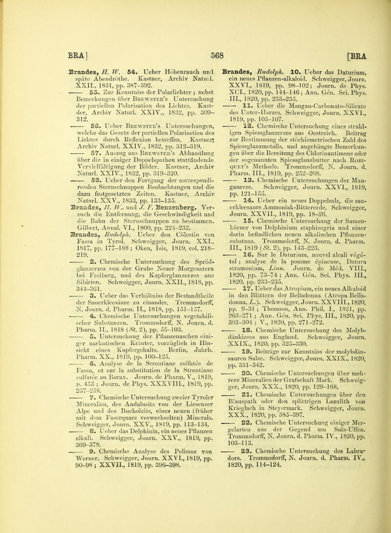 Bramdes, H. W. 54. Ueber Hohenrauch un 1 spate Abendrothe. Kastner, Archiv Naturl. der partiellen Polarisation des Lichtes. Kast- 312. ■ 56. Ueber Breavster's Untersuchungen, Avelche das Gesetz der partiellen Polarisation des Lichtes durch Reflexion betreflen. Kastnei* ■ 57. Auszug aus Breavster's Abhandlung iiber die in einiger Doppelspathen stattfindende VerATielialtigun2,- der Bilder. Kastner, Archiv _ 58. Ueber den Fortgang der correspondi- renden Sternschnuppen Beobachtungen und die dazu festgesetzten Zeiten. Kastner, Archiv Naturl. XXV, 1833, pp. 133-135. Bi-a:ades, II. und J. F. Eemzenberg. Ver- such die Entfernung, die Geschwindigkeit und die Bahn der Sternschnuppen zu bestimmen. Bramdes, Rudolph. Ueber den Colestin Aron 219. 2. Chernische Untersuchung des Sprod- glanzerzes von der Grube Neuer Morgenstern bei Freibenr, und des Kupferglanzerzes aus Sibirien. ScliAveigger, Journ. XXII., 1818, pp. 344-361. 3. Ueber das Verhiiltniss der Bestandtheile der Sauerkleesiiure zu einander. TrommsdorfF, N. Journ. d. Pharml II., 1818, pp. 151-157. —— 4. Chernische Untersuchungen vegetabili- Pharm. II., 1818 (St. 2), pp. 55-103. 5. Untersuchung der Pflanzenaschen eini- ger narkotischen Krauter, yorziiglich in Ilin- sicht eines Kupfergehalts. Berlin, Jahrb. Pharm. XX., 1819, pp. 100-125. ■ 6. Analyse de la Strontiane sulfatee de Fassa, et sur la substitution de la Strontiane sulfatee an Borax. Journ. de Pharm. V., 1819, p. 453 ; Journ. de Phys. XXXVIII., 1819, pp. 257-258. ■ 7. Chernische Untersuchung zweier Tyroler Mineralien, des Audalusits von der Liesenzer Alpe und des Bucholzits, einea neuen (friiher mit dem Faserquarz A'erAvechselten) Minerals. Schweigger, Journ. XXV, 1819, pp. 113-134. 8. Ueber das Delphinin, ein neues Pflanzen alkali. ScliAveigger, Journ. XXV., 1819, pp. 369-378. —— 9. Chernische Analyse des Pelioms von Werner. Schweigger, Journ. XXVI., 1819, pp. Brandes, Rudolph. 10. Ueber das Daturium, ein neues Pflanzen-alkaloid. ScliAveigger, Journ. 11. Ueber die Mangan-Carbonato-Silicate 1819, pp. 103-107. 12. Chernische Untersuchung eines strahl- igen Spiessglanzerzes aus Oestreich. Beitrag zur Bestimmung der stochiometrischen Zahl des gen iiber die Bereitung des Chlorinantimons oder der sogenannten Spiessglanzbutter nach Robi- quet's Methode. TrommsdorfF, N. Journ. d. 13. Chernische Untersuchungen der Man- ganerze. ScliAveigger, Journ. XXVL, 1819, pp. 121-155. 14. Ueber ein neues Doppelsalz, die sau- erkleesaure Ammoniak-Bittererde. ScliAveigger, Journ. XXVIL, 1819, pp. 18-26. 15. Chernische Untersuchung der Samen- darin befindlichen neuen alkalischen Pflanzen- 18. Sur le Daturium, nouvel alcali vege- tal ; analyse de la pomme epineuse, Datura stramonium, Linn. Journ. de Med. VIII., 1820, pp. 73-74 ; Ann. Gen. Sci. Phys. III., 1820, pp. 233-235.' 17. Ueber das Atropium. ein neues Alkaloid in den Bliittern der Belladonna (Atropa Bella- donna. L.). Schweigger, Journ. XXVIII., 1820, pp. 9-31 ; Thomson, Ann. Phil. L, 1821, pp. 263-271 ; Ann. Gen. Sci. Phys. III., 1820, pp. ■ 18. Chernische Untersuchung des Molyb- diinkieses aus England. Schweigger, Journ. XXIX. , 1820, pp. 325-330. ■ 19. Beitriige zur Kenntniss der molybdiin- saureu Salze. Schweigger, Journ. XXIX., 1820, pp. 331-342. ■ 20. Chernische Untersuchungen iiber meh- rere Mineralien der Grat'schaft Mark. Schweig- ger, Journ. XXX., 1820, pp. 129-168. 21. Chernische Untersuchungen iiber den Blauspath oder den splittrigen Lazulith von Krieglach in Steyermark. Schweigger, Journ. XXX. , 1820, pp. 385-397. 22. Chernische Untersuchung einiger Mer- gelarten aus der Gegend um Salz-Ulfen. Tronimsdorff', N. Journ. d. Pharm. IV., 1820, pp. 103-113. ■ 23. Chernische Untersuchung des Labra- dors. TrommsdortF, N. Journ. d. Pharm. IV.,