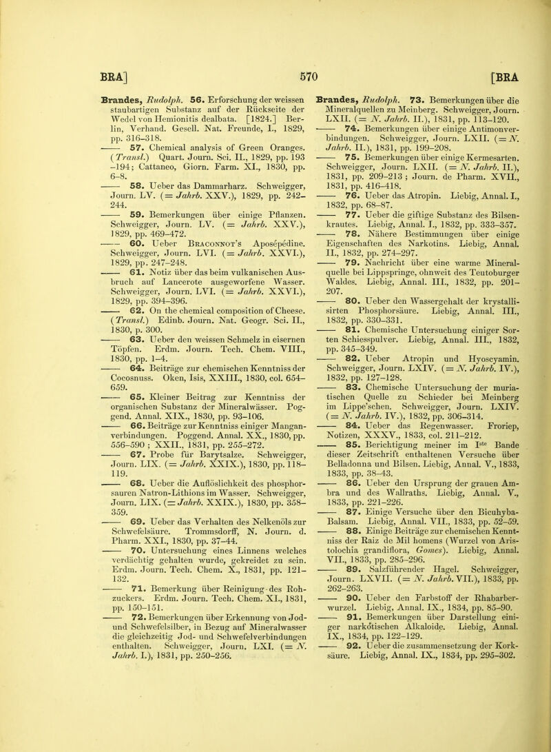 Brandes, Rudolph. 56. Erforschung der weissen staubartigen Substanz auf der Riickseite der Wedel von Hemionitis dealbata. [1824.] Ber- lin, Verhand. Gesell. Nat. Freunde, I., 1829, pp. 316-318. ■ 57. Chemical analysis of Green Oranges. {Transl.) Quart. Journ. Sci. II., 1829, pp. 193 -194; Cattaneo, Giorn. Farm. XL, 1830, pp. 6-8. 58. Ueber das Dammarharz. Schweigger, Journ. LV. (= Jahrb. XXV.), 1829, pp. 242- 244. 59. Bemerkungen iiber einige Pflanzen. Schweigger, Journ. LV. (= Jahrb. XXV.), 1829, pp. 469-472. ■ 60. Ueber Braconnot's Aposepedine. Schweigger, Journ. LVI. (= Jahrb. XXVI.), 1829, pp.247-248. 61. Notiz iiber dasbeim vulkanischen Aus- bruch auf Lancerote ausgeworfene Wasser. Schweigger, Journ. LVI. (= Jahrb. XXVI.), 1829, pp. 394-396. 62. On the chemical composition of Cheese. (Transl.') Edinb. Journ. Nat. Geogr. Sci. II., 1830, p. 300. ——■ 63. Ueber den weissen Schmelz in eisernen Topfen. Erdm. Journ. Tech. Chem. VIII., 1830, pp. 1-4. 64. Beitrage zur chemischen Kenntniss der Cocosnuss. Oken, Isis, XXIII., 1830, col. 654- 659. 65. Kleiner Beitrag zur Kenntniss der organischen Substanz der Mineralwasser. Pog- gend. Annal. XIX., 1830, pp. 93-106. 66. Beitrage zur Kenntniss einiger Mangan- verbindungen. Poggend. Annal. XX., 1830, pp. 556-590 ; XXII., 1831, pp. 255-272. 67. Probe fur Barytsalze. Schweigger, Journ. LIX. (= Jahrb. XXIX.), 1830, pp. 118- 119. 68. Ueber die Aufloslichkeit des phosphor- sauren Natron-Lithions im Wasser. Schweigger, Journ. LIX. {—Jahrb. XXIX.), 1830, pp. 358- 359. 69. Ueber das Verhalten des Nelkenols zur Schwefelsaure. Trommsdorff, N. Journ. d. Pharm. XXL, 1830, pp. 37-44. 70. Untersuchung eines Linnens welches verdiichtig gehalten wurde, gekreidet zu sein. Erdm. Journ. Tech. Chem. X., 1831, pp. 121- 132. 71. Bemerkung iiber Reinigung - des Roh- zuckers. Erdm. Journ. Tech. Chem. XL, 1831, pp. 150-151. 72. Bemerkungen iiber Erkennung von Jod- und Schwefelsilber, in Bezug auf Mineralwasser die gleichzeitig Jod- und Schwefelverbindungen enthalten. Schweigger, Journ. LXI. (= N. Jahrb. I.), 1831, pp. 250-256. Brandes, Rudolph. 73. Bemerkungen iiber die Mineralquellen zu Meinberg. Schweigger, Journ. LXII. (= N. Jahrb. II.), 1831, pp. 113-120. 74. Bemerkungen iiber einige Antimonver- bindungen. Schweigger, Journ. LXII. (=iV Jahrb. II.), 1831, pp.' 199-208. 75. Bemerkungen iiber einige Kermesarten. Schweigger, Journ. LXII. (= N. Jahrb. II.), 1831, pp. 209-213 ; Journ. de Pharm. XVII., 1831, pp. 416-418. 76. Ueber das Atropin. Liebig, Annal. I., 1832, pp. 68-87. 77. Ueber die giftige Substanz des Bilsen- krautes. Liebig, Annal. I., 1832, pp. 333-357. 78. Nahere Bestimmungen iiber einige Eigenschaften des Narkotins. Liebig, Annal. II., 1832, pp. 274-297. 79. Nachricht iiber eine warme Mineral- quelle bei Lippspringe, ohnweit des Teutoburger Waldes. Liebig, Annal. III., 1832, pp. 201- 207. 80. Ueber den Wassergehalt der krystalli- sirten Phosphorsaure. Liebig, Annal. III., 1832, pp. 330-331. 81. Chemische Untersuchung einiger Sor- ten Schiesspulver. Liebig, Annal. III., 1832, pp. 345-349. 82. Ueber Atropin und Hyoscyamin. Schweigger, Journ. LXIV. (= N. Jahrb. IV.), 1832, pp. 127-128. 83. Chemische Untersuchung der muria- tischen Quelle zu Schieder bei Meinberg im Lippe'schen. Schweigger, Journ. LXIV. (= N. Jahrb. IV.), 1832, pp. 306-314. 84. Ueber das Regenwasser. Froriep, Notizen, XXXV, 1833, col. 211-212. 85. Berichtigung meiner im Iste Bande dieser Zeitschrift enthaltenen Versuche iiber Belladonna und Bilsen. Liebig, Annal. V., 1833, 1833, pp. 38-43. 86. Ueber den Ursprung der grauen Am- bra und des Wallraths. Liebig, Annal. V., 1833, pp. 221-226. 87. Einige Versuche iiber den Bicuhyba- Balsam. Liebig, Annal. VII., 1833, pp. 52-59. 88. Einige Beitrage zur chemischen Kennt- niss der Raiz de Mil homens (Wurzel von Aris- tolochia grandiflora, Gomes). Liebig, Annal. VII., 1833, pp. 285-296. ■ 89. Salzfiihrender Hagel. Schweigger, Journ. LXVII. (= N. Jahrb.VTl.), 1833, pp. 262-263. 90. Ueber den Farbstoff der Rhabarber- wurzel. Liebig, Annal. IX., 1834, pp. 85-90. 91. Bemerkungen iiber Darstellung eini- ger narkdtischen Alkaloide. Liebig, Annal. IX., 1834, pp. 122-129. 92. Ueber die zusammensetzung der Kork- saure. Liebig, Annal. IX., 1834, pp. 295-302.