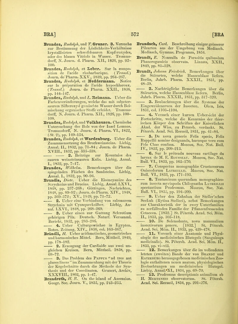 Brandes, Rudolph, und T. Gruner. 3. Versuche zur Bestimmung der Loslichkeits-Verhaltnisse krystallisirten schwefelsauren Kupferoxydes, oder des blauen Vitriols in Wasser. Trornms- dorff, N. Journ. d. Pharm. XII., 1826, pp. 92- 100. Brandes, Rudolph, et Leber. Sur la compo- sition de l'acide rhubarbarique. (Transl.) Journ. de'Pharm. XXV., 1839, pp. 264-267. Brandes, Rudolph, et Heddermann. Notice sur la preparation de l'acide hypochloreux. (Transl.) Journ. de Pharm. XXlL, 1836, pp. 144-147. Brandes, Rudolph, und L. ILeimann. Ueber die Fai'benveriinderungen, welche das mit salpeter- saurem Silberoxyd gemischte Wasser durch Bei- mischung organischer Stoffe erleidet. Tromms- dorff, N. Journ. d. Pharm. XII., 1826, pp. 100- 108. Brandes, Rudolph, und Volkhausen. Chemische Untersuchung des Bols von der Insel Lemnos. Trommsdorff, N. Journ. d. Pharm. VI., 1822, (St. 2), pp. 149-154. Brandes, Rudolph, et Wardenburg. Ueber die Zusammensetzung des Brechweinsteins. Liebig, Annal. II, 1832, pp. 71-84; Journ. de Pharm. XVIIL, 1832, pp. 535-538. 2. Beitrage zur Kenntniss des sauren weinsteinsauren Kalis. Liebig, Annal. I., 1832, pp. 7-17. Brandes, Wilhelm. Bemerkungen iiber die spiegelnden Flachen des Sandsteins. Liebig, Annal. 1., 1832, pp. 90-94. Brandis, Dietr. Ueber die Eisencyaniire des Strychnins und Brucins. Liebig, Annal. LXVT., 1848, pp. 257-268; Gottingen, Nachrichten, 1848, pp. 89-92 ; Journ. de Pharm. XIV, 1848, pp. 369-372; XV, 1849, pp. 71-72. 2. Ueber eine Verbindung von salzsaurem Strychnin mit Cyanquecksilber. Liebig, An- nal. LXVL, 1848, pp. 268-269. 3. Ueber einen zur Gattung Sclerotium gehorigen Pilz. Deutsch. Natoi. Versamml. Bericht, 1852, pp. 283-286. 4. Ueber Culturgewiichse in Egypten. Botan. Zeitung, XIV, 1856, col. 163-167. Brandli, Ueber arithmctisches, geometrisches und harmonisches Mittel. Bern, Mittheil. 1849, pp. 178-182. 2. Erzeugung der Cardioide aus zwei un- gleichen Kreisen. Bern, Mittheil. 1858, pp. 68-72. 3. Das Problem des Pappus ad tres aut plures lineas  im Zusammenhang mit der Theorie der Kegelschnitte durch die Methode der Syn- thesis und der Coordinaten. Grunert, Arcliiv, XXXVIII., 1862, pp. 1-47. Brandreth, II. R. On the island of Ascension. Geogr. Soc. Journ. V., 1835, pp. 213-255. Brandsch, Carl. Beschreibung einiger grosserer Pilzarten aus der Umgebung von Mediasch. Mediasch, Gymnas. Programm, 1854. Brandt, E. Nonnulla de Parasitis quibusdam Phanerogamicis observata. Linnsea, XXII., 1849, pp. 81-128. Brandt, Johann Friedrich. Bemerkungen iiber die Storarten, welche Hausenblase liefern. Berlin, Jahrb. Pharm. XXXII., 1831, pp. 48-59. 2. Nachtragliche Bemerkungen iiber die Storarten, welche Hausenblase liefern. Berlin, Jahrb. Pharm. XXXIL, 1831, pp. 317-320. ■ 3. Beobachtnngen iiber die Systeme der Eingeweidenerven der Insecten. Oken, Isis, 1831, col. 1103-1104. 4. Versuch einer kurzen Uebersicht der Fortschritte, welche die Kenntniss der thier- ischen Korper den Schriften der Kaiserlichen Akad. der Wiss. zu Petersb. verdankt. St. Petersb. Acad. Sci. Recueil, 1831, pp. 41-84. 5. De nova generis Felis specie, Felis Ruppellii nomine designanda, hucusque vero cum Fele Chao confusa. Moscou, Soc. Nat. Bull. IV, 1832, pp. 209-213. 6. Sur le pretendu nouveau cartilage du larynx de M. E. Rousseau. Moscou, Soc. Nat. Bull. VI., 1833, pp. 165-170. 7. Conspectus monographias Crustaceorum Oniscodorum Latreillii. Moscou, Soc. Nat. Bull. VI., 1833, pp. 171-193. ■ 8. Tentaminum quorundam monographico- rum insecta myriapoda Chilognatba Latreillii spectantium Prodromus. Moscou, Soc. Nat. Bull. VI., 1833, pp. 194-209. ——■ 9. Ueber den Zahnbau der Steller'schen Seekuh (Rytina Stelleri), nebst Bemerkungen zur Charakteristik der in zv,rey Lnterfamilien zu zerfallenden Familie der Pflanzenfressenden Cetaceen. [1832.] St. Petersb. Acad. Sci. Mem. II., 1833, pp. 103-118. 10. De Solenodonte, novo mammalium insectivorum genere. [1832.] St. Petersb. Acad. Sci. Mem. II., 1833, pp. 459-478. 11. Versuch einer Anatomie und Physi- ologic des medizinischen Blutegels (Sanguisnga medicinalis). St. Petersb. Acad. Sci. Mem. II., 1833, pp. vi—viii. 12. Bemerkungen iiber die im vollendeten letzten (zweiten) Bande der von Brandt und Ratzeburg herausgegebenen medicinischen Zoo- logie enthaltenen neuen anatom. physiologischen Beobachtungen am medicinischen Blutegel. Liebig, Annal.'XI, 1834, pp. 69-70. 13. Prodromus descriptions animalium ab H. Mertensio observatorum. St. Petersb. Acad. Sci. Recueil, 1834, pp. 201-276.