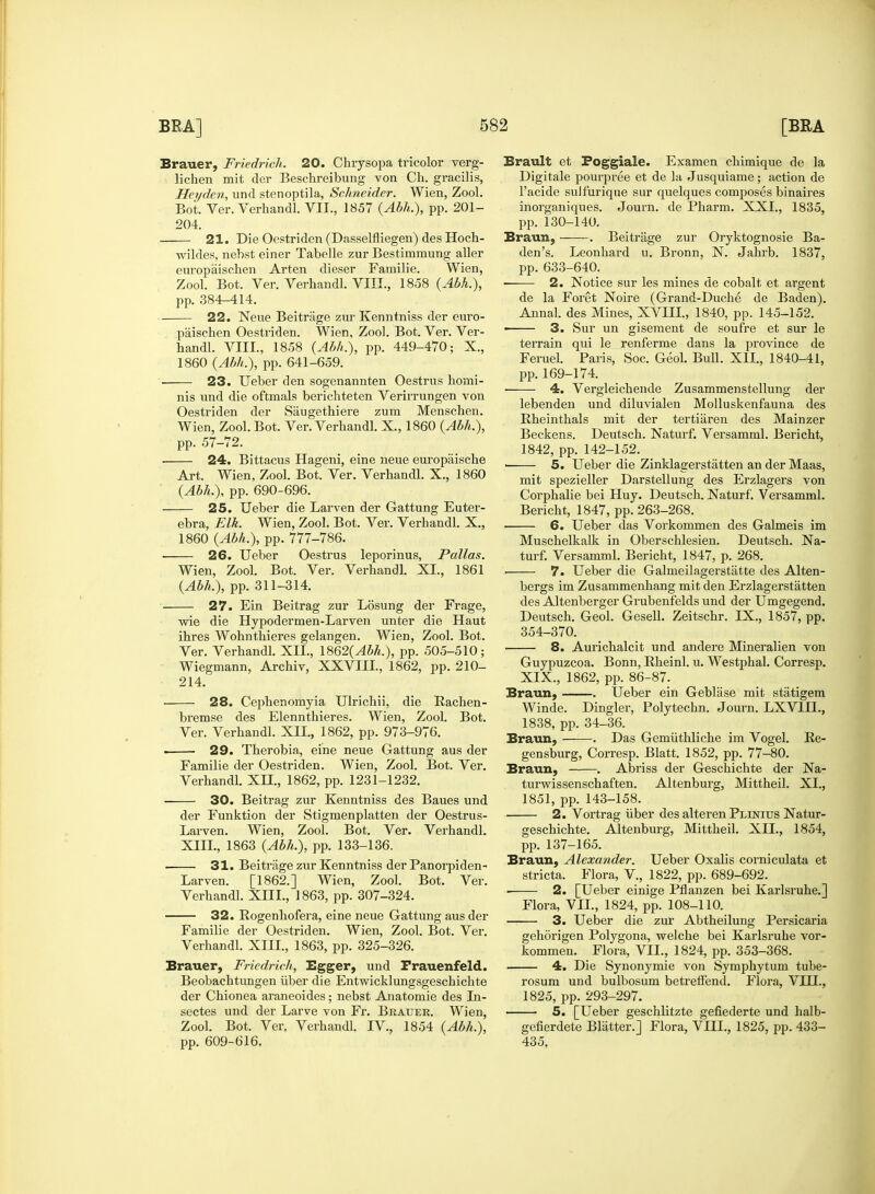 Brauer, Friedrich. 20. Chrysopa tricolor verg- lichen mit der Beschreibung von Ch. gracilis, Heydcn, und stenoptila, Schneider. Wien, Zool. Bot. Ver. Verhandl. VII., 1857 (Abh.), pp. 201- 204. 21. Die Oestriden (Dasselfliegen) des Hoch- wildes, nebst einer Tabelle zur Bestimmung aller europaischen Arten dieser Familie. Wien, Zool. Bot. Ver. Verhandl. VIII., 1858 (Abh.), pp. 384-414. 22. Neue Beitrage zur Kenntniss der euro- paischen Oestriden. Wien, Zool. Bot. Ver. Ver- handl. VIII., 1858 (Abh.), pp. 449-470; X., 1860 (Abh.), pp. 641-659. 23. Ueber den sogenannten Oestrus homi- nis und die oftmals berichteten Verirrungen von Oestriden der Saugethiere zum Menschen. Wien, Zool. Bot. Ver. Verhandl. X., 1860 (Abh.), pp. 57-72. ■ 24. Bittacus Hageni, eine neue europaische Art. Wien, Zool. Bot. Ver. Verhandl. X., 1860 (Abh.), pp. 690-696. 25. Ueber die Larven der Gattung Euter- ebra, Elk. Wien, Zool. Bot. Ver. Verhandl. X., 1860 (Abh.), pp. 777-786. 26. Ueber Oestrus leporinus, Pallas. Wien, Zool. Bot. Ver. Verhandl. XI., 1861 (Abh.), pp. 311-314. 27. Ein Beitrag zur Losung der Frage, wie die Hypodermen-Larven unter die Haut ihres Wohnthieres gelangen. Wien, Zool. Bot. Ver. Verhandl. XII., 1862(^4M.), pp. 505-510; Wiegmann, Archiv, XXVIII., 1862, pp. 210- 214. 28. Cephenomyia Ulrichii, die Rachen- bremse des Elennthieres. Wien, Zool. Bot. Ver. Verhandl. XII., 1862, pp. 973-976. . 29. Therobia, eine neue Gattung aus der Familie der Oestriden. Wien, Zool. Bot. Ver. Verhandl. XII., 1862, pp. 1231-1232. 30. Beitrag zur Kenntniss des Baues und der Funktion der Stigmenplatten der Oestrus- Larven. Wien, Zool. Bot. Ver. Verhandl. XIII., 1863 (Abh.), pp. 133-136. ■ 31. Beitrage zur Kenntniss der Panorpiden- Larven. [1862.] Wien, Zool. Bot. Ver. Verhandl. XIII., 1863, pp. 307-324. 32. Rogenhofera, eine neue Gattung aus der Familie der Oestriden. Wien, Zool. Bot. Ver. Verhandl. XIII., 1863, pp. 325-326. Brauer, Friedrich, Egger, und Frauenfeld. Beobachtungen iiber die Entwicklungsgeschichte der Chionea araneoides; nebst Anatomie des In- sectes und der Larve von Fr. Brauer. Wien, Zool. Bot. Ver, Verhandl. IV, 1854 (Abh.), pp. 609-616. Brault et Foggiale. Examen chimique de la Digitale pourpree et de la Jusquiame; action de l'acide sulfurique sur quelques composes binaires inorganiques. Journ. de Pharm. XXI., 1835, pp. 130-140. Braun, . Beitrage zur Oryktognosie Ba- den's. Leonhard u. Bronn, N. Jahrb. 1837, pp. 633-640. —— 2. Notice sur les mines de cobalt et argent de la Foret Noire (Grand-Duche de Baden). Annal. des Mines, XVIII., 1840, pp. 145-152. ■ 3. Sur un gisement de soufre et sur le terrain qui le renferme dans la province de Feruel. Paris, Soc. Geol. Bull. XII., 1840-41, pp. 169-174. ■ 4. Vergleichende Zusammenstellung der lebenden und diluvialen Molluskenfauna des Rheinthals mit der tertiaren des Mainzer Beckens. Deutsch. Naturf. Versamml. Bericht, 1842, pp. 142-152. ■ 5. Ueber die Zinklagerstatten an der Maas, mit spezieller Darstellung des Erzlagers von Corphalie bei Huy. Deutsch. Naturf. Versamml. Bericht, 1847, pp. 263-268. 6. Ueber das Vorkommen des Galmeis im Muschelkalk in Oberschlesien. Deutsch. Na- turf. Versamml. Bericht, 1847, p. 268. 7. Ueber die Galmeilagerstatte des Alten- bergs im Zusammenhang mit den Erzlagerstatten des Altenberger Grubenfelds und der Umgegend. Deutsch. Geol. Gesell. Zeitschr. IX., 1857, pp. 354-370. 8. Aurichalcit und andere Mineralien von Guypuzcoa. Bonn, Rheinl. u. Westphal. Corresp. XIX., 1862, pp. 86-87. Braun, . Ueber ein Geblase mit stiitigem Winde. Dingier, Polytechn. Journ. LXV1IL, 1838, pp. 34-36. Braun, . Das Gemuthliche im Vogel. Ke- gensburg, Corresp. Blatt. 1852, pp. 77-80. Braun, . Abriss der Geschichte der Na- turwissenschaften. Altenburg, Mittheil. XL, 1851, pp. 143-158. . 2. Vortrag iiber des alteren Plinitjs Natur- geschichte. Altenburg, Mittheil. XII., 1854, pp. 137-165. Braun, Alexander. Ueber Oxalis corniculata et stricta. Flora, V., 1822, pp. 689-692. ■ 2. [Ueber einige Pflanzen bei Karlsruhe.] Flora, VII., 1824, pp. 108-110. 3. Ueber die zur Abtheilung Persicaria gehorigen Polygona, welche bei Karlsruhe vor- kommen. Flora, VII., 1824, pp. 353-368. 4. Die Synonymie von Symphytum tube- rosum und bulbosum betreffend. Flora, VLU., 1825, pp. 293-297. 5. [Ueber geschlitzte gefiederte und halb- gefierdete Blatter.] Flora, VIII., 1825, pp. 433- 435,
