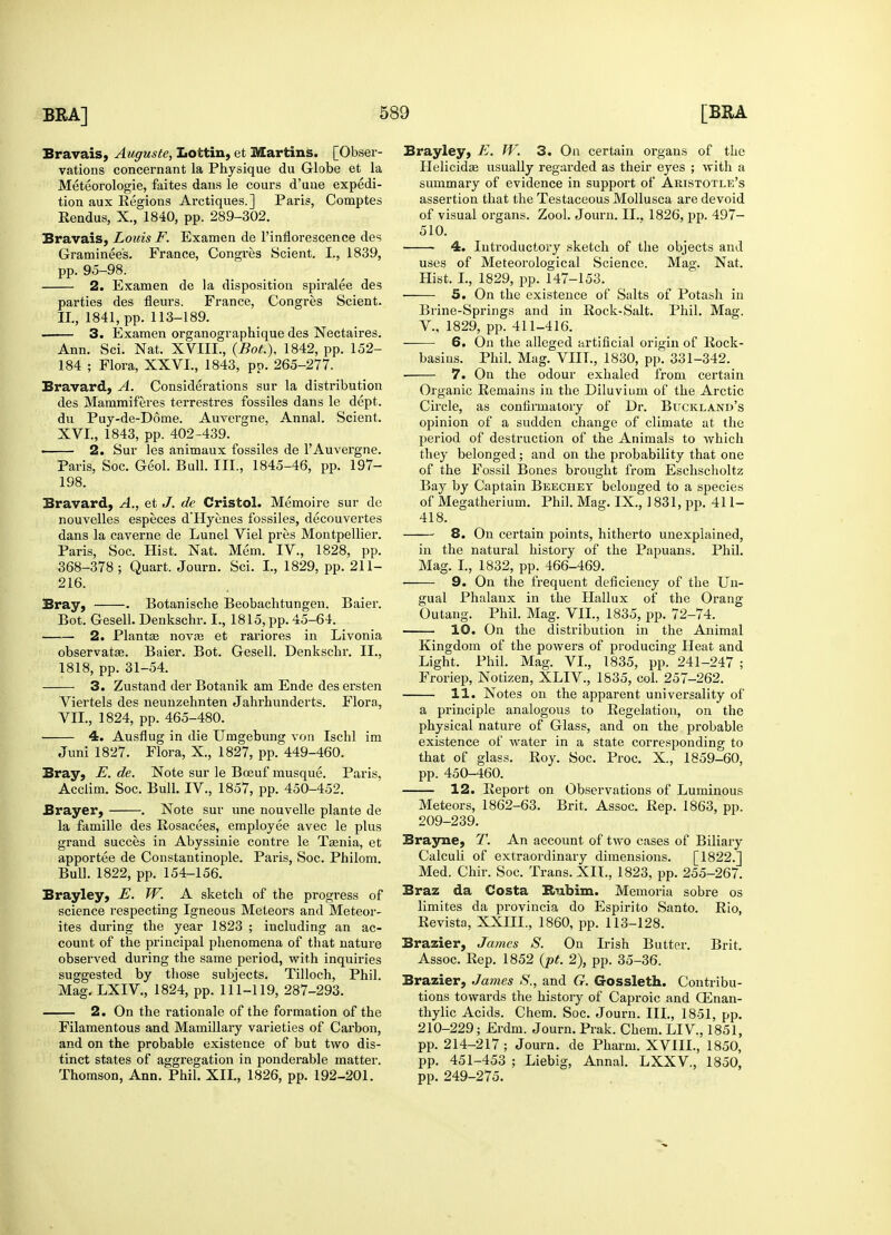 Bravais, Auguste, Lottin, et Martins. [Obser- vations concernant la Physique du Globe et la Meteorologie, faites dans le cours d'uue expedi- tion aux Regions Arctiques.] Paris, Comptes Rendus, X., 1840, pp. 289-302. Bravais, Louis F. Examen de l'inflorescence des Graminee's. France, Congres Scient. I., 1839, pp. 95-98. 2. Examen de la disposition spiralee des parties des fleurs. France, Congres Scient. II., 1841, pp. 113-189. 3. Examen organographique des Nectaires. Ann. Sci. Nat. XVIII., (Bot.), 1842, pp. 152- 184 ; Flora, XXVI., 1843, pp. 265-277. Bravard, A. Considerations sur la distribution des Mammiferes terrestres fossiles dans le dept. du Puy-de-D6me. Auvergne, Annal. Scient. XVI., 1843, pp. 402-439. ■ 2. Sur les animaux fossiles de 1'Auvergne. Paris, Soc. Geol. Bull. III., 1845-46, pp. 197- 198. Bravard, A., et J. de Cristol. Memoire sur de nouvelles especes d'Hyenes fossiles, decouvertes dans la caverne de Lunel Viel pres Montpellier. Paris, Soc. Hist. Nat. Mem. IV., 1828, pp. 368-378 ; Quart. Journ. Sci. I., 1829, pp. 211- 216. Bray, . Botanische Beobaclitungen. Baier. Bot. Gesell. Denkschr. I., 1815, pp. 45-64. . 2. Plantse novas et rariores in Livonia observatas. Baier. Bot. Gesell. Denkschr. II., 1818, pp. 31-54. 3. Zustand der Botanik am Ende des ersten Viertels des neunzehnten Jahrhunderts. Flora, VII., 1824, pp. 465-480. 4. Ausflug in die Umgebung von Ischl im Juni 1827. Flora, X., 1827, pp. 449-460. Bray, E. de. Note sur le Bceuf musque. Paris, Acclim. Soc. Bull. IV., 1857, pp. 450-452. Brayer, . Note sur une nouvelle plante de la famille des Rosacees, employee avec le plus grand succes in Abyssinie contre le Tasnia, et apportee de Constantinople. Paris, Soc. Philom. Bull. 1822, pp. 154-156. Brayley, E. W. A sketch of the progress of science respecting Igneous Meteors and Meteor- ites during the year 1823 ; including an ac- count of the principal phenomena of that nature observed during the same period, with inquiries suggested by those subjects. Tilloch, Phil. Mag. LXIV., 1824, pp. 111-119, 287-293. 2. On the rationale of the formation of the Filamentous and Mamillary varieties of Carbon, and on the probable existence of but two dis- tinct states of aggregation in ponderable matter. Thomson, Ann. Phil. XII., 1826, pp. 192-201. Brayley, E. W. 3. On certain organs of the Helicidae usually regarded as their eyes ; with a summary of evidence in support of Aristotle's assertion that the Testaceous Mollusca are devoid of visual organs. Zool. Journ. II., 1826, pp. 497- 510. 4. Introductory sketch of the objects and uses of Meteorological Science. Mag. Nat. Hist. I., 1829, pp. 147-153. 5. On the existence of Salts of Potash in Brine-Springs and in Rock-Salt. Phil. Mag. V., 1829, pp. 411-416. —— 6. On the alleged artificial origin of Rock- basins. Phil. Mag. VHL, 1830, pp. 331-342. 7. On the odour exhaled from certain Organic Remains in the Diluvium of the Arctic Circle, as confirmatory of Dr. Buckxand's opinion of a sudden change of climate at the period of destruction of the Animals to which they belonged; and on the probability that one of the Fossil Bones brought from Eschscholtz Bay by Captain Beechey belonged to a species of Megatherium. Phil. Mag. IX., 1831, pp. 411- 418. 8. On certain points, hitherto unexplained, in the natural history of the Papuans. Phil. Mag. I., 1832, pp. 466-469. 9. On the frequent deficiency of the Un- gual Phalanx in the Hallux of the Orang Outang. Phil. Mag. VII., 1835, pp. 72-74. 10. On the distribution in the Animal Kingdom of the powers of producing Heat and Light. Phil. Mag. VI., 1835, pp. 241-247 ; Froriep, Notizen, XLIV., 1835, col. 257-262. 11. Notes on the apparent universality of a principle analogous to Regelation, on the physical nature of Glass, and on the probable existence of water in a state corresponding to that of glass. Roy. Soc. Proc. X., 1859-60, pp. 450-460. 12. Report on Observations of Luminous Meteors, 1862-63. Brit. Assoc. Rep. 1863, pp. 209- 239. Brayne, T. An account of two cases of Biliary Calculi of extraordinary dimensions. [1822.] Med. Chir. Soc. Trans. XII., 1823, pp. 255-267. Braz da Costa B/uhim. Memoria sobre os limites da provincia do Espirito Santo. Rio, Revista, XXIII., 1860, pp. 113-128. Brazier, James S. On Irish Butter. Brit. Assoc. Rep. 1852 (pt. 2), pp. 35-36. Brazier, James S., and G. Gossleth. Contribu- tions towards the history of Caproic and (Enan- thylic Acids. Chem. Soc. Journ. III., 1851, pp. 210- 229; Erdm. Journ. Prak. Chem. LIV., 1851, pp. 214-217; Journ. de Pharm. XVIII., 1850, pp. 451-453 ; Liebig, Annal. LXXV., 1850, pp. 249-275.