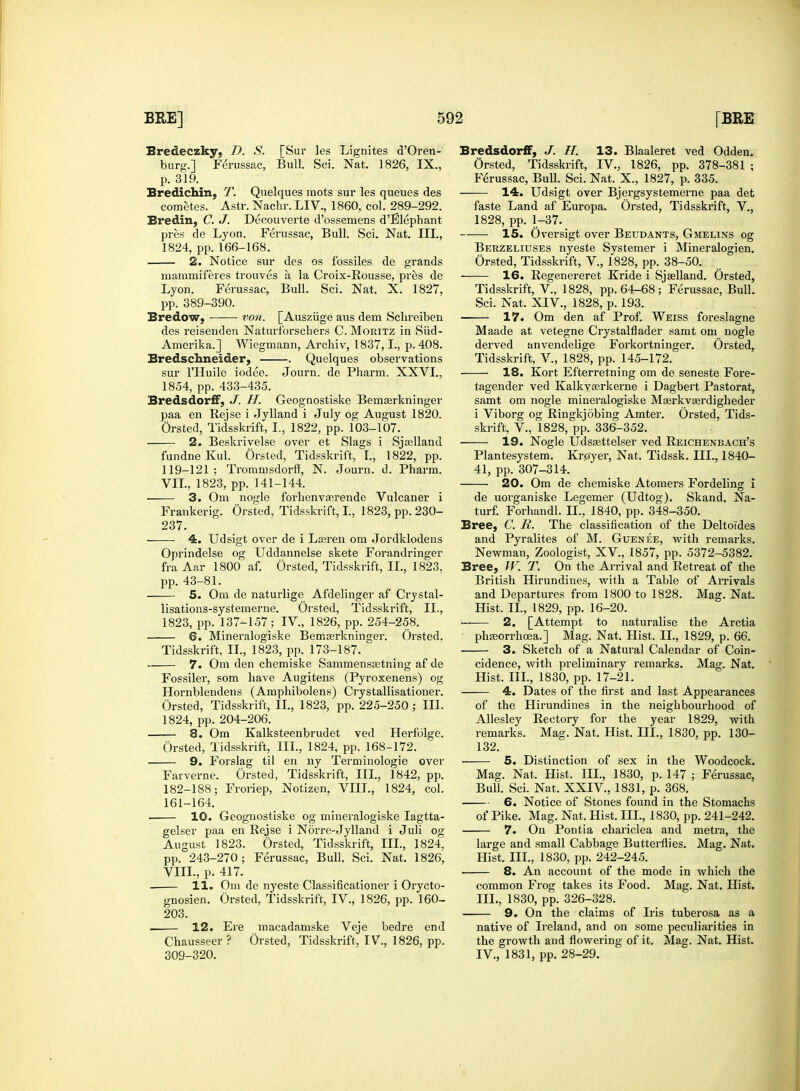Bredeczky, D. S. [Sur les Lignites d'Oren- burg.] Ferussac, Bull. Sci. Nat. 1826, IX., p. 319. Bredichin, T. Quelques mots sur les queues des cometes. Astr. Nachr. LIV., 1860, col. 289-292. Bredin, C. J. Decouverte d'ossemens d'Elephant pres de Lyon. Ferussac, Bull. Sci. Nat. III., 1824, pp.166-168. 2. Notice sur des os f'ossiles de grands mammiferes trouves a la Croix-Rousse, pres de Lyon. Ferussac, Bull. Sci. Nat. X. 1827, pp. 389-390. Bredow. von. [Ausziige aus dem Sclireiben des reisenden Naturforschers C. Moritz in Siid- Amerika.] Wiegmann, Archiv, 1837,1., p. 408. Bredschneider, . Quelques observations sur l'Huile iodee. Journ. de Pharm. XXVI., 1854, pp. 433-435. Bredsdorff, J. U. Geognostiske Bemserkninger paa en Rejse i Jylland i July og August 1820. Orsted, Tidsskrift, I., 1822, pp. 103-107. 2. Beskrivelse over et Slags i Sjajlland fundne Kul. Orsted, Tidsskrift, I., 1822, pp. 119-121 ; Trominsdorff, N. Journ. d. Pharm. VII. , 1823, pp. 141-144. ■ 3. Om nogle forhenvasrende Vulcaner i Frankerig. Orsted, Tidsskrift, I., 1823, pp. 230- 237. 4. Udsigt over de i Lauren om Jordklodens Oprindelse og Uddannelse skete Forandringer fra Aar 1800 af. Orsted, Tidsskrift, II., 1823. pp. 43-81. 5. Om de naturlige Afdelinger af Crvstal- lisations-systemerne. Orsted, Tidsskrift, II., 1823, pp. 137-157; IV, 1826, pp. 254-258. 6. Mineralogiske Bemasrkninger. Orsted. Tidsskrift, II., 1823, pp. 173-187. 7. Om den chemiske Sammenssetning af de Fossiler, som have Augitens (Pyroxenens) og Hornblendens (Amphibolens) Crystallisationer. Orsted, Tidsskrift, II., 1823, pp. 225-250 ; III. 1824, pp. 204-206. 8. Om Kalksteenbrudet ved Herfdlge. Orsted, Tidsskrift, III., 1824, pp. 168-172. 9. Forslag til en ny Terminologie over Farverne. Orsted, Tidsskrift, III., 1842, pp. 182-188; Froriep, Notizen. VIII., 1824, col. 161-164. ■ 10. Geognostiske og mineralogiske Iagtta- gelser paa en Rejse i Norre-Jylland i Juli og August 1823. Orsted, Tidsskrift, III., 1824, pp. 243-270; Ferussac, Bull. Sci. Nat. 1826, VIII. , p. 417. 11. Om de nyeste Classificationer i Orycto- gnosien. Orsted, Tidsskrift, IV., 1826, pp. 160- 203. 12. Ere macadamske Veje bedre end Chausseer? Orsted, Tidsskrift, IV, 1826, pp. 309-320. Bredsdorff, J. H. 13. Blaaleret ved Odden. Orsted, Tidsskrift, IV., 1826, pp. 378-381 ; Ferussac, Bull. Sci. Nat. X., 1827, p. 335. 14. Udsigt over Bjergsystemerne paa det faste Land af Europa. Orsted, Tidsskrift, V., 1828, pp. 1-37. 15. Oversigt over Beudants, Gmelins og Berzeliuses nyeste Systemer i Mineralogien. Orsted, Tidsskrift, V, 1828, pp. 38-50. 16. Regenereret Kride i Sjaslland. Orsted, Tidsskrift, V, 1828, pp. 64-68 ; Ferussac, Bull. Sci. Nat. XIV., 1828, p. 193. 17. Om den af Prof. Weiss foreslagne Maade at vetegne Crystalflader samt om nogle derved anvendelige Forkortninger. Orsted, Tidsskrift, V, 1828, pp. 145-172. 18. Kort Efterretning om de seneste Fore- tagender ved Kalkvasrkerne i Dagbert Pastorat, samt om nogle mineralogiske Maerkvasrdigheder i Viborg og Ringkjobing Arnter. Orsted, Tids- skrift, V., 1828, pp. 336-352. 19. Nogle Udsa3ttelser ved Reichenbach's Plantesystem. Kroyer, Nat. Tidssk. III., 1840- 41, pp. 307-314. 20. Om de chemiske Atomers Fordeling i de uorganiske Legemer (Udtog). Skand. Na- turf. Forhandl. II., 1840, pp. 348-350. Bree, C. R. The classification of the Deltoides and Pyralites of M. Guenee, with remarks. Newman, Zoologist, XV, 1857, pp. 5372-5382. Bree, W. T. On the Arrival and Retreat of the British Hirundines, with a Table of Arrivals and Departures from 1800 to 1828. Mag. Nat. Hist. II., 1829, pp. 16-20. 2. [Attempt to naturalise the Arctia ' phasorrhoea.] Mag. Nat. Hist. II., 1829, p. 66. 3. Sketch of a Natural Calendar of Coin- cidence, with preliminary remarks. Mag. Nat. Hist. III., 1830, pp. 17-21. 4. Dates of the first and last Appearances of the Hirundines in the neighbourhood of Allesley Rectory for the year 1829, with remarks. Mag. Nat, Hist. III., 1830, pp. 130- 132. 5. Distinction of sex in the Woodcock. Mag. Nat. Hist. III., 1830, p. 147 ; Ferussac, Bull. Sci. Nat. XXIV, 1831, p. 368. 6. Notice of Stones found in the Stomachs of Pike. Mag. Nat. Hist. III., 1830, pp. 241-242. 7. On Pontia chariclea and metra, the large and small Cabbage Butterflies. Mag. Nat. Hist. III., 1830, pp. 242-245. 8. An account of the mode in which the common Frog takes its Food. Mag. Nat. Hist. III. , 1830, pp. 326-328. 9. On the claims of Iris tuberosa as a native of Ireland, and on some peculiarities in the growth and flowering of it. Mag. Nat. Hist. IV, 1831, pp. 28-29.