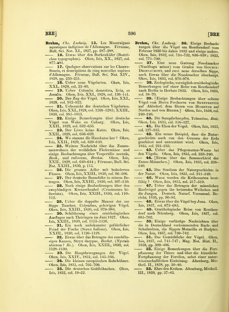 aquatiques indigenes de l'Allemagne. Ferussac, 16. Etwas iiber den Borkenkafer (Bostri- chus tjpographus). Oken, Isis, XX., 1827, col. 877-881. 17. Quelques observations sur les Chauve- Souris, et descriptions de cinq nouvelles especes d'Allemagne. Ferussac, Bull. Sci. Nat. XIV., 18. Ueber neue Vogelarten. Oken, Isis, 19. Ueber Columba domestica, livia, et Amalia. Oken, Isis, XXI., 1828, col. 136-141. 21. Uebersiclit der deutschen Vogelarten. Oken, Isis, XXL, 1828, col. 1268-1285; XXIIL, 22. Einige Bemerkungen iiber deutscbe Vogel von Weiss zu Coburg. Oken, Isis, XXII. , 1829, col. 632-636. 23. Der Lowe keine Katze. Oken, Isis, XXII., 1829, col. 636-639. 24. Wo stammt die Hauskatze her ? Oken, Isis, XXII., 1829, col. 639-640. menwohnen der weiblichen Fledermiiuse und einige Beobachtungen iiber Vespertilio noctula, Bech., und rufescens, Brehm. Oken, Isis, XXIL, 1829, col. 640-644 ; Ferussac, Bull. Sci. Nat. XXIIL, 1830, p. 115. ■ 26. Die grossen Adler mit befiederten Fiissen. Oken,'lsis, XXIIL, 1830, col. 96-106. 27. Der deutsche Baumfalke in seinera Be- tragen. Oken, Isis, XXIIL, 1830, col. 107-110. 28. Nodi einige Beobachtungen iiber den zweybindigen Kreuzschnabel (Crucirostra bi- fasciata). Oken, Isis, XXIIL, 1830, col. 110- 112. 29. Ueber die doppelte Mauser der zur Sippe Taucher, Colymbus, gehorigen Vogel. Oken, Isis, XXIIL, 1830, col. 979-984. 30. Schilderung eines ornithologischen Ausfluges nach Thiiringen im Juni 1827. Oken, Isis, XXIIL, 1830, col. 1113-1126. 31. Em noch unbekannter gefahrlicher Feind der Fische (Sorex fodiens). Oken, Isis, XXIIL, 1830, col. 1126-1128. 32. Etwas iiber das Betragen des rauchfiis- sigen Kauzes, Stryx dasypus, Bechst. (Nyctale abietum ? Br.). Oken, Isis, XXIIL, 1830, col. 1128-1130. 33. Die Hauptbewegungen der Vogel. Oken, Isis, XXIV., 1831, col. 145-166. 34. Die kleinen europiiischen Rohrhiihner. Oken, Isis, 1831, col. 705-709. 35. Die deutschen Goldhahnchen. Oken, Isis, 1832, col. 19-52. tungen iiber die Vogel um Renthendorf vom Oken, Isis, 1832, col. 734-752, 836-858 ; 1833! col. 771 -790. 37. Eine neue Gattung Nussknacker (Nucifraga minor) vom Grafen von Gourcy- Droitaumont, und zwei neue derselben Sippe, auch Etwas iiber die Nussknacker iiberhaupt! 38. Zoologische, vorziiglich ornithologische nach Berlin in Herbste 1832. Oken, Isis, 1834, col. 38-70. auf Ahlsdorf, dem Herrn von Hojieyer auf Nerden und von Brehm.] Oken, Isis, 1834, col. 40. Die Sumpfschnepfen, Telmatius, Bote. Oken, Isis, 1835, col. 116-127. 41. Die Ehen der Vogel. Oken, Isis, 1835, col. 127-135. 42. Ein neues Beispiel, dass die Natur- geschichte auch von den Grossen der Erde geschiitzt und unterstiitzt wird. Oken, Isis, 43. Ueber das Pflegemutter-Wescn bei den Vogeln. Oken, Isis, 1835, col. 233-240. 44. [Etwas iiber das Sommerkleid der Enten-Miinnchen.] Oken, Isis, 1835, col. 238- 240. 45. Das Studium der Naturgeschichte in der Natur. Oken, Isis, 1835, col. 241-249. 46. Wann werden die Krahenarten brut- fabig ? Oken, Isis, 1835, col. 317-319. 47. Ueber das Betragen der mannlichen Raubvogel gegen ihr briitendes Weibchen und die Jungen. Deutsch. Naturf. Versamml. Be- richt, 1836, pp. 90-95. ■ ■ 48. Etwas iiber die Vogel bey Jena. Oken, Isis, 1837, col. 673-685. ■ 49. Ornithologische Reise von Renthen- dorf nach Niirnberg. Oken, Isis, 1837, col. 685-702. 50. Einige vorliiufige Nachrichten iiber die in Deutschland vorkommenden Bach- und Schafstelzen, die Sippen Motacilla et Budytes. Oken, Isis, 1837, col. 739-742. 51. Das Gemiithliche der Vogel. Oken, Isis, 1837, col. 741-747; Mag. Nat. Hist. II., 1838, pp. 399-406. ■ 52. Einige Bemerkungen iiber die Fort- pflanzung der Thiere und iiber die kunstlicke Fortpflanzung der Forellen, nebst einer natur- wissenschaftlichen Einleitung. Altenburg, Mit- theil. II., 1838, pp. 30-40. 53. Ehre den Krahen. Altenburg, Mittheil. III., 1839, pp. 37-43.