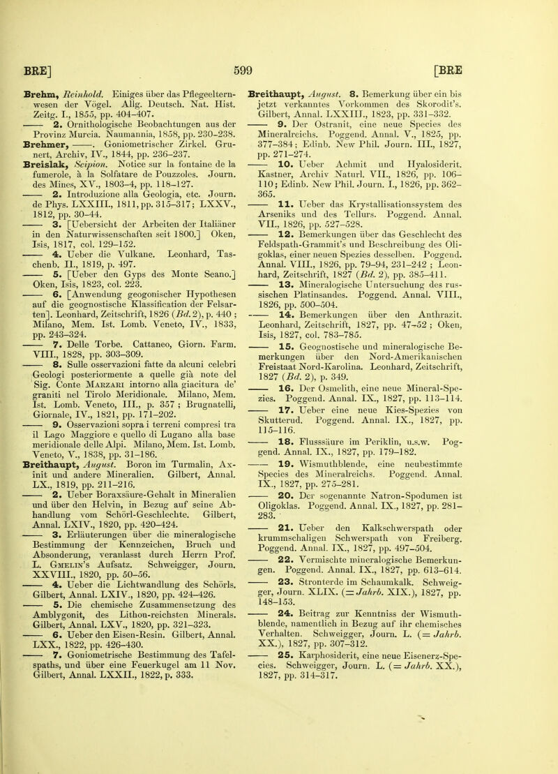 Brehm, Reinhold. Einiges iiber das Pflegeeltern- wesen der Vogel. Allg. Deutsch. Nat. Hist. Zeitg. L, 1855, pp. 404-407. 2. Ornithologische Beobachtungen aus der Provinz Murcia. Naumannia, 1858, pp. 230-238. Brehmer, . Goniometrischer Zirkel. Gru- nert, Archiv, IV., 1844, pp. 236-237. Breislak, Scipion. Notice sur la fontaine de la fumerole, a la Solfatare de Pouzzoles. Journ. des Mines, XV., 1803-4, pp. 118-127. 2. Introduzione alia Geologia, etc. Journ. dePhys. LXXIIL, 1811, pp. 315-317; LXXV, 1812, pp. 30-44. 3. [Uebersicht der Arbeiten der Italianer in den Naturwissenschaften seit 1800.] Oken, Isis, 1817, col. 129-152. 4. Ueber die Vulkane. Leonhard, Tas- chenb. II., 1819, p. 497. 5. [Ueber den Gyps des Monte Seano.] Oken, Isis, 1823, col. 223. 6. [Anwendung geogonischer Hypothesen auf die geognostische Klassification der Felsar- ten], Leonhard, Zeitschrift, 1826 (Bd.2), p. 440 ; Milano, Mem. 1st. Lomb. Veneto, IV, 1833, pp. 243-324. 7. Delle Torbe. Cattaneo, Giorn. Farm. VIII., 1828, pp. 303-309. 8. Sulle osservazioni fatte da alcuni celebri Geologi posteriormente a quelle gia note del Sig. Conte Marzaki intorno alia giacitura de' graniti nel Tirolo Meridionale. Milano, Mem. 1st. Lomb. Veneto, III., p. 357 ; Brugnatelli, Giornale, IV, 1821, pp. 171-202. 9. Osservazioni sopra i terreni compresi tra il Lago Maggiore e quello di Lugano alia base meridionale delle Alpi. Milano, Mem. 1st. Lomb. Veneto, V, 1838, pp. 31-186. Breithaupt, August. Boron im Turmalin, Ax- init und andere Mineralien. Gilbert, Annal. LX, 1819, pp. 211-216. 2. Ueber Boraxsaure-Gehalt in Mineralien und uber den Helvin, in Bezug auf seine Ab- handlung vom Schorl-Geschlechte. Gilbert, Annal. LXIV, 1820, pp. 420-424. ■ 3. Erliiuterungen iiber die mineralogische Bestimmung der Kennzeichen, Bruch und Absonderung, veranlasst durch Herrn Prof. L. Gmelin's Aufsatz. Schweigger, Journ. XXVIII., 1820, pp. 50-56. 4. Ueber die Lichtwandlung des Schorls. Gilbert, Annal. LXIV., 1820, pp. 424-426. 5. Die chemische Zusammensetzung des Amblygonit, des Lithon-reichsten Minerals. Gilbert, Annal. LXV, 1820, pp. 321-323. 6. Ueber den Eisen-Resin. Gilbert, Annal. LXX., 1822, pp. 426-430. 7. Goniometrische Bestimmung des Tafel- spaths, und iiber eine Feuerkugel am 11 Nov. Gilbert, Annal. LXXIL, 1822, p. 333. Breithaupt, August. 8. Bemerkung iiber ein bis jetzt verkanntes Vorkommen des Skorodit's. Gilbert, Annal. LXXIIL, 1823, pp. 331-332. 9. Der Ostranit, eine neue Species des Mineralreichs. Poggend. Annal. V., 1825, pp. 377-384; Edinb. New Phil. Journ. III., 1827, pp. 271-274. 10. Ueber Achmit und Hyalosiderit. Kastner, Archiv Naturl. VII., 1826, pp. 106- 110; Edinb. New Phil. Journ. I., 1826, pp. 362- 365. 11. Ueber das Krystallisationssystem des Arseniks und des Tellurs. Poggend. Annal. VII., 1826, pp. 527-528. 12. Bemerkungen iiber das Geschlecht des Feldspath-Grammit's und Beschreibung des Oli- goklas, einer neuen Spezies desselben. Poggend. Annal. VIII., 1826, pp. 79-94, 231-242 ; Leon- hard, Zeitschrift, 1827 (Bd. 2), pp. 385-411. 13. Mineralogische Untersuchung des rus- sischen Platinsandes. Poggend. Annal. VIII., 1826, pp. 500-504. 14. Bemerkungen iiber den Anthrazit. Leonhard, Zeitschrift, 1827, pp. 47-52 ; Oken, Isis, 1827, col. 783-785. 15. Geognostische und mineralogische Be- merkungen iiber den Nord-Amerikanischen Freistaat Nord-Karolina. Leonhard, Zeitschrift, 1827 {Bd. 2), p. 349. 16. Der Osmelith, eine neue Mineral-Spe- zies. Poggend. Annal. IX, 1827, pp. 113-114. ■ 17. Ueber eine neue Kies-Spezies von Skutterud. Poggend. Annal. IX., 1827, pp. 115-116. 18. Flusssaure im Periklin, u.s.w. Pog- gend. Annal. IX., 1827, pp. 179-182. 19. Wismuthblende, eine neubestimmte Species des Mineralreichs. Poggend. Annal. IX., 1827, pp. 275-281. ■ 20. Der sogenannte Natron-Spodumen ist Oligoklas. Poggend. Annal. IX., 1827, pp. 281- 283. 21. Ueber den Kalkschwerspath oder krummschaligen Schwerspath von Freiberg. Poggend. Annal. IX., 1827, pp. 497-504. 22. Vermischte mineralogische Bemerkun- gen. Poggend. Annal. IX., 1827, pp. 613-614. 23. Stronterde im Schaumkalk. Schweig- ger, Journ. XLIX. (zz Jahrb. XIX.), 1827, pp. 148-153. 24. Beitrag zur Kenntniss der Wismuth- blende, namentlich in Bezug auf ihr chemisches Verhalten. Schweigger, Journ. L. (= Jahrb. XX), 1827, pp. 307-312. 25. Karphosiderit, eine neue Eisenerz-Spe- cies. Schweigger, Journ. L. (= Jahrb. XX.), 1827, pp. 314-317.