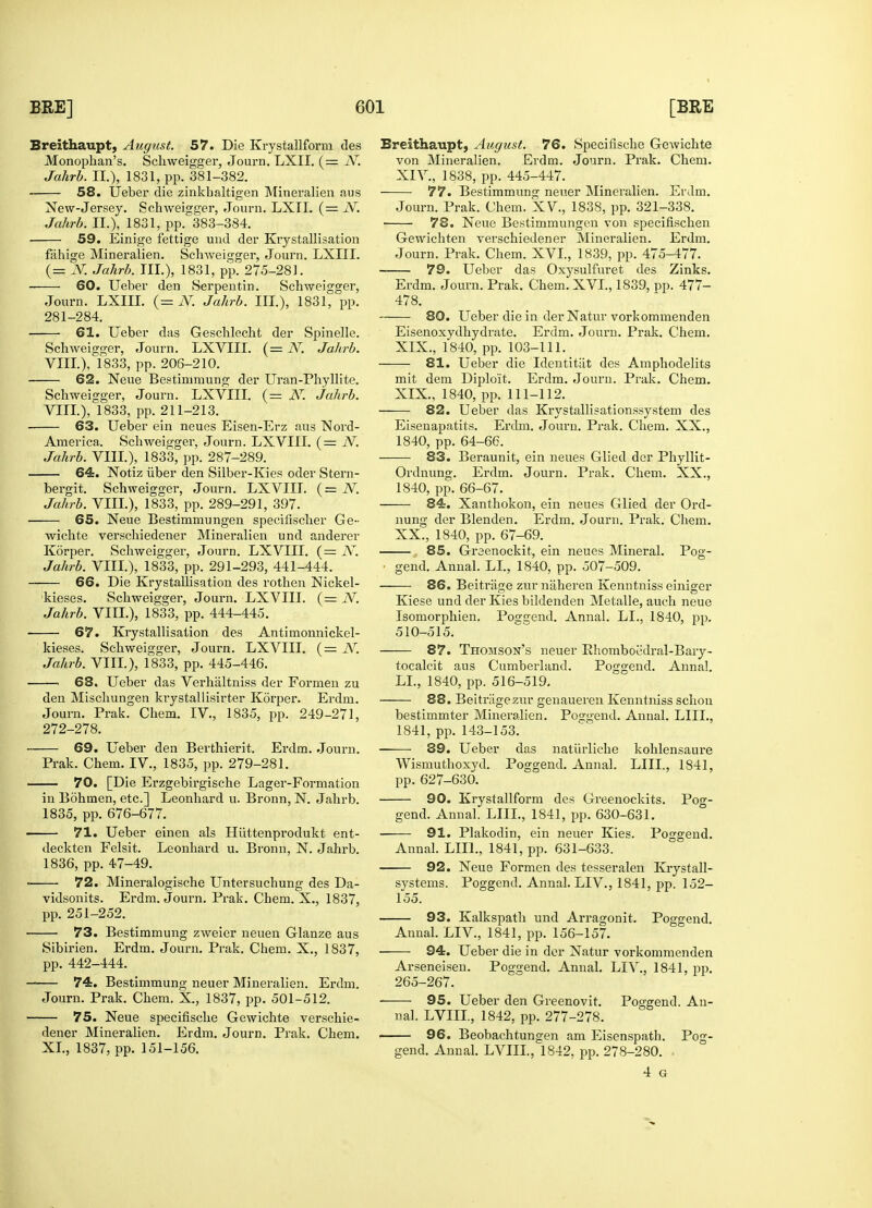 Breithaupt, August. 57. Die Krystallform des Monophan's. Schweigger, Journ. LXII. (= N. Jahrb. II.), 1831, pp. 381-382. 58. Ueber die zinkbaltigen Mineralien aus New-Jersey. Schweigger, Journ. LXII. (= N. Jahrb. II.), 1831, pp. 383-384. 59. Einige fettige und der Krystallisation fahige Mineralien. Schweigger, Journ. LXIII. (= N. Jahrb. III.), 1831, pp. 275-281. 60. Ueber den Serpeutin. Schweigger, Journ. LXIII. (= N. Jahrb. III.), 1831, pp. 281-284. 61. Ueber das Geschlecht der Spinelle. Schweigger, Journ. LXVIII. (= N. Jahrb. VIII.), 1833, pp. 206-210. 62. Neue Bestimmung der Uran-Phyllite. Schweigger, Journ. LXVIII. (= N. Jahrb. VIII.), 1833, pp. 211-213. 63. Ueber ein neues Eisen-Erz aus Nord- America. Schweigger, Journ. LXVIII. (= N. Jahrb. VIII.), 1833, pp. 287-289. 64. Notiz liber den Silber-Kies oder Stern- bergit. Schweigger, Journ. LXVIII. (= N. Jahrb. VIII.), 1833, pp. 289-291, 397. 65. Neue Bestimmungen specinscher Ge- wichte verschiedener Mineralien und anderer Korper. Schweigger, Journ. LXVIII. (= N. Jahrb. VIII.), 1833, pp. 291-293, 441-444. —:— 66. Die Krystallisation des rothen Nickel- kieses. Schweigger, Journ. LXVIII. (= N. Jahrb. VIII.), 1833, pp. 444-445. 67. Krystallisation des Antimonnickel- kieses. Schweigger, Journ. LXVIII. (= N. Jahrb. VIII.), 1833, pp. 445-446. 68. Ueber das Verhaltniss der Formen zu den Mischungen krystallisirter Korper. Erdm. Journ. Prak. Chem. IV, 1835, pp. 249-271, 272-278. 69. Ueber den Berthierit. Erdm. Journ. Prak. Chem. IV., 1835, pp. 279-281. 70. [Die Erzgebirgische Lager-Formation in Bohmen, etc.] Leonhard u. Bronn, N. Jahrb. 1835, pp. 676-677. ■ 71. Ueber einen als Hiittenprodukt ent- deckten Felsit. Leonhard u. Bronn, N. Jahrb. 1836, pp. 47-49. 72. Mineralogische Untersuchung des Da- vidsonits. Erdm. Journ. Prak. Chem. X., 1837, pp. 251-252. 73. Bestimmung zweier neuen Glanze aus Sibirien. Erdm. Journ. Prak. Chem. X., 1837, pp. 442-444. 74. Bestimmung neuer Mineralien. Erdm. Journ. Prak. Chem. X., 1837, pp. 501-512. 75. Neue specifische Gewichte verschie- dener Mineralien. Erdm. Journ. Prak. Chem. XL, 1837, pp. 151-156. Breithaupt, August. 76. Specifische Gewichte von Mineralien. Erdm. Journ. Prak. Chem. XIV, 1838, pp. 445-447. 77. Bestimmung neuer Mineralien. Erdm. Journ. Prak. Chem. XV., 1838, pp. 321-338. \ 78. Neue Bestimmungen von specifischen Gewichten verschiedener Mineralien. Erdm. Journ. Prak. Chem. XVI., 1839, pp. 475-477. 79. Ueber das Oxysulfuret des Zinks. Erdm. Journ. Prak. Chem. XVI., 1839, pp. 477- 478. 80. Ueber die in der Natur vorkommenden Eisenoxydhydrate. Erdm. Journ. Prak. Chem. XIX., 1840, pp. 103-111. ——- 81. Ueber die Identitat des Amphodelits mit dem Diplo'it. Erdm. Journ. Prak. Chem. XIX, 1840, pp. 111-112. 82. Ueber das Krystallisationssystem des Eisenapatits. Erdm. Journ. Prak. Chem. XX., 1840, pp. 64-66. 83. Beraunit, ein neues Glied der Phyllit- Ordnung. Erdm. Journ. Prak. Chem. XX., 1840, pp. 66-67. 84. Xanthokon, ein neues Glied der Ord- nung der Blenden. Erdm. Journ. Prak. Chem. XX. , 1840, pp. 67-69. 85. Graenockit, ein neues Mineral. Pog- • gend. Annal. LI., 1840, pp. 507-509. 86. Beitriige zur naheren Kenntniss einiger Kiese und der Kies bildenden Metalle, auch neue Isomorphien. Posgend. Annal. LI., 1840, pp. 510-515. 87. Thomson's neuer Rhomboedral-Bary- tocalcit aus Cumberland. Poggcnd. Annal. LI., 1840, pp. 516-519. 88. Beitriige zur genaueren Kenntniss schon bestimmter Mineralien. Poggend. Annal. LIIL, 1841, pp. 143-153. —■—- 39. Ueber das naturliche kohlensaure Wismuthoxyd. Poggend. Annal. LIIL, 1841, pp. 627-630. 90. Krystallform des Greenockits. Pog- gend. Annal. LIIL, 1841, pp. 630-631. 91. Plakodin, ein neuer Kies. Poggend. Annal. LIIL, 1841, pp. 631-633. 92. Neue Formen des tesseralen Krystall- systems. Poggend. Annal. LIV., 1841, pp. 152- 155. 93. Kalkspath und Arragonit. Poggend. Annal. LIV, 1841, pp. 156-157. ■ 94. Ueber die in der Natur vorkommenden Arseneisen. Poggend. Annal. LIV., 1841, pp. 265-267. 95. Ueber den Greenovit. Poggend. An- nal. LVIII., 1842, pp. 277-278. 96. Beobachtungen am Eisenspath. Pog- gend. Annal. LVIII., 1842, pp. 278-280. 4 G