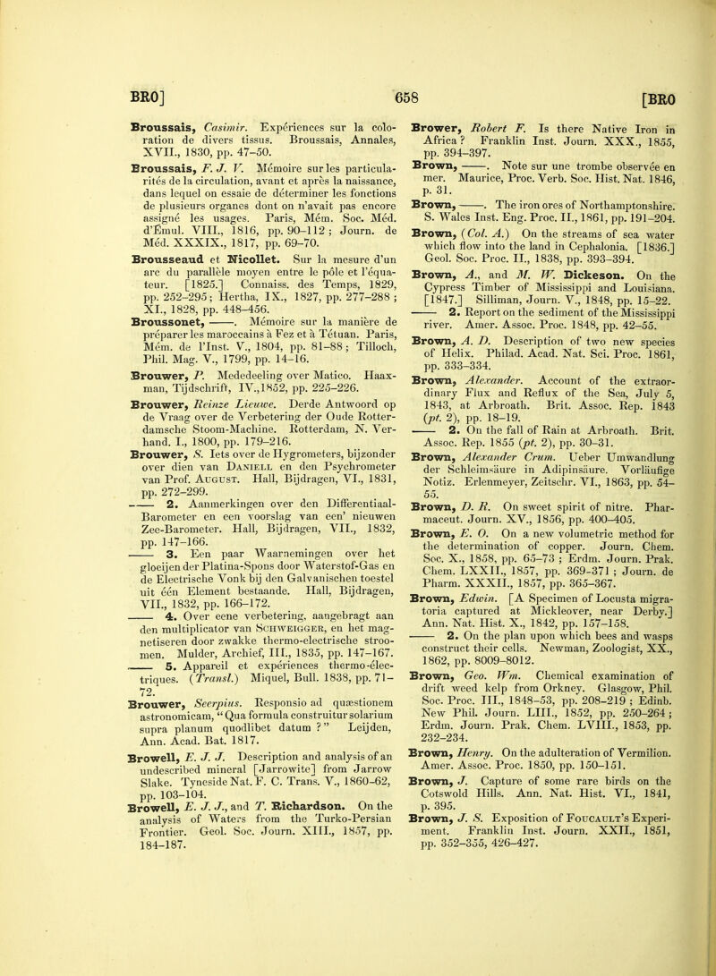 Broussais, Casimir. Experiences sur la colo- ration de divers tissus. Broussais, Annales, XVII., 1830, pp. 47-50. Broussais, F. J. V. Memoire sur les particula- rites de la circulation, avant et apres la naissance, dans lequel on essaie de determiner les fonctions de plusieurs organes dont on n'avait pas encore assigne les usages. Paris, Mem. Soc. Med. d'Emul. VIII., 1816, pp. 90-112; Journ. de Med. XXXIX., 1817, pp. 69-70. Brousseaud et Nicollet. Sur la mesure d'un arc du parallele nioyen entre le pole et l'equa- teur. [1825.] Connaiss. des Temps, 1829, pp. 252-295; Hertha, IX., 1827, pp. 277-288 ; XL, 1828, pp. 448-456. Broussonet, . Memoire sui* la maniere de preparer les maroccains a, Fez et a Tetuan. Paris, Mem. de lTnst. V., 1804, pp. 81-88; Tilloch, Phil. Mag. V., 1799, pp. 14-16. Brouwer, P. Mededeeling over Matico. Haax- man, Tijdschrift, IV.,1852, pp. 225-226. Brouwer, Rcinze Lieuwe. Derde Antwoord op de Vraag over de Verbetering der Oude Rotter- damsche Stoom-Machine. Rotterdam, N. Ver- hand. I., 1800, pp. 179-216. Brouwer, S. lets over de Hygrometers, bijzonder over dien van Daniell en den Psychrometer van Prof. August. Hall, Bijdragen, VI., 1831, pp. 272-299. 2. Aanmerkingen over den Differentiaal- Barometer en een voorslag van een' nieuwen Zee-Barometer. Hall, Bijdragen, VII., 1832, pp. 147-166. 3. Een paar Waarnemingen over het gloeijender Platina-Spons door Waterstof-Gas en de Electrische Vonk bij den Galvanischen toestel uit een Element bestaande. Hall, Bijdragen, VII., 1832, pp. 166-172. 4. Over eene verbetering, aangebragt aan den multiplicator van Schweigger, en het mag- netiseren door zwakke thermo-electrische stroo- men. Mulder, Archief, III., 1835, pp. 147-167. 5. Appareil et experiences thermo-elec- triques. {Transl.) Miquel, Bull. 1838, pp. 71- 72. Brouwer, Seerpius. Responsio ad qusestionem astronomicam,  Qua formula construitur solarium supra planum quodlibet datum ? Leijden, Ann. Acad. Bat. 1817. Browell, E. J. J. Description and analysis of an undescribed mineral [Jarrowitel from Jarrow Slake. TynesideNat.F. C. Trans. V., 1860-62, pp. 103-104. Browell, E. J. J., and T. Richardson. On the analysis of Waters from the Turko-Persian Frontier. Geol. Soc. Journ. XIII., 1857, pp. 184-187. Brower, Robert F. Is there Native Iron in Africa? Franklin Inst. Journ. XXX., 1855, pp. 394-397. Brown, . Note sur une trombe observee en mer. Maurice, Proc. Verb. Soc. Hist. Nat. 1846, p. 31. Brown, . The iron ores of Northamptonshire. S. Wales Inst. Eng. Proc. II., 1861, pp. 191-204. Brown, (Col. A.) On the streams of sea water which flow into the land in Cephalonia. [1836.] Geol. Soc. Proc. II., 1838, pp. 393-394. Brown, A., and M. W. Dickeson. On the Cypress Timber of Mississippi and Louisiana. [1847.] Silliman, Journ. V., 1848, pp. 15-22. 2. Report on the sediment of the Mississippi river. Amer. Assoc. Proc. 1848, pp. 42-55. Brown, A. D. Description of two new species of Helix. Philad. Acad. Nat. Sci. Proc. 1861, pp. 333-334. Brown, Alexander. Account of the extraor- dinary Flux and Reflux of the Sea, July 5, 1843, at Arbroath. Brit. Assoc. Rep. 1843 (pt. 2), pp. 18-19. 2. On the fall of Rain at Arbroath. Brit. Assoc. Rep. 1855 {pt. 2), pp. 30-31. Brown, Alexander Crum. Ueber Umwandlung der Schleimsaure in Adipinsaure. Voiiaufige Notiz. Erlenmeyer, Zeitschr. VI., 1863, pp. 54- 55. Brown, D. R. On sweet spirit of nitre. Phar- maceut. Journ. XV., 1856, pp. 400-405. Brown, E. 0. On a new volumetric method for the determination of copper. Journ. Chem. Soc. X., 1858, pp. 65-73 ; Erdm. Journ. Prak. Chem. LXXIL, 1857, pp. 369-371 ; Journ. de Pharm. XXXIL, 1857, pp. 365-367. Brown, Edwin. [A Specimen of Locnsta migra- toria captured at Mickleover, near Derby.] Ann. Nat. Hist. X., 1842, pp. 157-158. ■ 2. On the plan upon which bees and wasps construct their cells. Newman, Zoologist, XX., 1862, pp. 8009-8012. Brown, Geo. Wm. Chemical examination of drift weed kelp from Orkney. Glasgow, Phil. Soc. Proc. III., 1848-53, pp. 208-219 ; Edinb. New Phil. Journ. LIIL, 1852, pp. 250-264; Erdm. Journ. Prak. Chem. LVIIL, 1853, pp. 232-234. Brown, Henry. On the adulteration of Vermilion. Amer. Assoc. Proc. 1850, pp. 150-151. Brown, J. Capture of some rare birds on the Cotswold Hills. Ann. Nat. Hist. VI., 1841, p. 395. Brown, J. S. Exposition of Foucault's Experi- ment. Franklin Inst. Journ. XXII., 1851, pp. 352-355, 426-427.