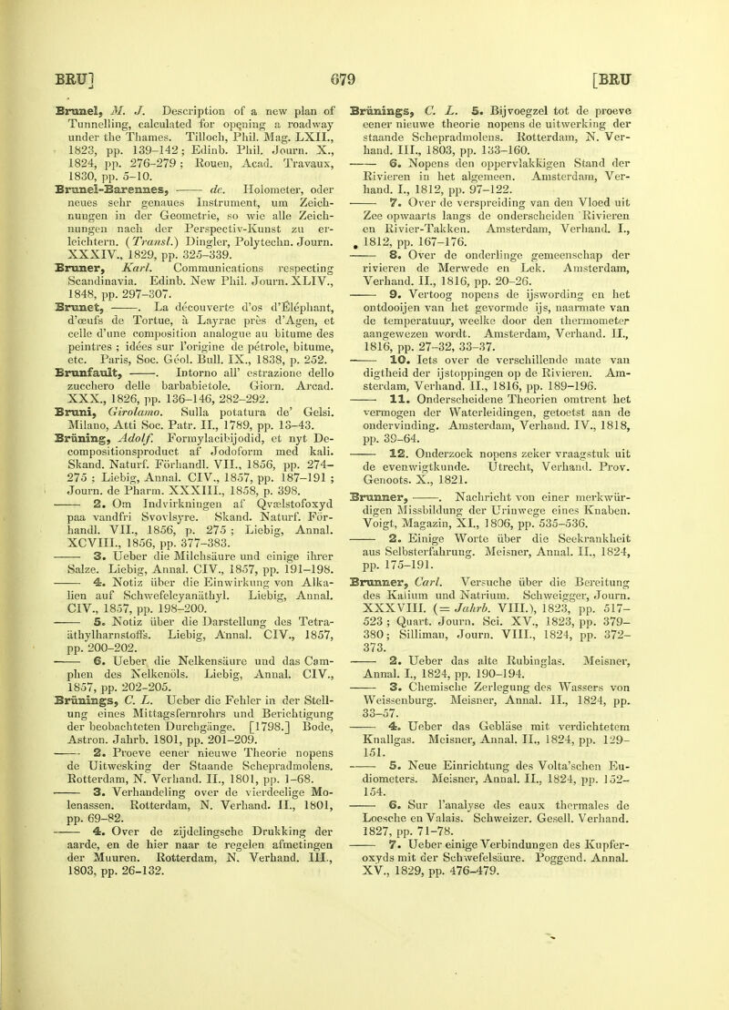 Brunei, 31. J. Description of a new plan of Tunnelling, calculated for opening a roadway under the Thames. Tilloch, Phil. Mag. LXIL, 1823, pp. 139-142; Edinb. Phil. Journ. X., 1824, pp. 276-279 ; Eouen, Acad. Travaux, 1830, pp. 5-10. Brunel-Barennes, de. Holometer, oder neues sehr genaues Instrument, um Zeich- nungen in der Geometrie, so wie alle Zeich- nungen nach der Perspectiv-Kunst zu er- leichtern. (Transl.) Dingier, Polytechn. Journ. XXXIV., 1829, pp. 325-339. Brunei*, Karl. Communications respecting Scandinavia. Edinb. New Phil. Journ. XLIV., 1848, pp. 297-307. Brunet, . La deeouverte d'os d'Elephant, d'oeufs de Tortue, h Layrac pres d'Agen, et celle d'une composition analogue au bitume des peintres ; idees sur l'origine de petrole, bitume, etc. Paris, Soc. Geol. Bull. IX., 1838, p. 252. B run fault, . Intorno all' estrazione dello zucchero delle barbabietole. Giorn. Arcad. XXX., 1826, pp. 136-146, 282-292. Bruni, Girolamo. Sulla potatura de' Gelsi. Milano, Atti Soc. Patr. II., 1789, pp. 13-43. Briining, Adolf. Fonnylacibijodid, et nyt De- compositionsproduct af Jodoform med kali. Skand. Naturf. Forhandl. VII., 1856, pp. 274- 275 ; Liebig, Annal. CIV., 1857, pp. 187-191 ; Journ. de Pharm. XXXIII., 1858, p. 398. 2. Otn Indvirkniugen af Qvaslstofoxyd paa vandfri Svovlsyre. Skand. Naturf. For- handl. VII., 1856, p. 275 ; Liebig, Annal. XCVIIL, 1856, pp. 377-383. 3. Ueber die Milchsaure und einige ihrer Salze. Liebig, Annal. CIV, 1857, pp. 191-198. 4. Notiz liber die Einwirkung von Alka- lien auf Schwefelcyanathyl. Liebig, Annal. CIV., 1857, pp. 198-200. 5. Notiz iiber die Darstellung des Tetra- athylharnstoffs. Liebig, Annal. CIV., 1857, pp. 200-202. 6. Ueber die Nelkensaure und das Cam- phen des Nelkenols. Liebig, Annal. CIV., 1857, pp. 202-205. Briinings, C. L. Ueber die Fehler in der Stell- ung eines Mittagsfernrohrs und Berichtigung der beobachteten Durchgange. [1798.] Bode, Astron. Jahrb. 1801, pp. 201-209. 2. Proeve eener nieuwe Theorie nopens de Uitwesking der Staande Schepradmolens. Eotterdam, N. Verhand. II., 1801, pp. 1-68. 3. Verhandeling over de vierdeelige Mo- lenassen. Rotterdam, N. Verhand. II., 1801, pp. 69-82. 4. Over de zijdelingsche Drukking der aarde, en de hier naar te regelen afmetingen der Muuren. Rotterdam, N, Verhand. III., BrMngs, C. L. 5. Bijvoegzel tot de proeve eener nieuwe theorie nopens de uitwerking der staande Schepradmolens. Rotterdam, N. Ver- hand. III., 1803, pp. 133-160. 6. Nopens den oppervlakkigen Stand der Rivieren in bet algemeen. Amsterdam, Ver- hand. I., 1812, pp. 97-122. 7. Over de verspreiding van den Vloed uit Zee opwaarts langs de onderscheiden Rivieren en Rivier-Takken. Amsterdam, Verhand. I., ,1812, pp. 167-176. 8. Over de onderlinge gemeenschap der rivieren de Merwede en Lek. Amsterdam, Verhand. II., 1816, pp. 20-26. 9. Vertoog nopens de ijswording en het ontdooijen van het gevormde ijs, naarmate van de temperatuur, weelke door den thermometer aangewezen wordt. Amsterdam, Verhand. II., 1816, pp. 27-32, 33-37. — 10. lets over de verschillende mate van digtheid der ijstoppingen op de Rivieren. Am- sterdam, Verhand. II., 1816, pp. 189-196. 11. Onderscheidene Theorien omtrent het vermogen der Waterleidingen, getoetst aan de ondervinding. Amsterdam, Verhand. IV., 1818, pp. 39-64. 12. Onderzoek nopens zeker vraagstuk uit de evenwigtkunde. Utrecht, Verhand. Prov. Genoots. X., 1821. Brunner, . Nachricht von einer merkwiir- digen Missbildung der Urinwege eines Knaben. Voigt, Magazin, XL, 1806, pp. 535-536. 2. Einige Worte iiber die Seekrankheit aus Selbsterfahrung. Meisner, Annal. II., 1824, pp. 175-191. Brunner, Carl. Versuche iiber die Bereitung des Kalium und Natrium. Schweigger, Journ. XXXVIII. (= Jahrb. VIII.), 1823, pp. 517- 523 ; Quart. Journ. Sci. XV, 1823, pp. 379- 380; Silliman, Journ. VIII., 1824, pp. 372- 373. 2. Ueber das alte Rubinglas. Meisner, Annal. I., 1824, pp. 190-194. 3. Chemische Zerlegung des Wassers von Weissenburg. Meisner, Annal. II., 1824, pp. 33-57. 4. Ueber das Geblase mit verdichtetem Knallgas. Meisner, Annal. II., 1824, pp. 129- 151. S. Neue Einrichtung des Volta'schen Eu- diometers. Meisner, Annal. II., 1824, pp. 152- 154. 6. Sur 1'analyse des eaux thermales de Loesche en Valais. Schweizer. Gesell. Verhand. 1827, pp. 71-78. 7. Ueber einige Verbindungen des Kupfer- oxyds mit der Schwefelsiiure. Poggend. Annal.