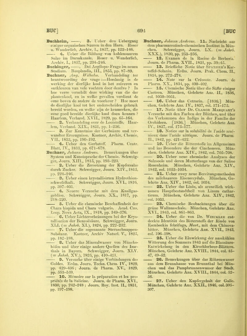 Buchheim, . 3. Ueber den Uebergang einiger organischen Sauren in den Harn. Eoser u. Wunderlicli. Arcbiv, I., 1857, pp. 122-146. 4. Ueber die Bildung von kohlensaurem Salze im Darmkanale. Eoser u. Wunderlicli. Arcbiv, I., 1857, pp. 234-246. Bucliiiager, . Dei Aegilops- Frage im neuen Stadium. Bonplandia, III., 1855, pp. 87-89. Buehner, Aug. Wilhehn. Vei'handeling ter beantwoording der vrage :—Hoedanig is de werking der dierlijke kool in bet zuiveren en ontkleuren van vele vocbten door dezelve ? In hoe verre verschilt deze wirking van die der plantenkool, en in welke gevallen verdient de eene boven de andere de voorkeur ? Hoe moet de diei'lijke kool tot het onderscheiden gebruik bei'eid worden, en welke zijn de kenmerken, die eene goed bereide dierlijke kool doen kennen ? Haarlem, Verhand. XVII., 1829, pp. 65-164. ■ 2. Verbandeling over de Looistoffe. Haar- lem, Verhand. XIX., 1831, pp. 1-236. 3. Zur Kenntniss der Gerbsiiure nnd ver- wandter Erzeugnisse. Kastner, Arcbiv. Cbemie. VII., 1833, pp. 190-192. ■ 4. Ueber den Gerbstoff. Pharm. Centr. Blatt, IV., 1833, pp. 671-678. BiaeJmer, Johann Andreas. Bemerkungen iiber System und Kunstspracbe der Chemie. Schweig- ger, Journ. Xin., 1815, pp. 193-223. ■ 2. Ueber die Zersetzung der Kupfersalze durch Zucker. Schweigger, Journ. XlV., 1815, pp. 224-246. 3. Ueber einen krystallisirten Hydrothion- schwefelkalk. Schweigger, Journ. XVI.. 1816. pp. 397-403. 4. Neuere Versucbe mit dem Knallgas- geblsise. Schweigger, Journ. XX., 1817, pp. 218-220. 5. Ueber die cbemische Beschaffenheit der Chara hispida und Chara vulgaris. Acad. Cses. Eeop. Nova Acta, IX., 1818, pp. 349-376. 6. Ueber Lichterscheinungen bei der Krys- tallisation der Benzoesiiure. Schweigger, Journ. XLI. (= Jahrb. XL), 1824, pp. 222-232. —■— 7. Ueber die sogenannte Sternschnuppen- Substanz. Kastner, Arcbiv Naturl. V., 1825, pp. 182-188. 8. Ueber das Mineralwasser von Miinehs- hofen und iiber einige andere Quellen des Isar- thals in Bayern. Schweigger, Journ. XLV. (= Jahrb. XV.), 1825, pp. 410-421. ——■ 9. Versucbe iiber einige Verbindungen de.s Goldes. Erdm. Journ. Tecbn. Chem. IV, 1829, pp. 429-436; Journ. de Pharm. XV., 1829, pp. 553—559. 10. Memoire sur la preparation et les pro- prietes de la Salicine. Journ. de Pharm. XVI., 1830, pp. 242-248 ; Journ. Roy. Inst. II., 1831, pp. 197-198. Buchner, Johann Andreas. 11. Nachricht aus dem pharmaceutisch-chemischen Institut in Mun- chen. Schweigger, Journ. LX. (= Jahrb. XXX.), 1830, pp. 253-256. 12. Examen de la Racine de Berberis. Journ. de Pharm. XVII., 1831, pp. 39-45. 13. Briefliche Notiz iiber Spatzier's Kar- toffel-Solanin. Erdm. Journ. Prak. Chem. II., 1834, pp. 272-274. 14. Note sur la Creosote. Journ. de Pharm. XX., 1834, pp. 400-402. 15. Chemische Notiz iiber die Siifte einiger Cacteen. Miincben, Gelehrte Anz. II., 1836, col. 1050-1051. 16. Ueber das Cetrarin. [1836.] Miin- cben, Gelehrte Anz. IV., 1837, col. 171-175. 17. Notiz iiber Dr. Clamor Marql-art's Versucbe mit den Farben der Bhithen, und iiber das Vorkommen des Indigo in der Familie der Orchideen. [1836.] Miincben, Gelehrte Anz. IV., 1837, col. 175-177. 18. Notice sur la solubilite de l'acide arse- nieux dans l'acide nitrique. Journ. de Pharm. II., 1842, pp. 421-422. 19. Ueber die Bitterstoffe im Allgemeinen und ins Besondere die der Cinchoneen. Mun- chen, Gelehrte Anz. XIV., 1842, col. 705-708. 20. Ueber neue chemische Analysen der Salzsoole und deren Mutterlauge von der Saline Rosenheim. Miincben, Gelehrte Anz. XIV., 1842, col. 1033-1034. 21. Ueber zwey neue Bereitungsmethoden des milchsauren Eisenoxyduls. Miinchen, Ge- lehrte Anz. XIV., 1842, col. 1034. 22. Ueber das Linin, als arzneilicb wirk- samen Hauptbestandtheil von Linum cathar- ticum. Miinchen, Gelehrte Anz. XLV., 1842, col. 1035. 23. Chemische Beobachtungen iiber die griine Wallnusschale. Miinchen, Gelehrte Anz. XVI., 1843, col. 861-863. 24. Ueber die von Dr. Winckler ent- deckte Identitiit des Bitterstoffs der Rinde von Esenbeckia febrifuga, Mart., mit dem Chinova- bitter. Miinchen, Gelehrte Anz. XVII., 1843, col. 196-198. 25. Ueber die Einwirkung der nasskiihlen Witterung des Sommers 1843 auf die Blaustiure- Entwickelung in den Kirschlorbeer-Blattern. Munchen, Gelehrte Anz. XVIIL. 1844, col. 45- 47, 49-52. 26. Bemerkungen iiber das Rohrenwasser aus dem Brunnhause von Brunnthal bei Miin- chen und das Pumpbrunnenwasser der Stadt. Munchen, Gelehrte Anz. XVIIL, 1844, col. 52- 56. 27. Ueber den Kupfergehalt der Galle. Munchen, Gelehrte Anz. XXII., 1846, col. 305- 307.