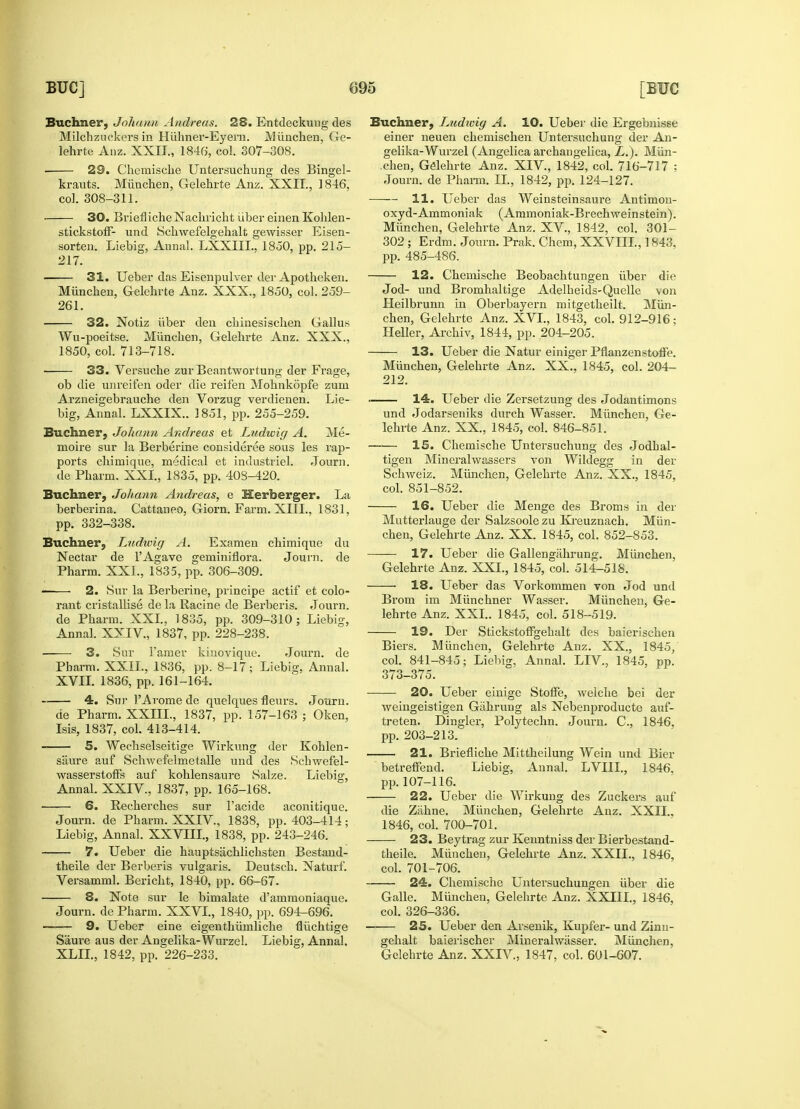 Buchner, Johann Andreas. 28. Entdeckuiig cles Milchzuckers in Hiihner-Eyerii. Mlinchen, Ge- lehrte Anz. XXII., 1846, col. 307-308. ■ 29. Cheraische Untersuchung des Bingel- krauts. Miinchen, Gelehrte Anz. XXII., ] 846, col. 308-311. 30. Brief! icheNachricht liber einen Kohlen- stickstoff- und Sckwefelgehalt gewisser Eisen- sorten. Liebig, Aunal. LXXIIL. 1850, pp. 215- 217. 31. Ueber das Eisenpulver der Apotheken. Miinchen, Gelehrte Anz. XXX., 1850, col. 259- 261. 32. Notiz iiber den chinesischen Gallus Wu-poeitse. Miinchen, Gelehrte Anz. XXX., 1850, col. 713-718. ■ 33. Versucke zur Beantwortung der Frage, ob die unreifen oder die reifen Mohnkopfe zum Arzneigebrauche den Vorzug verdienen. Lie- big, Annal. LXXIX.. 1851, pp. 255-259. Buchner, Johann Andreas et Lndwig A. Me- moire sur la Berberine consideree sous les rap- ports chimiqne, medical et industriel. Jonrn. de Pharm. XXI., 1835, pp. 408-420. Buchner, Johann Andreas, e Herberger. La berberina. Cattaneo, Giorn. Farm. XIII., 1831, pp. 332-338. Buchner, Ludivig A. Examen chimique du Nectar de l'Agavc geminiflora. Journ. de Pharm. XXI., 1835, pp. 306-309. —— 2. Sur la Berberine, principe actif et colo- rant cristallise de la Racine de Berberis. Journ. de Pharm. XXI., 1835, pp. 309-310; Liebig, Annal. XXIV., 1837, pp. 228-238. 3. Sur l'amer kinovique. Journ. de Pbarm. XXII., 1836, pp. 8-17; Liebig, Annal. XVII. 1836, pp. 161-164. 4. Sur 1'Arome de quelques fleurs. Journ. de Pharm. XXIIL, 1837, pp. 157-163 ; Oken, Isis, 1837, col. 413-414. 5. Wechselseitige Wirkung der Kohlen- siiure auf Schwefelmetalle und des Schwefel- wasserstoffs auf kohlensaure Salze. Liebig, Annal. XXIV., 1837, pp. 165-168. 6. Recherches sur l'acide aconitique. Journ. de Pharm. XXIV, 1838, pp. 403-414; Liebig, Annal. XXVIII., 1838, pp. 243-246. 7. Ueber die hauptsiichlichsten Bestand- theile der Berberis vulgaris. Deutsch. Naturf. Versamml. Bericht, 1840, pp. 66-67. 8. Note sur le bimalate d'ammoniaque. Journ. de Pharm. XXVI., 1840, pp. 694-696. 9. Ueber eine eigenthiimliche fliichtige Saure aus der Angelika-Wurzel. Liebig, Annal. XLIL, 1842, pp. 226-233. Buchner, Ludwig A. 10. Ueber die Ergebnisse einer neuen chemischen Untersuchung der An- gelika-Wurzel (Angelica archangelica, L.). Miin- chen, Gelehrte Anz. XIV, 1842, col. 716-717 ; Journ. de Pharm. II., 1842, pp. 124-127. 11. Ueber das Weinsteinsaure Antimon- oxyd-Ammoniak (Ammoniak-Brechweinstein). Miinchen, Gelehrte Anz. XV, 1842, col. 301- 302 ; Erdm. Journ. Prak. Chem, XXVIII., 1843, pp. 485-486. 12. Chemische Beobachtungen iiber die Jod- und Bromhaltige Adelheids-Quelle von Heilbrunn in Oberbayern mitgetheilt. Miin- chen, Gelehrte Anz. XVI., 1843, col. 912-916; Heller, Archiv, 1844, pp. 204-205. 13. Ueber die Natur einiger Pflanzenstoffe. Miinchen, Gelehrte Anz. XX., 1845, col. 204- 212. 14. Ueber die Zersetzung des Jodantimons und Jodarseniks durch Wasser. Miinchen, Ge- lehrte Anz. XX., 1845, col. 846-851. 15. Chemische Untersuchung des Jodhal- tigen Mineralwassers von Wildegg in der Schweiz. Miinchen, Gelehrte Anz. XX., 1845, col. 851-852. 16. Ueber die Menge des Broms in der Mutterlauge der Salzsoole zu Kreuznach. Miin- chen, Gelehrte Anz. XX. 1845, col. 852-853. —— 17. Ueber die Gallengahrung. Miinchen, Gelehrte Anz. XXI., 1845, col. 514-518. ■ 18. Ueber das Vorkommen von Jod und Brom im Miinchner Wasser. Miinchen, Ge- lehrte Anz. XXL. 1845, col. 518-519. 19. Der Stickstoffgekalt des baierischen Biers. Miinchen, Gelehrte Anz. XX., 1845/ col. 841-845; Liebig, Annal. LIV, 1845, pp. 373-375. 20. Ueber einige Stoffe, welche bei der weingeistigen Gahrung als Nebenproducte auf- treten. Dingier, Polytechn. Journ. C, 1846. pp. 203-213. 21. Briefliche Mittheilung Wein und Bier betreffend. Liebig, Annal. LVIIL, 1846, pp. 107-116. 22. Ueber die Wirkung des Zuckers auf die Ziihne. Miinchen, Gelehrte Anz. XXIL. 1846, col. 700-701. 23. Beytrag zur Kenntniss der Bierbestand- theile. Miinchen, Gelehrte Anz. XXIL, 1846, col. 701-706. 24. Chemische Untersuchungen iiber die Galle. Miinchen, Gelehrte Anz. XXIIL, 1846, col. 326-336. 25. Ueber den Arsenik, Ivupfer- und Zinn- gehalt baierischer Mineralwiisser. Miinchen, Gelehrte Anz. XXIV., 1847, col. 601-607.
