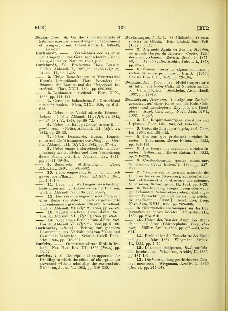 Burke, Luke. 4. On the supposed effects of habit and exercise in modifying the developement of living organisms. Ethnol. Journ. I., 1848-49, pp. 496-529. Burkhardt, . Verzeiclmiss der bisher in der Umgegend von Gera beobachteten Fische. Gera, Jaliresber. Naturw. 1860, p. 62. Burkhardt, Fr. Prodromus Flora? Lusatise. Gorlitz, Abhandl. I., 1827, pp. 41-83 (Hft. 2), 61-82 ; II., pp. 1-38. 2. Einige Bemerkungen zu Mertens und Koch's Deutschlands Flora, besonders die Pflanzen der Lausitz und der Umgegend be- treffend. Flora, XVII., 1834, pp. 689-699. 3. Laubmoose betreffend. Flora, XIX., 1836, pp.141-144. 4. Geranium bohemicum, fur Deutschland neu aufgefnnden. Flora, XIX., 1836, op. 615- 618. 5. Ueber einige Verhaltnisse des Pflanzen- Lebens. Gorlitz, Abhandl. III. (Hft. 2), 1842, pp. 25-28 ; V., 1848, pp. 69-72. 6. Ueber den Krupp (Croup) in den Kohl- gevvachsen. Gorlitz, Abhandl. III. (Hft. 2), 1842, pp. 29-30. — 7. Ueber Dammerde, Humus, Humus- siiure und die Wirkungsart der Diingung. Gor- litz, Abhandl. III. (Hft. 2), 1842, pp. 37-41. — 8. Ueber einige Unterschiede in der Fort- pflanzung der Gewachse und ihrer Vermehrung durch Samen. . Gorlitz, Abhandl. IV., 1844, pp. 36-41, 59-64. — 9. Botanische Mittheilungen. Flora, XXXIIL, 1850, pp. 561-562. — 10. Ueber eingewanderte und einheimisch gewordene Pflanzen. Flora, XXXIV., 1851, pp. 161-168. 11. Ueber die Wirkungen verschiedener Substanzen auf den Lebensprozess der Pflanzen. Gorlitz, Abhandl. VI., 1851, pp. 26-27. — 12. Die Veriinderungen unserer Flora seit einer Reihe von Jahren durch eingewanderte und einheimisch gewordene Pflanzen betreffend. Gorlitz, Abhandl. VI. (Hft. 2), 1853, pp. 55-59. 13. Vegetations-Bericht vom Jahre 1851. Gorlitz, Abhandl. VI. (Hft. 2), 1853, pp. 59-61. 14. Vegetations-Bericht vom Jahre 1852. Gorlitz, Abhandl. VI. (Hft. 2), 1853, pp. 61-66. Biirkhofer, Alberik. Beitrag zur genauern Bestimmunsr des Verhaltnisses von Maass und Gewicht in Schwaben. Schwab. Gesell. Denk- schr., 1805, pp. 316-324. Eurkitt? . Occurrence of rare Birds in Ire- land. Nat. Hist. Rev. III., 1856 (Proc), pp. 26-27. Burkitt, A. S. Description of an apparatus for Distilling in which the effects of absorption are prevented without admitting the external air. Nicholson, Journ. V., 1802, pp. 349-350. Burlamaque, F. L. C. O Minhocao; O sucu- ruhyu; A Giboia. Rio, Trabal. Soc. Veil. [1852,] p. 17. 2. A grande Aguia da Guyana, Mauduit, ou grande Harpia da America, Cuvier, Falco destructor, Daudin. Revista Brazil. I., 1857- 58, pp. 317-350 ; Rio, Archiv. Palestr. I., 1858, pp. 37-50. — 3. Noticia acerca de alguns mineraes e rochas de varias provincias do Brazil. [1856.] Revista Brazil. II., 1859, pp. 73-104. Burman, Er. Tabell ofver Medel-temperaturen uti luften vid Neder-Calix uti Norrbottens Lan och Calix Fogderi. Stockholm, Acad. Handl. 1832, pp. 77-79. Burmeister, Hermann. Beitrage zur Zoologie, gesammelt auf einer Reise um die Erde. Cole- optera und Lepidoptera, Rhyngota seu Hemi- ptera. Acad. Cebs. Leop. Nova Acta, XVI., 1832. Suppl. 2. Die Respirationsorgane von Julus und Lepisma, Oken, Isis, 1834, col. 134-138. 3. Ueber die Gattung Achlys\&,Aud. Oken, Isis, 1834, col. 138-142. 4. Des sons que produisent certains In- sectes. Silbermann, Revue Entom. I., 1833, pp. 161-174. 5. Des lueurs que repandent certains In- sectes. Silbermann, Revue Entom. I., 1833, pp. 210-226. 6. Combophorarum species enumerate. Silbermann, Revue Entom. I., 1833, pp. 227- 233. 7. Memoire sur la division naturelle des Punaises terrestres (Geocores), considerees sui- tout relativement a la structure des antennes. Silbermann, Revue Entom. II., 1834, pp. 5-26. 8. Beschreibung einiger neuen oder weni- ger bekannten Schmarotzerkrebse, nebst allge- meinen Betrachtungen iiber die Gruppe, welcher sie angehoren. [1833.] Acad. Cces. Leop. Nova Acta, XVII., 1835, pp. 269-336. 9. Observations anatomiques sur les Chi lognathes et autres insectes. L'Institut, III., 1835, pp. 215-216. — 10. Ueber den Bau der Augen bei Bran- chiopus paludosus (Chirocephalus, Bery, Pre- vost). Midler, Archiv, 1835, pp. 529-534, 613- 614. — 11. Bericht iiber die Fortschritte der Ento- mologie im Jahre 1834. Wiegmann, Archiv, II., 1835, pp. 7-74. — 12. Distomum globiporum, Pud., ausfiihr- lich beschrieben. Wiegmann, Archiv, II., 1835, pp. 187-194. — 13. Die Verwandlungsgeschichte von Chla- mys monsti'osa. Wiegmann, Archiv, I., 1835 (Bd. 2), pp. 245-348.