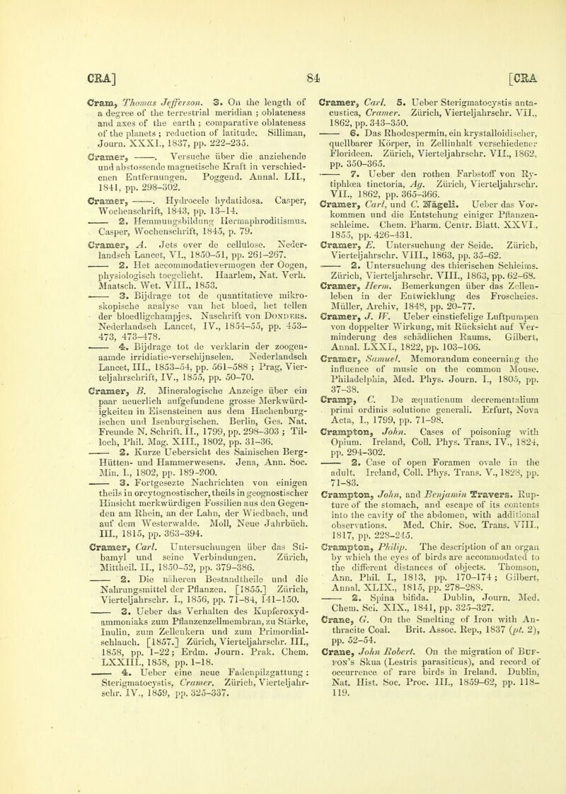 Cramj Thomas Jefferson. 3. On the length of a degree of the terrestrial meridian ; oblateness and axes of the earth ; comparative oblateness of the planets ; reduction of latitude. Silliman, Journ. XXXi., 1837, pp. 222-235. Gramerj . Versuche iiber die anziehende und abstossende magnetische Kraft in verschied- enen Entfei-niingen. Poggend. Anna!. LII., 1841, pp. 298-302. Craraer, . Hydrocele hydatidosa. Car>per, Wochenschrift, 1843, pp. 13-14. 2. Hemmuiigsbildung Herraaphroditismus, Casper, Wochenschrift, 1845, p. 79. Gramer, A. Jets over de cellulose. Neder- landsch Lancet, VI., 1850-51, pp. 261-267. . 2. Het accommodatievermogen der Oogen, physiologisch toegelicht. Haarlem, Nat. Verh. Maatsch. Wet. VHI., 1853. 3. Bijdrage tot de quantitatieve mikro- skopisclie analyse A^an het bleed, het tellen ■ der bloedligcharapjes. Naschrift von Dondf.rs. Nederlandsch Lancet, IV., 1854-55, pp. 453- 473, 473-478. • 4. Bijdrage tot de verldarin der zoogen- aamde irridiatie-verschijnselen. Nederlandsch Lancet, HI., 1853-54, pp. 561-588 ; Prag, Vier- teljahrschrift, IV., 1855, pp. 50-70. Cramer, B. Mineralogische Anzeige iiber ein paar ueuerlich anfgefundene grosse Merkwiird- igkeiten in Eisensteiuen aus dem Hachenburg- ischen und Isenburgischen. Berlin, Ges. Nat. Freunde N. Schrift. II., 1799, pp. 298-303 ; Til- loch, Phil. Mag. XIIL, 1802, pp. 31-36. 2. Kurze Uebersicht des Saiuischen Berg- Hiitten- und Hamraerwesens. Jena, Ann. Soc. Min. L, 1802, pp. 189-200. 3. Fortgesezte Nachrichten von einigen theils in orcytognostischer,theils in geognostischer Hinsicht merkwiirdigen Fossilien aus den Gegen- den am Rhein, an der Lahn, der Wiedbach, und auf dem Westerwalde. Moll, Neue Jahrbiich. in., 1815, pp. 363-394. Cramerj Carl. Untersuchungeu iiber das Sti- bamyl und seine Verbindungen. Ziirich, Mittheil. II., 1850-52, pp. 379-386. 2. Die niiheren Bestandtheile und die Nahrungsmittel der Pflanzen, [1855.] Ziirich, Vierteljahrschr. L, 1856, pp. 71-84, 141-150. 3. Ueber das Verhalten des Kupferoxyd- ammoniaks zum Pflanzenzellmembran, zu Starke, Inulin, zum Zelleukern und zum Priraordial- schlauch. [1857.] Ziiiich, Vierteljahrschr. III., 1858, pp. 1-22; Erdm. Journ. Prak. Chem. LXXIIL, 1858, pp. 1-18. 4:. Ueber eine neue Fadenpilzgattung : Sterigmatocystis, Cramer. Ziirich, Vierteljahr- schr. IV., 1859, pp. 325-337. Cramerj Carl. 5. Ueber Sterigmatocystis anta- custica, Cramer. Ziirich, Vierteljahrschr. VII., 1862, pp. 343-350. ■ 6. Das Rhodospermin, ein krystalloidisclier, quellbarer Korper, in Zellinhalt verschiedener Florideen. Zurich, Vierteljahrschr. VII., 1862, pp. 350-365. 7. Ueber den rothen FarbstofF von Ry- tiphlcea tinctoria, Ag. Ziirich^ Vierteljahrschr. VII., 1862, pp. 365-366. Cramer, Carl, und C. S'ageli. Ueber das Vor- kommen und die Entstehung einiger Pflanzen- schleime. Chem. Pharm. Centr. Biatt. XXVI., 1855, pp. 426-431. Cramer, E. Untersuchuug der Seide. Zurich, Vierteljahrschr. VIII., 1863, pp. 35-62. 2. Untersuchung des thierischen Schieims. Ziirich, Vierteljahrschr. VIII., 1863, pp. 62-68. Cramer, Ilerni. Bemerkungen iiber das Zelleu- leben in der Entwicklung des Froscheies. Miiller, Archiv, 1848, pp. 20-77. Cramer, J. W. Ueber einstiefelige Luftpumpeu von doppelter Wirkung, mit Riicksicht auf Ver- minderung des schiidlichen Eaums. Gilbert, Anual. LXXI., 1822, pp. 103-106. Cramer, Samuel. Memorandum concerning the influence of music on the common Mouse. Philadelphia, Med. Phys. Journ. I., 1805, pp. 37-38. Cramp, C. De squationum decrementalium primi ordinis solutione geuerali. Erfurt, Nova Acta, I., 1799, pp. 71-98. Cramptom, John. Cases of poisoning Avith Opium. Ireland, CoU. Phys. Trans. IV., 1824, pp. 294-302. 3. Case of open Foramen ovale in the adult. Ireland, Coll. Phys. Trans. V., 1828, pp. 71-83. Crampton, John, and Benjamin Travers. Rup- ture of the stomach, and escape of its cojitents into the cavity of the abdomen, with additional observations. Med. Chir. Soc. Trans. VIIL, 1817, pp. 228-245. Cramptom, Philip. The description of an oi-gan by which the eyes of birds are accommodated to the different distances of objects. Thomson, Ann. Phil. L, 1813, pp. 170-174; Gilbert, Annal. XLIX., 1815, pp. 278-288. 2. Spina bifida. Dublin, Journ. Med. Chem. Sci. XIX., 1841, pp. 325-327. CraBe, G. On the Smelting of Iron with An- thracite Coal. Brit. Assoc. Rep., 1837 {[it. 2), pp. 52-54. Crane, John Robert. On the migration of Buf- fon's Skua (Lestris parasiticus), and record of occurrence of rare birds in Ireland. Dublin. Nat. Hist. Soc. Proc. III., 1859-62, pp. 118- 119.