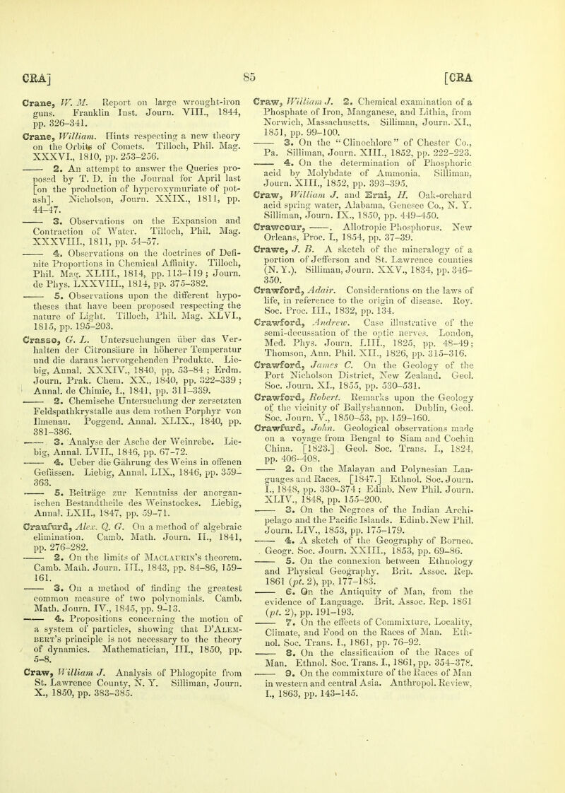 Crane, TF. 31. Repoi-t on large wrought-iron guns. Franklin Inst. Journ. VIII., 1844, pp. 326-341. Crane, William. Hints respecting a new theory on the Orbites of Comets. Tilloch, Phil. Mag. XXXVI., 1810, pp. 253-256. 2. An attempt to answer the Queries pro- posed by T. D. in the Journal for April last [on the production of hyperoxymuriate of pot- ash]. Nicholson, Journ. XXIX., 1811, pp. 44-47. 3. Observations on the Expansion and Contraction of Water. Tilloch, Phil. Mag. XXXVIIL, 1811, pp. 54-57. 4. Observations on the doctrines of Defi- nite Proportions in Chemical Affinity. Tilloch, Phil. Mag. XLIIL, 1814, pp. 113-119; Journ. de Phys. LXXVIII., 1814, pp. 375-382. • 5. Observations upon the different hypo- theses that have been proposed respecting the nature of Light. Tilloch, Phil. Mag. XLVI., 1815, pp. 195-203. Crasso, G. L. Untersuchungen ilber das Ver- halten der Citronsilure in hoherer Temperatur und die daraus hervorgehenden Produkte. Lie- bis. Annal. XXXIV., 1840, pp. 53-84 ; Erdra. Journ. Prak. Chem. XX., 1840, pp. 322-339 ; ' Annal. de Chiraie, L, 1841, pp. 311-339. ■ 2. Chemische Untersuchung der zersetzten Feldspathkrystalle aus dem rothen Porphyr von Ihnenau. Poggend. Annal. XLIX., 1840, pp. 381-386. 3. Analyse der Asche der Weinrebe. Lie- big, Annal. LVIL, 1846, pp. 67-72. 4. Ueber die Gahrung des Weins in offenen Gefassen. Liebig, Annal. LIX., 1846, pp. 359- 363. 5. Beitrage zur Kenntniss der anorgau- ischen Bestandtheile des Weinstockes. Liebig, Anna]. LXIL, 1847, pp. 59-71. Craufurd, Alex, Q. G. On a method of algebraic elimination. Camb. Math. Journ. II., 1841, pp. 276-282. 2. On the limits of Maclaurin's theorem, Camb. Math. Journ. ITL, 1843, pp. 84-86, 159- 161. 3. On a method of finding the greatest common measure of two polynomials. Camb. Math. Journ. IV., 1845, pp. 9-13. <!:. Propositions concerning the motion of a system of particles, showing that D'Alem- bekt's principle is not necessary to the theory of dynamics. Mathematician, III., 1850, pp. 5-8. Craw, ff'illiam J. Analysis of Phlogopite from St. Lawrence County, N. Y. Silliman, Journ. X., 1850, pp. 383-385. Craw, IFilliain J. 2. Chemical examination of a Phosphate of Iron, Manganese, and Lithia, from Norwich, Massachusetts. Silliman, Journ. XL, 1851, pp. 99-100. 3. On the  Clinochlore of Chester Co., Pa. Silliman, Journ. XIII., 1852, pp. 222-223. 4. On the determination of Phosphoric acid by Molybdate of Ammonia. Silliman, Journ. XIIL, 1852, pp. 393-395. Craw, William J. a,nd Srni, H. Oak-orchard acid spring water, Alabama, Genesee Co., N, Y. Silliman, Journ. IX., 1850, pp. 449-450. Crawcour, . Allotropic Phosphorus. New Orleans, Proc. L, 1854, pp. 37-39. Crawe, J. B. A sketch of the mineralogy of a portion of Jefferson and St. Lawrence counties (N. Y.). Silliman, Journ. XXV., 1834, pp. 346- 350. Crawford, Adair. Considerations on the laws of life, in reference to the origin of disease. Roy. Soc. Proc. III., 1832, pp. 134. Crawford, Aiidreic. Case illustrative of the semi-decussation of the optic nerves. London, Med. Phys. Journ. LIIL, 1825, pp. 48-49; Thomson, Ann. Phil. XIL, 1826, pp. 315-316. Crawford, James C. On the Geology of the Port Nicholson District, New Zealand. Geol. Soc. Journ. XL, 1855, pp. 530-531. Crawford, Robert. Remarks upon the Geology of the vicinity of Balh^shanuon. Dublin, Geol. Soc. Journ. V., 1850-53, pp. 159-160. Crawfiird, Jolm. Geological observations made on a voyage from Bengal to Siani and Cochin China. [1823.] , Geol. Soc. Trans. L, 1S24, pp. 406-408. ■ 2. On tlie Malayan and Polynesian Lan- guages and Races. [1847.] EthnoL Soc. Journ. I., 1848, pp. 330-374 ; Edinb. New Phil. Journ. XLIV., 1848, pp. 155-200. ■ 3. On the Negroes of the Indian Archi- pelago and the Pacific Islands. Edinb. New Phil. Journ. LIV., 1853, pp. 175-179. • 4. A sketch of the Geography of Borneo. . Geogr. Soc. Journ. XXIII., 1853, pp. 69-86. 5» On the connexion between Ethnology and Physical Geography. Brit. Assoc. Rep. 1861 {iJt.2\ pp. 177-183. 6. On the Antiquity of Man, from the evidence of Language. Brit. Assoc. Rep. 1861 ipt. 2), pp. 191-193. 7. On the effects of Commixture, Locality, Climate, and Food on the Races of Man. Eth- uol. Soc. Trans. I., 1861, pp. 76-92. 8. On the classification of tlie Races of Man. Ethnol. Soc. Trans. L, 1861, pp. 354-378. ■ 9. On the commixture of the Races of Man in western and central Asia. Anthropol. Review. L, 1863, pp. 143-145.