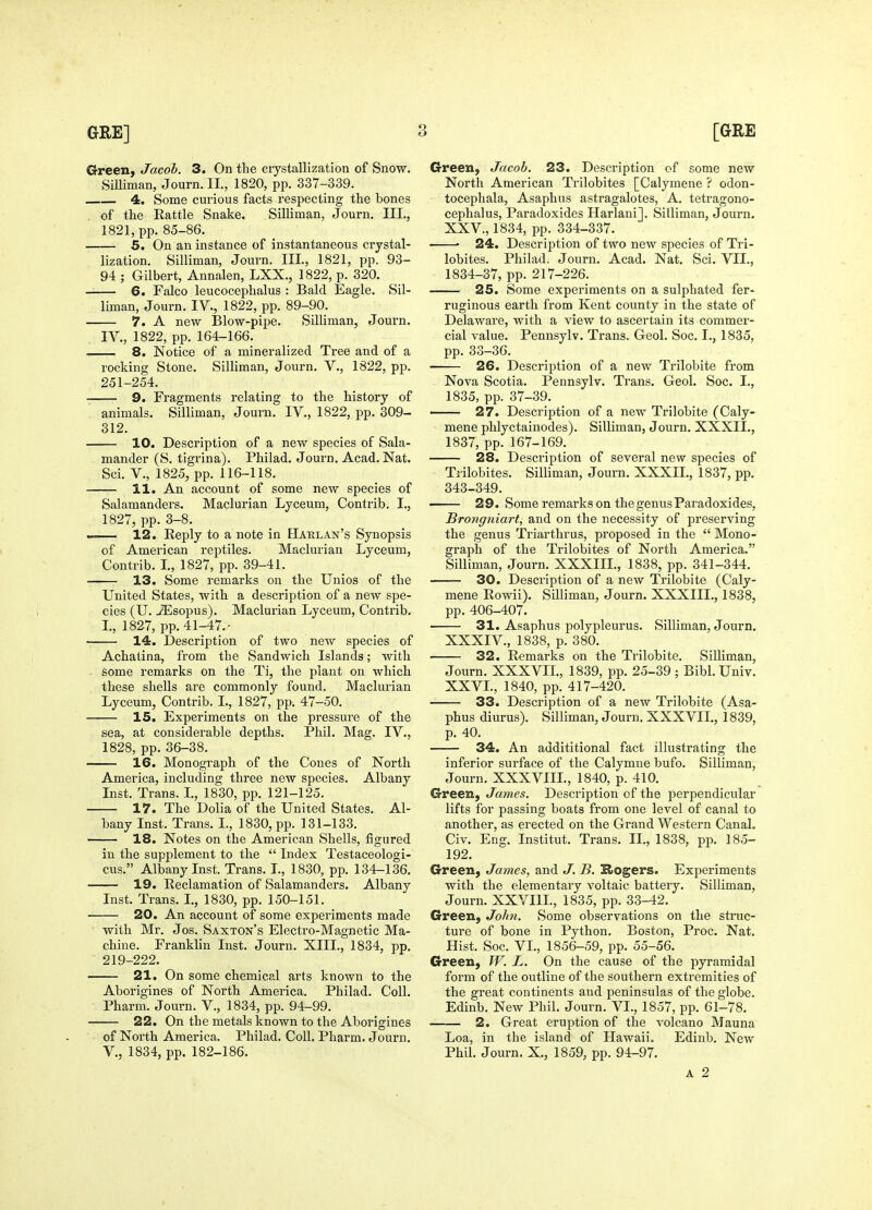 CS-reen, Jacob. 3. On the crystallization of Snow, Silliman, Journ. II., 1820, pp. 337-339. 4. Some curious facts respecting the bones . of the Rattle Snake. Silliman, Journ, III., 1821, pp, 85-86. 5. On an instance of instantaneous crystal- lization, Silliman, Journ. III., 1821, pp. 93- 94 ; Gilbert, Annalen, LXX., 1822, p. 320. — 6. Falco leucocephalus : Bald Eagle. Sil- liman, Journ. IV,, 1822, pp. 89-90. 7. A new 131ow-pipe. Silliman, Journ, IV,, 1822, pp, 164-166. 8. Notice of a mineralized Tree and of a rocking Stone, Silliman, Journ, V,, 1822, pp. 251-254. 9. Fragments relating to the history of animals. Silliman, Journ. IV., 1822, pp. 309- 312. 10. Description of a new species of Sala- mander (S. tigrina). Philad. Journ. Acad. Nat. Sci. v., 1825, pp. 116-118. 11. An account of some new species of Salamanders. Maclurian Lyceum, Contrib. I., 1827, pp. 3-8. . 12. Reply to a note in Harlan's Synopsis of American reptiles, Maclurian Lyceum, Contrib, L, 1827, pp. 39-41, 13. Some remarks on the Unios of the United States, with a description of a new spe- cies (U, ^sopus), Maclurian Lyceum, Contrib, I., 1827, pp. 41-47,- 14. Description of two new species of Achatina, from the Sandwich Islands; with some remarks on the Ti, the plant on which these shells are commonly found, Maclurian Lyceum, Contrib. I., 1827, pp. 47-50. 15. Experiments on the pressure of the sea, at considerable depths. Phil. Mag. IV., 1828, pp. 36-38. 16. Monograph of the Cones of North America, including three new species. Albany Inst. Trans. L, 1830, pp. 121-125. 17. The Dolia of the United States. Al- bany Inst. Trans. I., 1830, pp. 131-133. 18. Notes on the American Shells, figured in the supplement to the  Index Testaceologi- cus. Albany Inst. Trans. I., 1830, pp. 134-136. 19. Reclamation of Salamanders. Albany Inst. Trans. I., 1830, pp. 150-151. 20. An account of some experiments made with Mr. Jos. Saxton's Electro-Magnetic Ma- chine. Franklin Inst. Journ. XIII., 1834, pp. 219-222. 21. On some chemical arts known to the Aborigines of North America. Philad. Coll. Pharm. Journ. V., 1834, pp. 94-99. 22. On the metals known to the Aborigines of North America. Philad. Coll. Pharm. Journ. v., 1834, pp. 182-186. G-reen, Jacob. 23. Description of some new North American Trilobites [Calymene ? odon- tocephala, Asaphus astragalotes, A. tetragono- cephalus, Paradoxides Harlani]. Silliman, Journ. XXV., 1834, pp. 334-337, ■ 24. Description of two new species of Tri- lobites, Philad. Journ, Acad. Nat, Sci. VII., 1834-37, pp. 217-226. 25. Some experiments on a sulphated fer- ruginous earth from Kent county in the state of Delaware, with a view to ascertain its commer- cial value. Pennsylv. Trans. Geol. Soc. I., 1835, pp. 33-36. 26. Description of a new Trilobite from Nova Scotia. Pennsylv. Trans. Geol, Soc. I., 1835, pp. 37-39. 27. Description of a new Trilobite (Caly- mene phlyctainodes). Silliman, Journ. XXXII., 1837, pp. 167-169. 28. Description of several new species of Trilobites. Silliman, Journ. XXXIL, 1837, pp. 343-349. 2 9. Some remarks on the genus Paradoxides, Brongniart, and on the necessity of preserving the genus Triarthrus, proposed in the  Mono- graph of the Trilobites of North America. Silliman, Journ. XXXIIL, 1838, pp. 341-344. 30. Description of a new Trilobite (Caly- mene Rowii). SiUiman, Journ. XXXIIL, 1838, pp. 406-407. 31. Asaphus polypleurus. Silliman, Journ. XXXIV., 1838, p. 380. 32. Remarks on the Trilobite. Silliman, Journ. XXXVIL, 1839, pp. 25-39 ; Bibl. Univ. XXVL, 1840, pp. 417-420. 33. Description of a new Trilobite (Asa- phus diurus). Silliman, Journ. XXXVIL, 1839, p. 40. 34. An addititional fact illustrating the inferior surface of the Calymne bufo. Silliman, Journ. XXXVIIL, 1840, p. 410. Green, James. Description of the perpendicular lifts for passing boats from one level of canal to another, as erected on the Grand Western Canal. Civ. Eng. Institut. Trans, II,, 1838, pp, 185- 192, Green, James, and J. B. Sogers. Experiments with the elementary voltaic battery. Silliman, Journ, XXVIIL, 1835, pp. 33-42. Green, John. Some observations on the sti'uc- ture of bone in Python. Boston, Proc. Nat. Hist. Soc. VI., 1856-59, pp. 55-56. Green, W. L. On the cause of the pyramidal form of the outline of the southern extremities of the great continents and peninsulas of the globe. Edinb. New Phil, Journ, VI., 1857, pp. 61-78. 2. Great eruption of the volcano Mauna Loa, in the island of Hawaii. Edinb. New Phil. Journ. X., 1859, pp. 94-97.