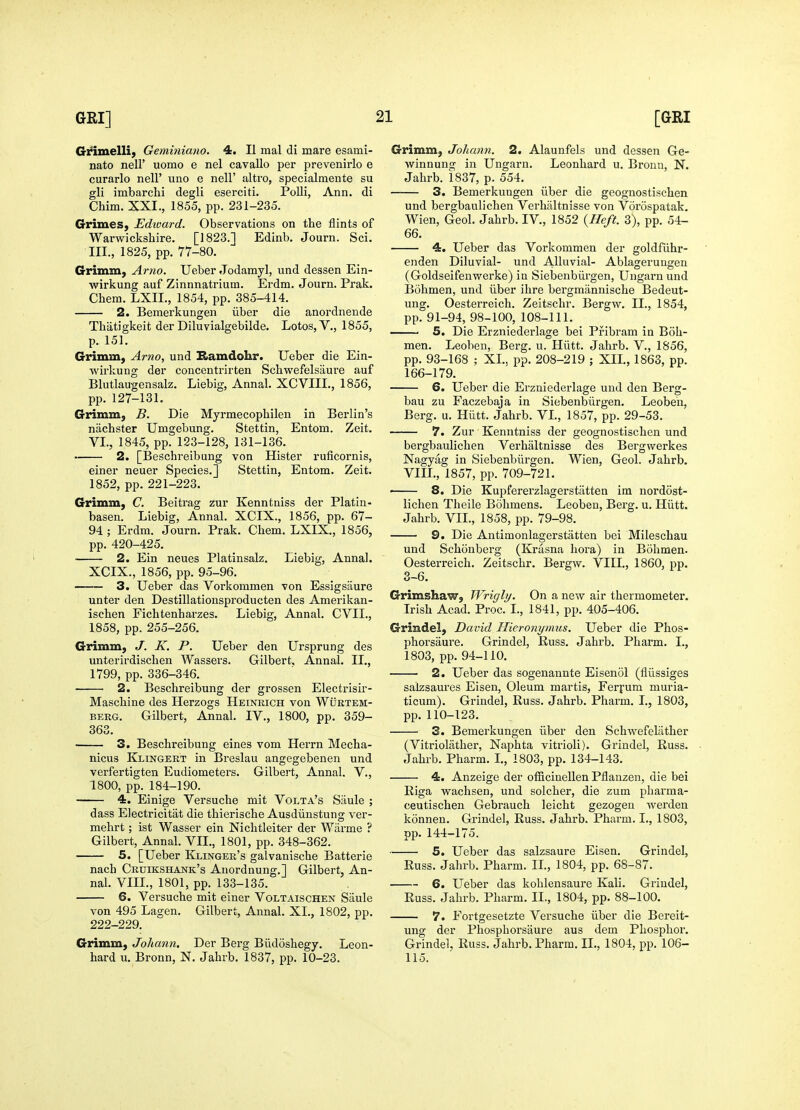 Gi^imellij Gemitiiano. 4. II mal di mare esami- nato neir uomo e nel cavallo per prevenirlo e curarlo nell' uno e nell' altro, specialmente su gli imbarchi degli eserciti. Polli, Ann. di Grimes, Edtcard. Observations on the flints of Warwickshire. [1823.] Edinb. Journ. Sci. Grimm, Arno. Ueber Jodamyl, und dessen Ein- wirkung auf Zinnnatrium. Erdm. Journ. Prak. Chera. LXIL, 1854, pp. 385-414. 2. Bemerkungen iiber die anordnende Thatigkeit der Diluvialgebilde. Lotos, V,, 1855, p. 151. Grimm, Arno, und S>amdohr. Ueber die Ein- wirkung der concentrirten Schwefelsaure auf Blutlaugensalz. Liebig, Annal. XCVIII., 1856, pp. 127-131. Grimm, B. Die Myrmecophilen in Berlin's niichster Umgebung. Stettin, Entom. Zeit. VI., 1845, pp. 123-128, 131-136. 2. [Beschreibung von Hister ruficornis, einer neuer Species.] Stettin, Entom. Zeit. 1852, pp. 221-223. Grimm, C. Beitrag zur Kenntniss der Platin- basen. Liebig, Annal. XCIX., 1856, pp. 67- 94 ; Erdm. Journ. Prak. Chem. LXIX., 1856, pp. 420-425, 2. Ein neues Platinsalz. Liebig, Annal. XCIX., 1856, pp. 95-96. 3. Ueber das Vorkommen von Essigsaure unter den Destillationsproducten des Amerikan- ischen Fichtenharzes. Liebig, Annal. CVIL, 1858, pp. 255-256. Grimm, J. K. P. Ueber den Ursprung des unterirdischen Wassers. Gilbert, Annal. II., 1799, pp. 336-346. 2. Beschreibung der grossen Electrisir- Maschine des Herzogs Heinrich von Wurtem- BERG. Gilbert, Annal. IV., 1800, pp. 359- 363. 3. Beschreibung eines vom Herrn Mecha- nicus Klingeet in Breslau angegebenen und verfertigten Eudiometers. Gilbert, Annal. V., 1800, pp. 184-190. 4. Einige Versuche mit Volta's Siiule ; dass Electricitat die thierische Ausdiinstung ver- mehrt; ist Wasser ein Nichtleiter der Wiirme ? Gilbert, Annal. VIL, 1801, pp. 348-362. 5. [Ueber Klingee's galvanische Batterie nach Cruikshank's Anordnung.] Gilbert, An- nal. VIII., 1801, pp. 133-135. 6. Versuche mit einer Voltaischen Siiule von 495 Lagen. Gilbert, Annal. XL, 1802, pp. 222-229. Grimm, Johann, Der Berg Biidoshegy. Leon- hard u. Bronn, N. Jahrb. 1837, pp. 10-23. Grimm, Johann. 2. Alaunfels und dessen Ge- v/innung in Ungarn. Leonhard u. Bronn, N. Jahrb. 1837, p. 554. 3. Bemerkungen iiber die geognostischen Wien, Geol. Jahrb. IV., 1852 {Heft. 3), pp. 54- 66. 4. Ueber das Vorlcommen der goldfuhr- enden Diluvial- und Alluvial- Ablageruugen (Goldseifenwerke) in Siebenbiirgen, Ungarn und Bohmen, und iiber ihre bergmiinnische Bedeut- ung. Oesterreich. Zeitschr. Bergw. II., 1854, pp. 91-94, 98-100, 108-111. 5. Die Erzniederlage bei Pribram in Boh- men. Leoben, Berg. u. Pliitt. Jahrb. V., 1856, pp. 93-168 ; XL. pp. 208-219 ; XIL, 1863, pp. 166-179. 6. Ueber die Erzniederlage und den Berg- bau zu Faczebaja in Siebenbiirgen. Leoben, Berg. u. Hiitt. Jahrb. VL, 1857, pp. 29-53. 7. Zur Kenntniss der geognostischen und bergbaulichen Verhaltnisse des Bergwerkes Nagyag in Siebenbiirgen. Wien, Geol. Jahrb. VIII., 1857, pp. 709-721. ' 8. Die Kupfererzlagerstiitten im nordost- lichen Theile Bohmens. Leoben, Berg. u. Hiitt. Jahrb. VIL, 1858, pp. 79-98. 9. Die Antimonlagerstiitten bei Mileschau und Schonberg (Krusna hora) in Bohmen. Oesterreich. Zeitschr. Bergw. VIII., 1860, pp. 3-6. Grimshaw, Wrigly. On a new air thermometer. Irish Acad. Proc. I., 1841, pp. 405-406. Grindel, David Hieronymus. Ueber die Phos- phorsaure. Grindel, Euss. Jahrb. Pharm. I., 1803, pp. 94-110. 2. Ueber das sogenannte Eisenol (fliissiges salzsaures Eisen, Oleum martis, Ferfum muria- ticum). Grindel, Russ. Jahrb. Pharm. I., 1803, pp. 110-123. 3. Bemerkungen liber den Schwefeliither (Vitriolather, Naphta vitrioli). Grindel, Russ. Jahrb. Pharm. L, 1803, pp. 134-143. 4. Anzeige der officineUen Pflanzen, die bei Riga wachsen, und solcher, die zum pharma- ceutischen Gebrauch leicht gezogen werden konnen. Grindel, Russ. Jahrb. Pharm. L, 1803, pp. 144-175. 5. Ueber das salzsaure Eisen. Grindel, Russ. Jahrb. Pharm. IL, 1804, pp. 68-87. 6. Ueber das kohlensaure Kali. Grindel, Russ. Jahrb. Pharm. IL, 1804, pp. 88-100. 7. Fortgesetzte Versuche iiber die Bereit- ung der Phosphorsaure aus dem Phosphor. Grindel, Russ. Jahrb. Pharm. IL, 1804, pp. 106- 115.