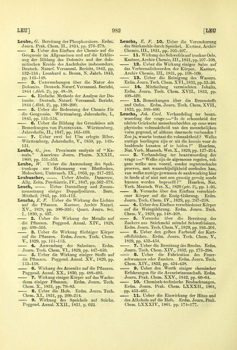 Leube, G. Bereitung der Phosphorsaure. Erdra. Journ. Prak. Chem. II., 1834, pp. 276-278. 2. Ueber den Einfluss der Chemie auf die GeogQosie im Allgemeinen und auf die Erklar- ung der Bildung des Dolomits und der dolo- mitischen Kreide des Aachthales insbesondere. Deutsch. Naturf. Versamml. Bericht, 1842, pp, 132-134; Leonhard u. Bronn, N. Jahrb, 1843, pp. 143-149. 3. Untersuchungen ilber die Natur des Dolomits. Deutsch. Naturf. Versamml. Bericht, 1844 {Abtk. 2), pp. 48-58. • 4. Einfache Methode der Analyse der Do- lomite. Deutsch. Naturf. Versamml. Bericht, 1844 {Abth. 2), pp. 199-200. 5. Ueber die Bedeutung der Chemie filr die Geognosie. Wiirttemberg, Jahreshefte, L, 1845, pp. 153-154. 6. Ueber die Bildung des Grundeises mit Bemerkungen von Plieningek. Wiirttemberg, Jahreshefte, II., 1847, pp. 165-168. 7. Ueber zwei bei Ulm erlegte Biber. Wiirttemberg, Jahreshefte, V., 1850, pp. 149- 151. Leube, G., jun. Proximate analysis of  Ka- mala. American Journ. Pharm. XXXII., 1860, pp. 551-553. Leube, W. Ueber die Anwendung des »Spek- troskops zur Erkennung von Blutflecken. Moleschott, Untersuch. IX., 1863, pp. 217-225. Leubuscher, . Ueber Abulie. Damei'ow, Allg. Zeits. Psychiatric, IV., 1847, pp. 562-578. Leuch, . Ueber Darstellung und Zusani- mensetzung einiger Doppeljodiiren. Bern, Mittheil. 1845, pp. 105-112. Leuchs, E. F. Ueber die Wirkung des Lichtes auf die Pflanzen. Kastner, Archiv Naturl. XV., 1828, pp. 300-305; Quart. Journ. Sci. I., 1830, p. 437. 2. Ueber die Wirkung der Metalle auf die Pflanzen. Poggend. Annal. XIV., 1828, pp. 499-505. 3. Ueber die Wirkung fliichtiger Korper auf die Pflanzen. Erdm. Journ. Tech. Chem. v., 1829, pp. 111-113. 4. Anwendung der Salzsaure. Erdm. Journ. Tech. Chem. VI., 1829, pp. 447-450. 5. Ueber die Wirkung einiger StofFe auf die Pflanzen. Poggend. Annal. XV., 1829, pp. 153-158. 6. Wii-kuBg des Arseniks auf die Pflanzen. Poggend. Annal. XX., 1830, pp. 488-493. 7. Wirkung einiger Korper auf das Wachs- thum einiger Pflanzen. Erdm. Joui'n. Tech. Chem. X., 1831, pp. 79-85. 8. Ueber die Hefe. Erdm. Journ. Tech. Chem. XL, 1831, pp. 209-214. 9. Wirkung des Speichels auf Starke. Poggend. Annal. XXII., 1831, p. 623. Leuchs, E. F. 10. Ueber die Verzuckerung des Starkmehls durch Speichel. Kastnex*, Archiv Chemie, III., 1831, pp; 105-107. 11. Wirkung des Schwefels auf trockne Oele. Kastner, Archiv Chemie, III., 1831, pp. 107-108. 12. Ueber die Wirkung einiger Sake auf das Verbrennlichwerden der Korper. Kastner, Archiv Chemie, III., 1831, pp. 108-109. 13. Ueber die Reinigung des Wassers. Erdm. Journ. Tech. Chem. XVI., 1833, pp. 33-36. 14. Mittheilung vermischten Inhalts. Erdm. Journ. Tech. Chem. XVII., 1833, pp. 409-420. 15. Bemerkungen iiber die Brennstoffe und Oefen. Erdm. Journ. Tech. Chem. XVII., 1833, pp. 389-400. Leuchs, Joh. Carl. Verhandeling ter beant- woording der vrage :—Is de schoonheid der edelste Grieksche menschenbeelden op eene ware physische volmaaktheid van den menschelijken vorm gegrond, of althans daarmede verbonden ? Zoo ja, waarin bestaat die volmaaktheid ? Welke nuttige leerlingen zijn er uit die kennis voor de beeldende kunsten af te leiden ? Haarlem, Nat. Verb. Maatsch. Wet. X., 1820, pp. 127-214. 2. Verhandeling ter beantwoording der vrage :— Welke zijn de aigemeene regelen, voir gens welke men vooraf, zonder regtstreeksche proeven, met waarschijnlijkheid oordeelen kan, van welke nuttige gewassen de aankweeking hier te lande al of niet met een gunstig gevolg zoude kunnen worden beproefd ? Haarlem, Nat. Verb. Maatsch. Wet. X., 1820 (pte. 2), pp. 1-91. 3. Versuche iiber den Einfluss verschied- ener Korper auf die Essig-Gahrung. Erdm. Journ. Tech. Chem. IV., 1829, pp. 247-258. 4. Ueber den Einfluss verschiedener Korper auf die Weingahhrung. Erdm. Journ. Tech. Chem. v., 1829, pp. 148-168. 5. Versuche iiber die Bereitung des Zuckers aus Starkmehl mittelst Schwefelsaure. Erdm. Journ. Tech. Chem. V., 1829, pp. 193-201. 6. Ueber den gelben Farbstoff der Kart- ofFelbliithen. Erdm. Journ. Tech. Chem. V., 1829, pp. 452-454. 7. Ueber die Bereitung des Brodes. Erdm. Journ. Tech. Chem. XIV., 1832, pp. 273-294. 8. Ueber die Fabi'ication des Feuer- schwammes oder Zunders. Erdm. Journ. Tech. Chem. XIV., 1832, pp. 434-438. 9. Ueber den Werth einiger chemischer Erfahrungen fiir die Arzneiwissenschaft. Erdm. Journ. Prak. Chem. XXV., 1842, pp. 60-64. 10. Chemisch-technische Beobachtungen. Erdm. Journ. Prak. Chem. LXXXII., 1861, pp.453-461. 11. Ueber die Einwirkung der Hitze und des Alkohols auf die Hefe. Erdm. Journ. Prak. Chem. LXXXIV., 1861, pp. 174-177.