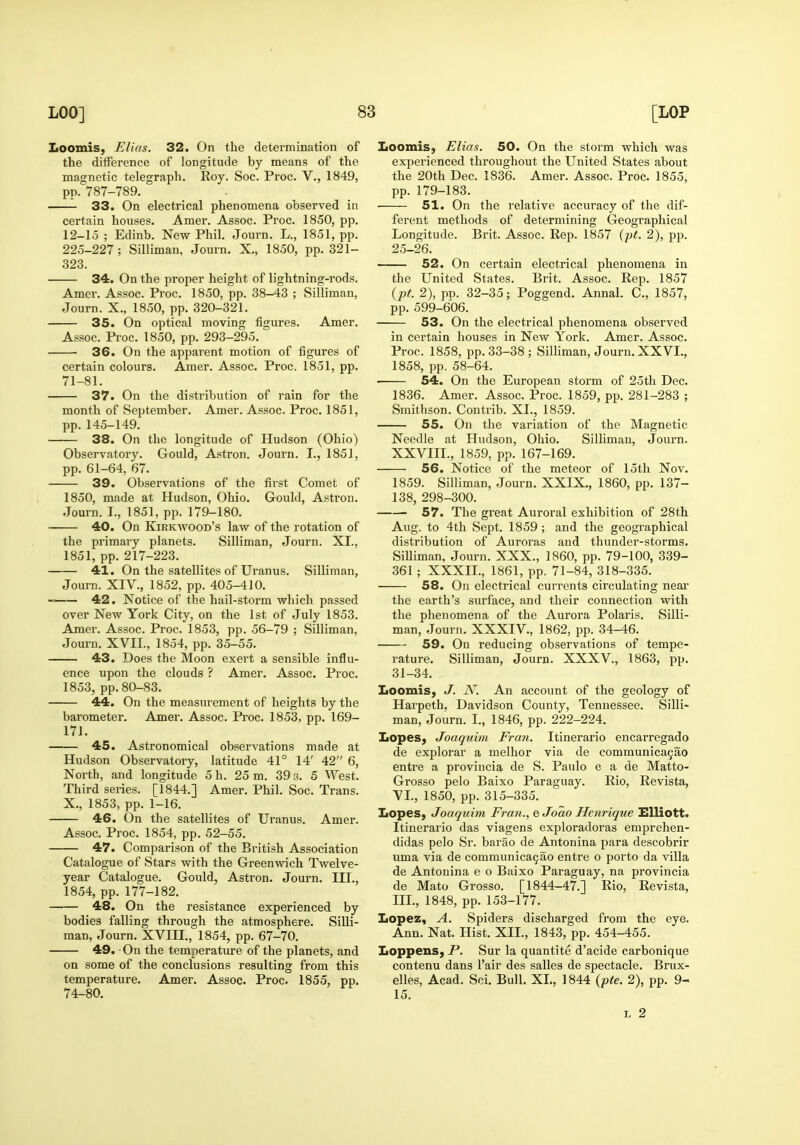 Loomis, Elias. 32. On the determination of the difference of longitude by means of the magnetic telegraph. Eoy. Soc. Proc. V., 1849, pp. 787-789. 33. On electrical phenomena observed in certain houses. Amer. Assoc. Proc. 1850, pp. 12-15 ; Edinb. New Phil. Journ. L., 1851, pp. 225-227; Silliman, Journ. X., 1850, pp. 321- 323. 34. On the proper height of lightning-rods. Amer. Assoc. Proc. 1850, pp. 38-43 ; Silliman, Journ. X., 1850, pp. 320-321. 35. On optical moving figures. Amer. Assoc. Proc. 1850, pp. 293-295. • 36. On the apparent motion of figures of certain colours. Amer. Assoc. Proc. 1851, pp. 71-81. 37. On the distribution of rain for the month of September. Amer. Assoc. Proc. 1851, pp. 145-149. 38. On the longitude of Hudson (Ohio) Observatory. Gould, Astron. Journ. I., 1851, pp. 61-64, 67. 39. Observations of the first Comet of 1850, made at Hudson, Ohio. Gould, Asti'on. Journ. I., 1851, pp. 179-180. 40. On Kirkwood's law of the rotation of the primary planets. Silliman, Journ. XL, 1851, pp. 217-223. 41. On the satellites of Uranus. Silliman, Journ. XIV., 1852, pp. 405-410. — 42. Notice of the hail-storm which passed over New York City, on the 1st of July 1853. Amer. Assoc. Proc. 1853, pp. 56-79 ; Silliman, Journ. XVII., 1854, pp. 35-55. 43. Does the Moon exert a sensible influ- ence upon the clouds ? Amer. Assoc. Proc. 1853, pp. 80-83. 44. On the measurement of heights by the barometer. Amer. Assoc. Proc. 1853, pp. 169- 17J. 45. Astronomical observations made at Hudson Observatory, latitude 41° 14' 42 6, North, and longitude 5 h. 25 m. 39 3. 5 West. Third series. [1844.] Amer. Phil. Soc. Trans. X., 1853, pp. 1-16. 46. On the satellites of Uranus. Amer. Assoc. Proc. 1854, pp. 52-55. 47. Comparison of the British Association Catalogue of Stars with the Greenwich Twelve- year Catalogue. Gould, Astron. Journ. III., 1854, pp. 177-182. 48. On the resistance experienced by bodies falling through the atmosphere. Silli- man, Journ. XVIII., 1854, pp. 67-70. 49. On the temperature of the planets, and on some of the conclusions resulting from this temperature. Amer. Assoc. Proc. 1855, pp. 74-80. Loomis, Elias. 50. On the storm which was experienced throughout the United States about the 20th Dec. 1836. Amer. Assoc. Proc. 1855, pp. 179-183. • 51. On the relative accuracy of the dif- ferent methods of determining Geographical Longitude. Brit. Assoc. Rep. 1857 {pt. 2), pp. 25-26. 52. On certain electrical phenomena in the United States. Brit. Assoc. Rep. 1857 {pt. 2), pp. 32-35; Poggend. Annal. C, 1857, pp. 599-606. 53. On the electrical phenomena observed in certain houses in New York. Amer. Assoc. Proc. 1858, pp. 33-38; Silliman, Journ. XXVI., 1858, pp. 58-64. — 54. On the European storm of 25th Dec. 1836. Amer. Assoc. Proc. 1859, pp. 281-283 ; Smithson. Contrib. XL, 1859. 55. On the variation of the Magnetic Needle at Hudson, Ohio. Silliman, Journ. XXVIIL, 1859, pp. 167-169. 56. Notice of the meteor of 15th Nov. 1859. Silliman, Journ. XXIX., 1860, pp. 137- 138, 298-300. 57. The great Auroral exhibition of 28th Aug. to 4th Sept. 1859; and the geographical distribution of Auroras and thunder-storms. SiUiman, Journ. XXX., 1860, pp. 79-100, 339- 361 ; XXXIL, 1861, pp. 71-84, 318-335. 58. On electrical currents circulating neai' the earth's surface, and their connection with the phenomena of the Aurora Polaris. Silli- man, Journ. XXXIV., 1862, pp. 34-46. 59. On reducing observations of tempe- rature. Silliman, Journ. XXXV., 1863, pp. 31-34. Loomis, J. N. An account of the geology of Harpeth, Davidson County, Tennessee. Silli- man, Journ. L, 1846, pp. 222-224. Lopes, Joaquim Fran. Itinerario encarregado de explorar a melhor via de communicagao entre a provincia de S. Paulo e a de Matto- Grosso pelo Baixo Paraguay. Rio, Revista, VL, 1850, pp. 315-335. Lopes, Joaquim Fran., e Joao Henrique ISlliott. Itinerario das viagens exploradoras emprehen- didas pelo Sr. barao de Antonina para descobrir uma via de communica9ao entre o porto da villa de Antonina e o Baixo Paraguay, na provincia de Mato Grosso. [1844-47.] Rio, Revista, IIL, 1848, pp. 153-177. Lopez, A. Spiders discharged from the eye. Ann. Nat. Hist. XIL, 1843, pp. 454-455. Loppens, P. Sur la quantite d'acide carbonique contenu dans Fair des salles de spectacle. Brux- elles, Acad. Sci. Bull. XL, 1844 {pte. 2), pp. 9- 15. L 2