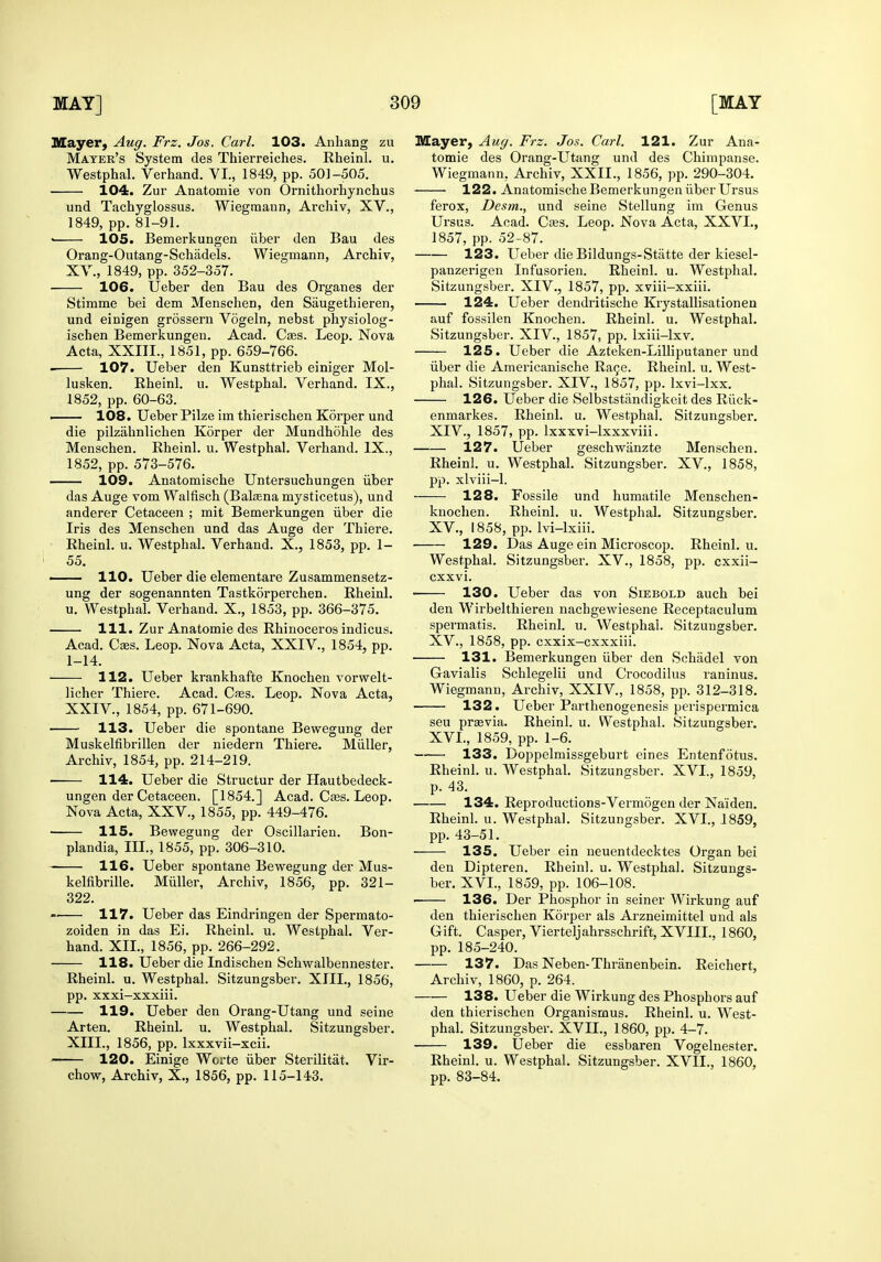 Mayer, Aug. Frz. Jos. Carl. 103. Anhang zu Mater's System des Thierreiches. Eheinl, u. Westphal. Verhand. YI., 1849, pp. 501-505. 104. Zur Anatomie von Ornithorhynchus und Tachyglossus. Wiegmann, Archiv, XV., 1849, pp. 81-91. • 105. Bemerkungen iiber den Bau des Orang-Outang-Schadels. Wiegmann, Archiv, XV., 1849, pp. 352-357. 106. Ueber den Bau des Organes der Stimme bei dem Menschen, den Saugethieren, und einigen grossern Vogeln, nebst physiolog- ischen Bemerkungen. Acad. Caes. Leop. Nova Acta, XXIII., 1851, pp. 659-766. • 107. Ueber den Kunsttrieb einiger Mol- lusken. Rheinl. u. Westphal. Verhand. IX., 1852, pp. 60-63. —— 108. Ueber Pilze im thierischen Korper und die pilzahnlichen Korper der Mundhohle des Menschen. Rheinl. u. Westphal. Verhand. IX., 1852, pp. 573-576. 109. Anatomische Untersuchungen iiber das Auge vom Walfisch (Baleena mysticetus), und anderer Cetaceen ; mit Bemerkungen iiber die Iris des Menschen und das Auge der Thiere. Rheinl. u. Westphal. Verhand. X., 1853, pp. 1- 55. 110. Ueber die elementare Zusammensetz- ung der sogenannten Tastkorperchen. Rheinl. u. Westphal. Verhand. X., 1853, pp. 366-375. 111. Zur Anatomie des Rhinoceros indicus. Acad. Caes. Leop. Nova Acta, XXIV., 1854, pp. 1-14. 112. Ueber krankhafte Knochen vorwelt- licher Thiere. Acad. Caes. Leop. Nova Acta, XXIV., 1854, pp. 671-690. 113. Ueber die spontane Bewegung der Muskelfibrillen der niedern Thiere. Miiller, Archiv, 1854, pp. 214-219. 114. Ueber die Structur der Hautbedeck- ungen der Cetaceen. [1854.] Acad. Ca3s. Leop. Nova Acta, XXV., 1855, pp. 449-476. 115. Bewegung der Oscillarien. Bon- plandia. III., 1855, pp. 306-310. 116. Ueber spontane Bewegung der Mus- kelfibrille. Miiller, Archiv, 1856, pp. 321- 322. » 117. Ueber das Eindringen der Spermato- zoiden in das Ei. Rheinl. u. Westphal. Ver- hand. XIL, 1856, pp. 266-292. 118. Ueber die Indischen Schwalbennester. Rheinl. u. Westphal. Sitzungsber. XIII., 1856, pp. xxxi—xxxiii. 119. Ueber den Orang-Utang und seine Arten. Rheinl. u. Westphal. Sitzungsber. XIIL, 1856, pp. Ixxxvii-xcii. 120. Einige Worte iiber Sterilitat. Vir- chow, Archiv, X., 1856, pp. 115-143. Mayer, Aug. Frz. Jos. Carl. 121. Zur Ana- tomie des Orang-Utang und des Chimpanse. Wiegmann, Archiv, XXII., 1856, pp. 290-304. 122. Anatomische Bemerkungen iiber Ursus ferox, Desm., und seine Stellung im Genus Ursus. Acad. Cses. Leop. Nova Acta, XXVL, 1857, pp. 52-87. 123. LTeber die Bildungs-Stiitte der kiesel- panzerigen Infusorien. Rheinl. u. Westphal. Sitzungsber. XIV., 1857, pp. xviii-xxiii. 124. Ueber dendritische Krystallisationen auf fossilen Knochen. Rheinl. u. Westphal. Sitzungsber. XIV., 1857, pp. Ixiii-lxv. 125. Ueber die Azteken-LiUiputaner und iiber die Americanische RaQe. Rheinl. u. West- phal. Sitzungsber. XIV., 1857, pp. Ixvi-lxx. 126. Ueber die Selbststandigkeit des Riick- enmarkes. Rheinl. u. Westphal. Sitzungsber, XIV. , 1857, pp. Ixxxvi-lxxxviii. 127. Ueber geschwanzte Menschen. Rheinl. u. Westphal. Sitzungsber. XV., 1858, pp. xlviii—1. 128. Fossile und humatile Menschen- knochen. Rheinl. u. Westphal. Sitzungsber, XV. , 1858, pp. Ivi-lxiii, 129. Das Auge ein Microscop. Rheinl. u, Westphal. Sitzungsber. XV., 1858, pp. cxxii- cxxvi. • 130. Ueber das von Siebold auch bei den Wirbelthieren nachgewiesene Receptaculum spermatis. Rheinl. u. Westphal. Sitzungsber. XV. , 1858, pp. cxxix-cxxxiii. 131. Bemerkungen iiber den Schadel von Gavialis Schlegelii und Crocodilus raninus, Wiegmann, Archiv, XXIV., 1858, pp. 312-318, 132. Ueber Parthenogenesis perispermica seu prasvia. Rheinl. u. Westphal. Sitzungsber. XVI. , 1859, pp. 1-6. —— 133. Doppelmissgeburt eines Entenfotus. Rheinl. u. W^estphal. Sitzungsber. XVI., 1859, p. 43. 134. Reproductions-Vermogen der Naiden. Rheinl. u. Westphal. Sitzungsber. XVI., 1859, pp. 43-51. 135. Ueber ein ueuentdecktes Organ bei den Dipteren. Rheinl. u. Westphal. Sitzungs- ber. XVI., 1859, pp. 106-108. 136. Der Phosphor in seiner Wirkung auf den thierischen Korper als Arzneimittel und als Gift. Casper, Vierteljahrsschrift, XVIII., 1860, pp. 185-240. 137. Das Neben-Thranenbein. Reichert, Archiv, 1860, p. 264. 138. Ueber die Wirkung des Phosphors auf den thierischen Organismus. Rheinl. u. West- phal. Sitzungsber. XVII., 1860, pp. 4-7. 139. Ueber die essbaren Vogelnester. Rheinl. u. Westphal, Sitzungsber. XVII., 1860, pp. 83-84.
