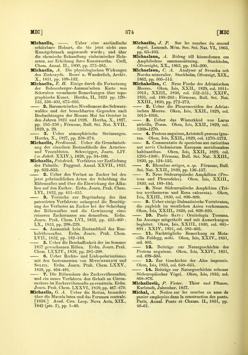 Michaelis, . Ueber eine auslandische schatzbare Holzart, die bis jetzt nicht zum ■Kunstgebrauch angewandt wurde; und iiber die chemiscbe Behandlung einheimischer Holz- arten, zur Evhohung ihres Kunstwerths. Crell, Chem. Annal. II., 1800, pp. 375-385. Michaelis, A. Die physiologischen Wirkungen des Zinkoxyds. Roser u. Wunderlich, Archiv, X., 1851, pp. 109-132. Michaelis, jE. H. Einige durch die Fortsetzung der Bohnenberger-Amman'schen Karte von Schwaben veianlasste BemerkuDgen iiber topo- graphische Kunst. Hertha, IL, 1825 pp. 120- 153, 336-403, 675-695. 2. Barometrisches Nivellement des Schwarz- waldes und der benachbarten Gegenden nach Beobachtungen der Monate Mai bis October in den Jahren 1825 und 1826. Hertha, X., 1827, pp. 195-250 ; Ferussac, Bull. Sei. Nat. XVII., 1829, p. 29. —- 3. Ueber atmospharische Stromungen. Hertha, X., 1827, pp. 258-274. Michaelis, Ferdinand. Ueber die Grundmisch- ung der einzelnen Bestandtheile des Arterien- und Venenblutes. Schweigger, Journ. LIV. (= Jahrb. XXIV.), 1828, pp. 94-100. Michaelis, Friedrich. Verfahren zur Entfarbung des Palmols. Poggend. Annal. XXVII., 1833, pp. 632-633. 2. Ueber den Verlust an Zucker bei den jetzt gebrauchlichen Arten der Scheidung des Kiibensaftes und iiber die Einwirkung der Alka- lien auf den Zucker. Erdm. Journ, Prak. Chem. LVI., 1852, pp. 411-435. 3. Versuche zur Begriindung des ihm patentirten Verfahrens anlangend die Beseitig- ung des Verlustes an Zucker bei der Scheidung des Uiibensaftes und die Gewinnung einer reineren Zuckermasse aus demselben. Erdm. Journ. Prak. Chem. LVI., 1852, pp. 435-460 : LX., 1853, pp. 208-229. 4. Ammoniak kein Bestandtheil des Run- kelriibensaftes. Erdm. Journ. Prak, Chem. LVIL, 1852, pp. 182-184, 5. Ueber die Beschaffenheit der im Sommer 1857 gewachsenen Riiben, Erdm, Journ. Prak. Chem. LXXIV., 1858, pp. 385-398. 6. Ueber Rechts- und Linkspolarisationen mit den Instrumenten von Mitscheelich und SoLEiL. Erdm. Journ, Prak. Chem. LXXV., 1858, pp. 464-481. 7. Die Riibensaure des Zuckerriibensaftes, und ein neues Verfahren den Gehalt an Citron- ensaure im Zuckerriibensafte zu ermitteln. Erdm. Journ. Prak. Chem. LXXVL, 1859, pp. 467-470. Michaelis, G. A. Ueber die Retina, besonders iiber die Macula lutea und das Foramen centrale. [1838.] Acad. Caes. Leop. Nova Acta, XIX,, 1842 {pte. 2), pp. 1-40. Michaelis, J. P. Sur les courbes du second degre. Luxemb. Mem. Soc. Sci. Nat. VI., 1863, pp. 65-105, Michaelson, A, Bidrag till kannedomen om Amphibolens sammansattning. Stockholm, Ofversight, XX., 1863, pp. 195-200. Michaelson, C. A. Analyser af Svenska och Norska mineralier. Stockholm, Ofversigt, XIX., 1862, pp. 505-515. Michahelles, C. Neue Fische des Adriatischen Meeres, Oken, Isis, XXII,, 1829, coh 1011- 1015; XXIIL, 1830, col. 252-255; XXIV., 1831, col. 199-203; Ferussac, Bull. Sci. Nat. XXIIL, 1830, pp. 272-273. — 2. Ueber die Pleuronectiden des Adriat- ischen Meeres. Oken, Isis, XXII., 1829, col. 1015-1016. 3. Ueber das Winterkleid von Larus atricilla, Temm. Oken, Isis, XXIL, 1829, col. 1269-1270. 4. Proteus anguinus,Aristoteli prorsus igno- tus. Oken, Isis, XXIL, 1829, col, 1270-1273. 5. Commentatio de speciebus aut rarioribus aut novis Cheloniorum Europam meridionalem habitantibus. Oken, Isis, XXIL, 1829, col. 1295-1300; Ferussac, Bull. Sci. Nat. XXIIL, 1830, pp. 124-125. 6. Rhombus setiger, n. sp. Ferussac, Bull. Sci. Nat, XXIL, 1830, pp. 136-137. 7. Neue Siideuropiiische Amphibien (Pro- teus und Pleurodeles). Oken, Isis, XXIIL, 1830, col. 189-195. 8. Neue Siideuropaische Amphibien (Tri- ton nycthemerus und Rana calcarata). Oken, Isis, XXIIL, 1830, col. 806-809. ■ 9. Ueber einige Dalmatinische Vertebraten, die zugleich im westlichen Asien vorkommen. Oken, Isis, XXIIL, 1830, col, 809-820, 10. Paolo Savi : Ornitologia Toscana. Im Auszuge mitgetheilt und mit Anmerkungen begleitet. Oken, Isis, XXIIL, 1830, col. 881- 894 ; XXIV., 1831, col, 383-403, 11. Nachtriigliche Bemerkung zu Mota- cilla Feldegg, mihi. Oken, Isis, XXIV., 1831, col, 403, 12. Beitrage zur Naturgeschichte des Proteus anguinus, Oken, Isis, XXIV., 1831, col, 499-505. 13. Zur Geschichte der Alca impennis. Oken, Isis, 1833, col. 648-651. 14. Beitrage zur Naturgeschichte seltener Siideuropaischer Vogel. Oken, Isis, 1833, col. 868-876. ^ Michailovic, P. Victor. Thier und Pflanze. Karlstadt, Jahresber. 1857. Illlichal, A. Notice sur les courbes en ansa de panier employees dans la construction des ponts. Paris, Annal, Ponts et Chauss, II,, 1831, pp. 49-61.