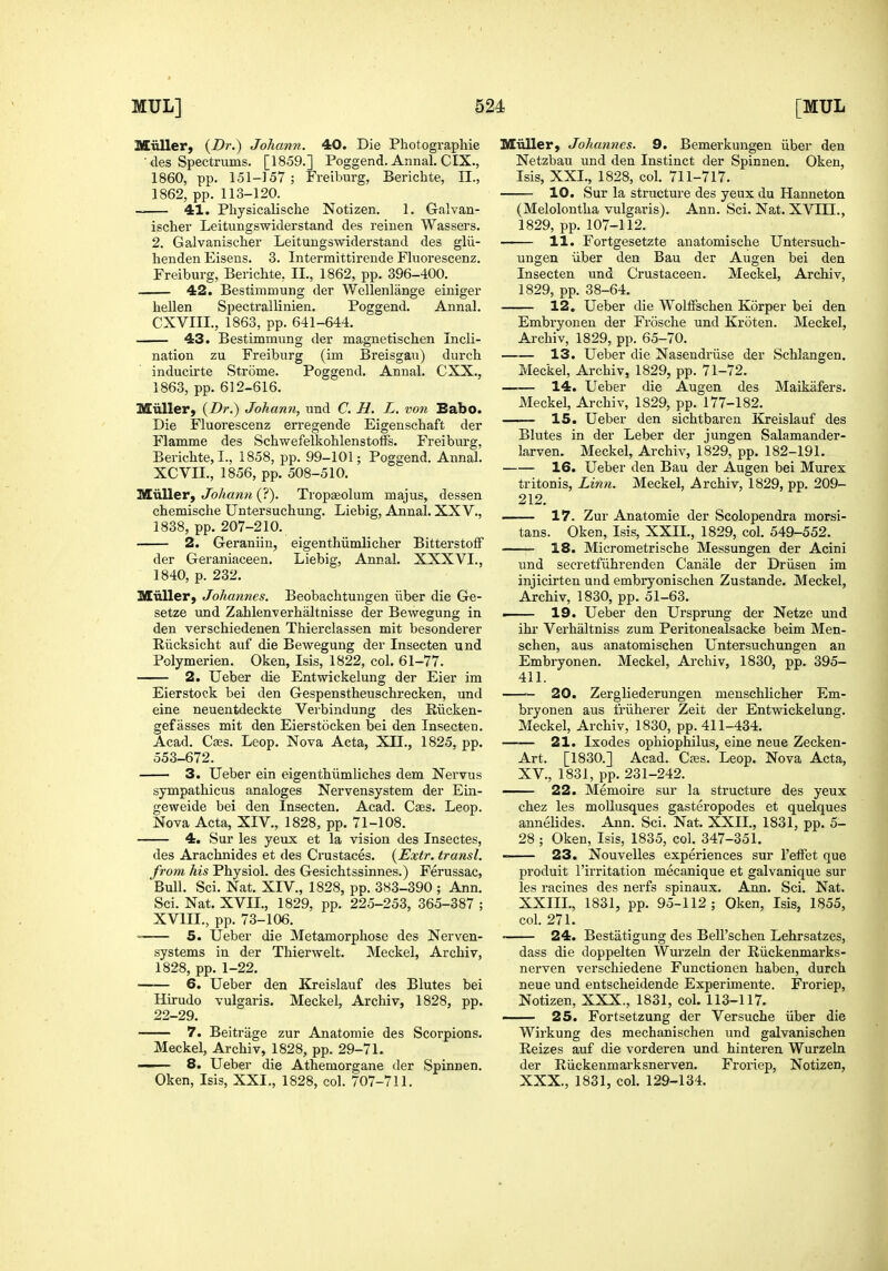 Miiller, {Dr.) Johann. 40. Die Photograpliie 'des Spectrums. [1859.] Poggend. Annal. CIX., 1860, pp. 151-157; Freiburg, Berichte, IL, 1862, pp. 113-120. 41. Physicalische Notizen. 1. Galvan- ischer Leitungswiderstand des reiuen Wassers. 2. Galvanischer Leitungswiderstand des glii- henden Eisens. 3. Intermittirende Fluorescenz. Freiburg, Berichte, II., 1862, pp. 396-400. 42. Bestimmuiig der Wellenlange einiger hellen Spectrallinien. Poggend. Annal. CXVIII., 1863, pp. 641-644. 43. Bestimmung der magnetischen Incli- nation zu Freiburg (im Breisgaii) durcli inducirte Strotae. Poggend, Annal. CXX., 1863, pp. 612-616. Miiller, {Dr.) Johann, und C. H. L. von Babo. Die Fluorescenz erregende Eigenscbaft der Flamme des Schwefelkoblenstoffs. Freiburg, Berichte, I., 1858, pp. 99-101; Poggend. Annal. XCVIL, 1856, pp. 508-510. Miiller, Johann (?). Tropseolum majus, dessen chemische Untersuchung. Liebig, Annal. XXV., 1838, pp. 207-210. 2. Geraniin, eigenthiimlicher BitterstofF der Geraniaceen. Liebig, Annal. XXXVI., 1840, p. 232. Miiller, Johannes. Beobachtungen iiber die Ge- setze und Zahlenverhaltnisse der Bewegung in den verschiedenen Thierclassen mit besonderer Riicksicht auf die Bewegung der Insecten und Polymerien. Oken, Isis, 1822, col. 61-77. 2. Ueber die Entwickelung der Eier im Eierstock bei den Gespenstheuschrecken, und eine neuentdeckte Verbindung des Riicken- gef asses mit den Eierstocken bei den Insecten. Acad. Cffis. Leop. Nova Acta, XII., 1825, pp. 553-672. 3. Ueber ein eigenthiimliches dem Nervus sympathicus analoges Nervensystem der Ein- geweide bei den Insecten. Acad. Cass. Leop. Nova Acta, XIV., 1828, pp. 71-108. 4. Sur les yeux et la vision des Insectes, des Arachnides et des Ci'ustaces. {Extr. transl. from his Physiol, des Gesichtssinnes.) Ferussac, Bull. Sci. Nat. XIV., 1828, pp. 383-390 ; Ann. Sci. Nat. XVII., 1829, pp. 225-253, 365-387 ; XVIII., pp. 73-106. ■ 5. Ueber die Metamorphose des Nerven- systems in der Thierwelt. Meckel, Archiv, 1828, pp. 1-22. 6. Ueber den Kreislauf des Blutes bei Hirudo vulgaris. Meckel, Archiv, 1828, pp. 22-29. 7. Beitrage zur Anatomic des Scorpions. Meckel, Archiv, 1828, pp. 29-71. —— 8. Ueber die Athemorgane der Spinnen. Oken, Isis, XXI,, 1828, col. 707-711. Miiller, Johannes. 9. Bemerkungen iiber den Netzbau und den Instinct der Spinnen. Oken, Isis, XXL, 1828, col. 711-717. 10. Sur la structure des yeux du Hanneton (Melolontha vulgaris). Ann. Sci. Nat. XVIIL, 1829, pp. 107-112. 11. Fortgesetzte anatomische Untersuch- ungen iiber den Bau der Augen bei den Insecten und Crustaceen. Meckel, Archiv, 1829, pp. 38-64. 12. Ueber die WolfFschen Korper bei den Embryonen der Frosche und Kroten. Meckel, Archiv, 1829, pp. 65-70. 13. Ueber die Nasendriise der Schlangen. Meckel, Archiv, 1829, pp. 71-72. 14. Ueber die Augen des Maikafers. Meckel, Archiv, 1829, pp. 177-182. 15. Ueber den sichtbaren Kreislauf des Blutes in der Leber der jungen Salamander- larven. Meckel, Archiv, 1829, pp. 182-191. 16. Ueber den Bau der Augen bei Murex tritonis, Li7in. Meckel, Archiv, 1829, pp. 209- 212. 17. Zur Anatomie der Scolopendra morsi- tans. Oken, Isis, XXII., 1829, col. 549-552. —— 18. Micrometrische Messungen der Acini und secretfiihrenden Canale der Driisen im injicirten und embryonischen Zustande. Meckel, Archiv, 1830, pp. 51-63. . 19. Ueber den Ursprung der Netze und ihr Verhaltniss zum Peritonealsacke beim Men- schen, aus anatomischen Untersuchungen an Embryonen. Meckel, Archiv, 1830, pp. 395- 411. 20. Zergliederungen menschUcher Em- bryonen aus friiherer Zeit der Entwickelung. Meckel, Archiv, 1830, pp. 411-434. 21. Ixodes ophiophilus, eine neue Zecken- Art. [1830.] Acad. Cjbs. Leop. Nova Acta, XV., 1831, pp. 231-242. — 22. Memoire sur la structure des yeux chez les mollusques gasteropodes et quelques annelides. Ann. Sci. Nat. XXIL, 1831, pp. 5- 28 ; Oken, Isis, 1835, col. 347-351. 23. Nouvelles experiences sur I'elFet que produit I'irritation mecanique et galvanique sur les racines des nerfs spinaux. Ann. Sci. Nat. XXIIL, 1831, pp. 95-112; Oken, Isis, 1855, col. 271. 24. Bestatigung des Bell'schen Lehrsatzes, dass die doppelten Wurzeln der Riickenmarks- nerven verschiedene Functionen haben, durch neue und entscheidende Experimente. Froriep, Notizen, XXX., 1831, col. 113-117. —— 25. Fortsetzung der Versuche iiber die Wirkung des mechanischen und galvanischen Reizes auf die vorderen und hinteren Wurzeln der Riickenmarksnerven. Froriep, Notizen, XXX., 1831, col. 129-134.