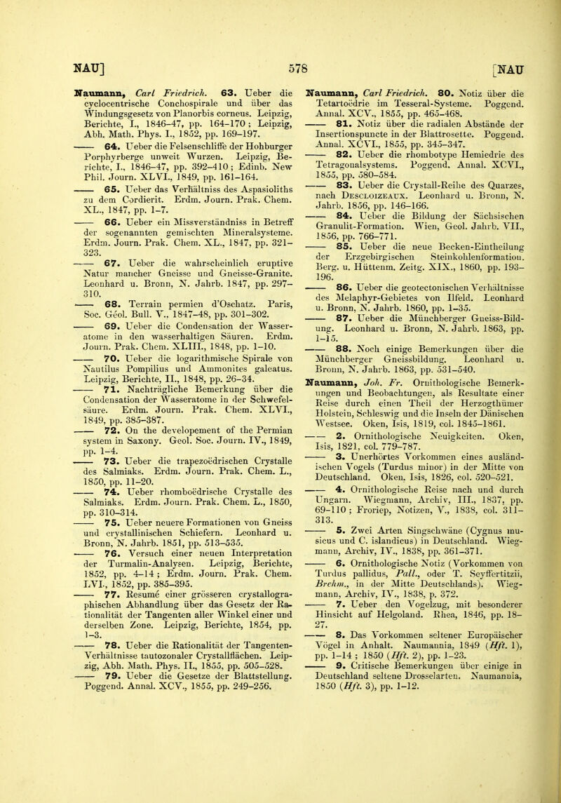 Naumanu, Carl Friedrich. 63. Ueber die cyclocentrische Conchospirale und iiber das Windungsgesetz von Planorbis corneus. Leipzig, Berichte, I., 1846-47, pp. 164-170 ; Leipzig, Abh. Math. Phys. I., 1852, pp. 169-197. 64. L^eber die Felsenschliffe der Hohburger Porphyrberge unweit Wurzen. Leipzig, Be- richte, L, 1846-47, pp. 392-410; Edinb. New Phil. Journ. XLVL, 1849, pp. 161-164. 65. LTeber das Vei'Mltniss des Aspasioliths zu detn Cordierit. Erdm. Journ. Prak, Chem. XL., 1847, pp. 1-7. 66. Ueber ein MissTerstandniss in Betreff der sogenannten geinischten Mineralsysteme. Erdm. Journ. Prak. Chem. XL., 1847, pp. 321- 323. 67. Ueber die wahrscheinlich eruptive Natur mancher Gneisse und Gneisse-Granite. Leonhard u. Bronn, N. Jahrb. 1847, pp. 297- 310. ' 68. Terrain permien d'Oschatz. Paris, Soc. Geol. Bull. V., 1847-48, pp. 301-302. 69. Ueber die Condensation der Wasser- atome in den wasserhaltigen Siiuren. Erdm. Journ. Prak. Chem. XLIIL, 1848, pp. 1-10. 70. Ueber die logarithmische Spirale von Nautilus Pompilius und Ammonites galeatus. Leipzig, Berichte, II., 1848, pp. 26-34. 71. Nachtriigliche Bemerkung iiber die Condensation der Wasseratome in der Schwefel- saure. Erdm. Journ. Prak. Chem. XLVI., 1849, pp. 385-387. 72. On the developement of the Permian system in Saxony. Geol. Soc. Journ. IV., 1849, pp. 1-4. — 73. Ueber die trapezoedrischen Crystalle des Salmiaks. Erdm. Journ. Prak. Chem. L., 1850, pp. 11-20. 74. Ueber rhomboedrische Crystalle des Salmiaks. Erdm. Journ. Prak. Chem. L., 1850, pp. 310-314. 75. Ueber neuere Formationen von Gneiss und crystallinischen Schiefern. Leonhard u. Bronn,N. Jahrb. 1851, pp. 513-535. 76. Versuch einer neuen Interpretation der Turmalin-Analysen. Leipzig, Berichte, 1852, pp. 4-14 ; Erdm. Journ. Prak. Chem. LVI., 1852, pp. 385-395. 77. Resume einer grosseren crystallogra- phischen Abhandlung iiber das Gesetz der Rar- tionalitat der Tangenten aller Winkel einer und derselben Zone. Leipzig, Berichte, 1854, pp. 1-3. 78. Ueber die Rationalitiit der Tangenten- Verhiiltnisse tautozonaler Crystallflachen. Leip- zig, Abh. Math. Phys. II., 1855, pp. 505-528. 79. Ueber die Gesetze der Blattstellung. Poggend. Annal. XCV., 1855, pp. 249-256. Naumann, Carl Friedrich. 80. Notiz iiber die Tetartoedrie im Tesseral-Systeme. Poggend. Annal. XCV., 1855, pp. 465-468. 81. Notiz iiber die radialen Abstande der Insertionspuncte in der Blattrosette. Poggend. Annal. XCVL, 1855, pp. 345-347. 82. Ueber die rhombotype Hemiedrie des Tetragonalsvstems. Poggend. Annal. XCVL, 1855, pp. 580-584. 83. Ueber die Crystall-Reihe des Quarzes, nach Descloizeaux. Leonhard u. Bronn, N. Jahrb. 1856, pp. 146-166. 84. Ueber die Bildung der Siichsischen Granulit-Formation. Wien, Geol. Jahrb. VII., 1856, pp. 766-771. 85. Ueber die neue Becken-Eiutheilung der Erzgebirgischen Steinkohlenformatiou. Berg. u. Huttenm, Zeitg. XIX., 1860, pp. 193- 196. 86. Ueber die geotectonisclien Verhaltnisse des Melaphyr-Gebietes von Ilfeld. Leonhard u. Bronn, N. Jahrb. 1860, pp. 1-35. 87. Ueber die Miinchberger Gueiss-Bild- ung. Leonhard u. Bronn, N. Jahrb. 1863, pp. 1-15. 88. Noch einige Bemerkungen iiber die Miinchberger Gneissbildung, Leonhard u. Bronn, N. Jahrb. 1863, pp. 531-540. Naumauu, Joh. Fr. Oruithologische Bemerk- ungen und Beobaclitungen, als Resultate einer Reise durch einen Theil der Herzogthiimer Holstein, Schleswig und die In.'^eln der Danischen Westsee. Oken, Isis, 1819, col. 1845-1861. 2. Ornithologische Neuigkeiten. Oken, Isis, 1821, col. 779-787. 3. Unerhortes Vorkommen eines ausland- ischen Vogels (Tardus minor) in der Mitte von Deutschland. Oken, Isis, 1826, col. 520-521. 4. Ornithologische Reise nach und durch Ungarn. Wiegmann, Archiv, III., 1837, pp. 69-110; Froriep, Notizeii, V., 1838, col. 311- 313. 5. Zwei Arten Singschwane (Cygnus mu- sicus und C. islandicus) in Deutschland. Wieg- mann, Archiv, IV., 1838, pp. 361-371. 6. Ornithologische Notiz (Vorkommen von Turdus pallidus, Pall., oder T. Seyff'crtitzii, Brehm., in der Mitte Deutsehlands). Wieg- mann, Archiv, IV., 1838, p. 372. 7. Ueber den Vogelzug, mit besonderer Hinsicht auf Helgoland. Rhea, 1846, pp. 18- 27. 8. Das Vorkommen seltener Europiiischer Vogel in Anhalt. Naumannia, 184.9 {Hft. 1), pp. 1-14 ; 1850 {Hft. 2), pp. 1-23. — 9. Critische Bemerkungen iiber einige in Deutschland seltene Drosselarten. Naumannia, 1850 {Hft. 3), pp. 1-12.