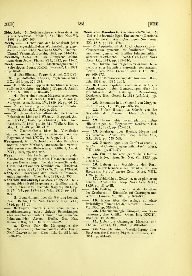 y sns cercanias. Madrid, An. Hist. Nat. VI., Pflanze eigenthiimlichen Wahlanziehung gegen die ihr zutniglichen Nahruncs-StofFe. Deutsch. Naturf. Versamml. Bericht/l842, pp. 314-318. Needles, Caleb H. On Juniperus sabina. Ueef, . [Ueber Eiectromagnetismus.] Schweigger, Journ. XXXI. {=Jahrb.l.\ 1821, 1835, pp. 352-365; Dingier, Polytecim. Journ. 3. [Sternschnuppen-Beobachtungen ange- stellt zu Frankfurt am Main.] Poggend. Annal. XXXIX., 1836, pp. 357-363. 4. Ueber einen nenen Magnetelectromotor. Poggend. Annal. XLVI., 1839, pp. 104-108 ; Sturgeon, Ann. Electr. IV., 1839-40, pp. 66-70. 5. Verbesserung am Magnetelectromotor. 6. Ueber das Verhaltniss der electrischen Polaritat zu Licht und Wiirme. Poggend. An- nal. LXIV., 1845, pp. 414-434 ; Bibl. Univ. Archives, I., 1846, pp. 30-52 ; Walker, Electr. Mag. II., 1846, pp. 401-417. 7. Nachtrjigliches iiber das Verhaltniss der electrischen Polaritat zu Licht und Wiirme. Ifeergaard, H. Nachricht von des Dr. Car- BONELL neuer Methode, anzustreichen vermit- telst Serum oder Blutwassers. Gilbert, Annal. XVI., 1804, pp. 253-256. IJees, . Merkwiirdige Verunstaltung der Gliedmassen aus gichtischen Ursachen ; sammt einigen Bemorkungen iiber das Wesentliche der Gicht und vervvandter Krankheiten. Hufeland, Journ. Arzn. XVI., 1803 {Hft. 2), pp. 173-216. Nees, Fr. Uebergang der Thiere in Pflanzeu, und umgekehrt. Oken, Isis, 1818, col. 306. ]]?ees von Esenbeck, Christian Gottfried. Ich- neumonides adsciti in genera et familias divisi. Berlin, Ges. Nat. Freunde Mag. V., 1811, pp. 3-37 ; VI., pp. 183-221 ; VII., 1816, pp. 243- 277. 2. Bemerkungen iiber die Gattung Lemna, Lin. Berlin, Ges. Nat. Freunde Mag. VII., 1816, pp. 15-24. • 3. Lapton femoralis, cine neue Ichneu- monidengattung, nebst einigen Bemerkungen iiber verschiedene unter Ophion, Fabr., stehende Ichneumoniden - Arten. Berlin, Ges. Nat. Freunde Mag. VII., 1816, pp. 45-52. 4. Etwas iiber die Monographic der Schlupfwespen (Ichneumonoides) des Herrn Prof. Gravenhokst. Okeu, Isis, I., 1817, col. 1233-1243. Ueber die bartmiindigen Enzianarten (GentianiB • 6. Appendix ad J. L. C. Gravenhokst : Conspecturn generum et famlliarum Ichneu- mouidum, genera et familias Ichneumonidum adscitorum exhibens. Acad. Ca;s. Leop. Nova 7. Duvalia, novum genus ex ordiue Hepa- ticorum cum Hepaticis elateratis coraparatum. 8. Die Fresswerkzeuge der Insecten. Oken. 9. Chara capitata, eine neue Art von Armleuchter, nebst Bemerkungen iiber die Fruchttheile der Gattung. Kegensburg, Denkschr. Bot. Gesell. I., 1818 {Abth. 2), pp. 64-83. 10. Excursion in die Gegend von Muggen- dorf. Flora, II., 1819, pp. 289-304. Sexualitiit der Pflanzen. Flora, IV., 1821, pp. 1—44. 12. Hornschuchia, novum plantarum Bra- silieusium genus. Regeusburg, Denkschr. Bot. Gesell. II., 1822, pp. 159-164. 13. Nachtrag iiber Byssus, Hypha und Xylostroraa. Acad. Cass. Leop. Nova Acta, 14. Bemerkungen iiber Conferva coactilis, Sauter, und Conferva ajgagropila, Auct. Flora, VII., 1824, pp. 273-277. 15. Sur uu nouveau genre de la famille • des Gesneriees. Ann. Sci. Nat. VI., 1825, pp. 290-299. 16. Beitrag zur Geschichte der Fort- schritte in der Kenntniss der Farrnkriiuter, von Bruxeees bis auf unsere Zeit. Flora, VIIL, 17. Fridericia et Zollernia, nova plantarum genera. Acad. Cxs. Leop. Nova Acta, XIII., 1826, pp. vii-xviii. 18. Beitrag zur Kenntniss der Familien der Restiaceen in Riicksicht auf Gattungen und Arten. Linnsa, V., 1830, pp. 627-666. 19. Etwas iiber die Anlage zu einer dreizahligen Frucht bei den Griisern. Linntea, v., 1830, pp. 679-681. 20. Ichneumonologia Europaea, von Gra- veniiorst, eine Critik. Oken, Isis, XXIIL, 1830, col. 1210-1222. 21. Ueber die Gattungen Maranta und Thalia. Linn£ea, VI., 1831, pp. 303-342. 22. Versuch einer Verstiindigung iiber die Arten der Gattung Physalis. Linnaea, VI., 1831, pp. 431-483.