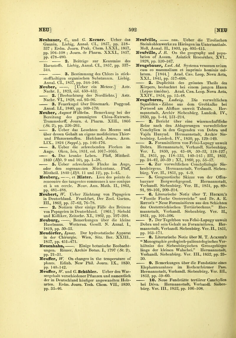 ITenbauer, C, und G. Kerner. Ueber das Guanin. Liebig, Annal. CI., 1857, pp. 318- 337 ; Erdm. Journ. Prak, Chem. LXXI., 1857, pp. 104-108 ; Journ. de Pharm. XXXI., 1857, pp. 478-480. 2. Beitrage zur Kenntniss des Harnstoffs. Liebig, Annal. CI., 1857, pp. 337- 344. —— 3. Bestimmung des Chlors in stick- stoffhaltigen organischen Substanzen. Liebig, Annal. CL, 1857, pp. 344-346. Neuber, . [Ueber ein Meteor.] Astr. Nachr. L, 1823, col. 450-452. 2. [Beobachtung des Nordlichts.] Astr. Nachr. VI., 1828, col. 93-96. 3. Feuerkugel iiber Danemark. Poggend. Annal. LI., 1840, pp. 169-170. Neuber, August Wilhelm. Bemerkung bei der Bereitung des gummigten China-Extracts. TrommsdorflF, Journ. d. Pharm. XIIL, 1805 {St. 2), pp. 256-261. 2. Ueber das Leuchten des Meeres und iiber dessen Gehalt an eigens modificirten Thier- und Pflanzenstoffen. Hufeland, Journ. Arzn. LIX., 1824 {SttppL), pp. 146-176. —— 3. Ueber die schwebenden Flecken im Auge. Oken, Isis, 1831, col. 1017-1035. —— 4. Das kranke Leben. PfalF, Mittheil. Neufville, voji. Ueber die Tirolischen 1840 {Hft. 9 und 10), pp. 1-38. 5. Ueber schwebende Flecke im Auge^ oder den sogenannten Miickentanz. Pfaff, Mittheil. 1840 {Hft. 11 und 12), pp. 1-45. ITeuberg, , et Mister. Lieu des points de rencontre des tangentes communes a une conique et a un cercle. Nouv, Ann. Math. II., 1863, pp. 481-488. Neubert, TV. Ueber Ziichtung von Papageien in Deutschland. Frankfurt, Der Zool. Garten, III., 1862, pp. 57-62, 76-78. —— 2. Notizen iiber einige Falle des Briitens von Papageien in Deutschland. [1861.] Siebold und KoUiker, Zeitschr. XL, 1862, pp. 197-204. JBTeuburg, . Bemerkungen iiber die kleine Haselmaus. Wetterau. Gesell. N. Annal. I., 1819, pp. 50-55. Neudorfer, Ignaz. Der hydrostatische Apparat in der Chirurgie. Wien, Sitz. Ber, XXIIL, 1857, pp. 431-471. Neuenhahn, . Einige botanische Beobacht- ungen. Romer, Archiv Botan. I,, 1797 {St. 2), pp. 21-31. Neuffer, W. On changes in the temperature of plants. Edinb. New Phil. Journ. IX., 1830, pp. 140-142. NeufFer, W. und G. Schiibler. Ueber den Was- sergehalt verschiedener Pflanzen und namentlich der in Deutschland hiiufiger angewandten Holz- arten. Erdm. Journ. Tech. Chem. VIL, 1830, pp. 35-46. Steinkohlenwerke zu Haringen im Unterinnthale. MoU, Anna]. II., 1803, pp. 405-415. Heufville, J. B. On the geography and popu- lation of Assam. Asiatick Researches, XVI., 1828, pp. 330-347. Neugebauer, Lud. Ad. Systema venosum avium cum eo mammalium et imprimis hominis col- latum. [1844.] Acad. Cass. Leop, Nova Acta, XXL, 1845, pp. 517-698. 2. Duplicitiit des grossten Theils des Korpers, beobachtet bei einem jungen Hasen (Lepus timidus). Acad. Ca3S, Leop. Nova Acta, XXIV., 1854, pp. J 5-48. Neugeboreiij Ludwig. Die vorweltlichen. Squaliden - Zahne aus dem Grobkalke bei Portsesd am Altfluss unweit Talmats. Her- mannstadt, Archiv Siebenbiirg. Landesk. IV., 1850, pp. 1-44, 151-214. 2. Bericht iiber eine wissenschaftliche Reise nach den Ablagerungen vorweltlicher Conchylien in den Gegenden von Dobra und Vajda Hunyad. Hermannstadt, Archiv Sie- benbiirg. Landesk. IV., 1850, pp. 129-149. 3. Foraminiferen von Felso-Lapugy unweit Dobra. Hermannstadt, Verhandl. Siebenbiirg. Ver. L, 1850, pp. 43-48, 50-53, 118-127; IL, 1851, pp. 118-133, 140-145 ; III., 1852, pp. 34-42, 50-59 ; XL, 1860, pp. 55-57. 4. Zur vorweltlichen Conchyliologie Sie- benbiirgens. Hermannstadt. Verhandl. Sieben- biirg. Ver. IL, J 851, pp. 4-9. 5. Geognostische Skizze von der Offen- banyaer Bergwerkgegend. Hermannstadt, Verhandl. Siebenbiii'g. Ver. IL, 1851, pp. 89- 91, 99-101, 209-214. 6. Literarische Notiz iiber T. Heckel's  Fossile Fische Oesterreichs und Dr. A. E. Reuss's  Neue Foraminiferen aus den Schichten des Oesterreichischen Tertiarbeckens. Her- mannstadt, Verhandl. Siebenbiirg. Ver. IL, 1851, pp. 101-106. —- 7. Der Tegelthon von Felso-Lapugy unweit Dobra und sein Gehalt an Foraminiferen. Her- mannstadt, Verhandl. Siebenbiirg. Ver. IL, 1851, pp. 163-171. 8. Literarische Notiz iiber M. T. Acknee's  Monographic geologisch-palaontologisches Ver- bal tniss des Siebenbiirgisclien Grenzgebirges langs der kleinen Walachei. Hermannstadt, Verhandl. Siebenbiirg. Ver. IIL, 1852, pp. 23- 30. . 9. Bemerkungen iiber die Fundstatte eines Elephantenzahnes im Rothenthiirmer Pass. Hermannstadt, Verhandl. Siebenbiirg. Ver. III., 1852, pp. 59-60. —— 10. Neue Fundstatte tertiiirer Conchylien bei Deva. Hermannstadt, Verhandl. Sieben- biirg. Ver. IIL, J852, pp. 106-108.