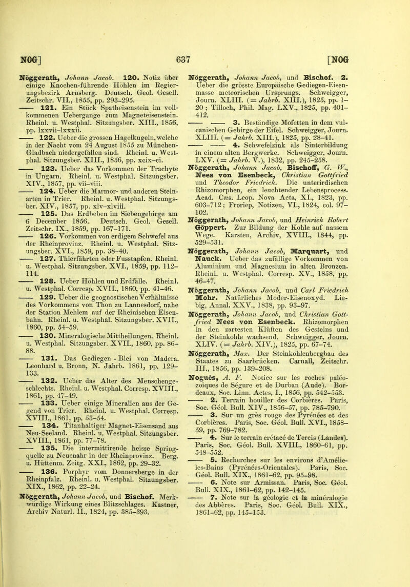 Ifoggerath, Johann Jacob. 120. Notiz iiber einige Knochen-fiihrende Hohlen im Regier- ungsbezirk Arnsberg. Deutsch. Geol. Gesell. Zeitschr. VII., 1855, pp. 293-295. • 121. Ein Stuck Spatheisenstein im voll- kotnmenen Uebergange zum Magneteisenstein. Rheinl. u. Westplial. Sitzungsber. XIII., 1856, pp. Ixxvii-lxxxii. 122. Ueber die grossen Hagelkugeln,welche in der Nacht vom 24 August 1855 zu Miinchen- Gladbach niedergefallen sind. Rheinl. u. West- phal. Sitzungsber. XIII., 1856, pp. xcix-ci. 123. Ueber das Vorkommen der Trachyte in Ungarn. Rheinl. u. Westphal. Sitzungsber. XIV., 1857, pp. Yii-viii. 124. Ueber die Marmor- und anderen Stein- arten in Trier. Rheinl. u. Westphal. Sitzungs- ber. XIV., 1857, pp. xlv-xlviii. —— 125. Das Erdbeben im Siebengebirge am 6 December 1856. Deutsch. Geol. Gesell. Zeitschr. IX., 1859, pp. 167-171. 126. Vorkommen von erdigem Schwefel aus der Rheinprovinz. Rheinl. u. Westphal. Sitz- ungsber. XVI., 1859, pp. 38-40. 127. Thierfahrten oder Fusstapfen. Rheinl. u. Westphal. Sitzungsber. XVI., 1859, pp. 112- 114. 128. Ueber Hohlen und Erdfalle. Rheinl. u. Westphal. Corresp. XVII., 1860, pp. 41-46, 129. Ueber die geognostischenVerhaltnisse des Vorkommeus von Thon zu Lannesdorf, nahe der Station Mehlem auf der Rheinischen Eisen- bahn. Rheinl. u. Westphal. Sitzungsber. XVII., 1860, pp. 54-59. 130. MineralogischeMittheilungen. Rheinl. u. Westphal. Sitzungsber. XVII., 1860, pp. 86- 88. 131. Das Gediegen - Blei von Madera. Leonhard u. Bronn, N. Jahrb. 1861, pp. 129- 133. 132. Ueber das Alter des Menschenge- schlechts. Rheinl. u. Westphal. Corresp. XVIII., 1861, pp. 47-49. 133. Ueber einige Mineralien aus der Ge- gend von Trier. Rheinl. u. Westphal. Corresp. XVIII., 186L pp. 5.3-54. 134. Titanhaltiger Magnet-Eisensand aus Neu-Seeland. Rheinl. u. Westphal. Sitzungsber. XVIII. , 1861, pp. 77-78. 135. Die intermittirende heisse Spring- quelle zu Neuenahr in der Rheinprovinz. Berg, u. Hiittenm. Zeitg. XXL, 1862, pp. 29-32. 136. Porphyr vom Donnersberge in der Rheinpfalz. Rheinl. u. Westphal. Sitzungsber. XIX. , 1862, pp. 22-24. Noggerath, Jo/«a«?i t/aco6, und Bischof. Merk- ■wiirdige Wirkung eines Blitzschlages. Kastner, Archiv Naturl. II., 1824, pp. 385-393. Noggerath, Johann Jacob, und Bischof. 2. Ueber die grosste Europaische Gediegen-Eisen- masse meteorischen Ursprungs. Schweigger, Journ. XLITI. (= Jahrb. XIII.), 1825. pp. 1- 20 ; Tilloch, Phil. Mag. LXV., 1825, pp. 401- 412. • 3. Bestandige Mofetten in dem vul- canischen Gebirge der Eifel. Schweigger, Journ. XLIII. (= Jahrb. Xm.), 1825, pp. 28-41. 4. Schwefelzink als Sinterbildung in einem alten Bergwerke. Schweigger, Journ. LXV. (= Jahrb. V.), 1832, pp. 245-258. Noggerath, Joharin Jacob, BischofF, G. W., ITees von Esenbeck, Christian Gottfried und Theodor Friedrich. Die unterirdischen Rhizomorphen, ein leuchtender Lebensprocess. Acad. Cajs. Leop. Nova Acta, XL, 1823, pp. 603-712; Froriep, Notizen, VL, 1824, col. 97- 102. Noggerath, Johann Jacob, und Heinrich Robert Goppert. Zur Bildung der Kohle auf nassem Wege. Karsten, Archiv, XVIIL, 1844, pp. 529-531. Noggerath, Johann Jacob, Marquart, und Nauck. Ueber das zufallige Vorkommen von Aluminium und Magnesium in alten Bronzen. Rheinl. u. Westphal. Corresp. XV., 1858, pp. 46-47. Noggerath, Johanyi Jacob, und Carl Friedrich Mohr. Natiirliches Moder-Eisenoxyd. Lie- big, Annal. XXV., 1838, pp. 93-97. Noggerath, Joliann Jacob, und Christian Gott- fried Nees von Esenbeck. Rhizomorphen in den zartesten Kliiften des Gesteius und der Steinkohle wachsend. Schweigger, Journ. XLIV. (= Jahrb. XIV.), 1825, pp. 67-74. Noggerath, Max. Der Steinkohlenbergbau des Staates zu Saarbriicken. Carnall, Zeitschr. III., 1856, pp. 139-208. Nogues, A. F. Notice sur les roches paleo- zoiques de Segure et de Durban (Aude). Bor- deaux, Soc. Linn. Actes, I., 1856, pp. 542-553. 2. Terrain houiller des Corbieres. Paris, Soc. Geol. Bull. XIV., 1856-57, pp. 785-790. 3. Sur un gres rouge des Pyrenees et des Corbieres. Paris, Soc. Geol. Bull. XVI., 1858- 59, pp. 769-782. 4. Sur le terrain cretace de Tercis (Landes). Paris, Soc. Geol. Bull. XVIIL, 1860-61, pp. 548-552. 5. Recherches sur les environs d'Amelie- les-Bains (Pyrenees-Orientales). Paris, Soc. Geol. Bull. XIX., 1861-62, pp. 95-98. 6. Note sur Armissan. Paris, Soc. Geol. Bull. XIX., 1861-62, pp. 142-145. 7. Note sur la geologic et la mineralogie des Abberes. Paris, Soc. Geol. Bull. XIX., 1861-62, pp. 145-153.