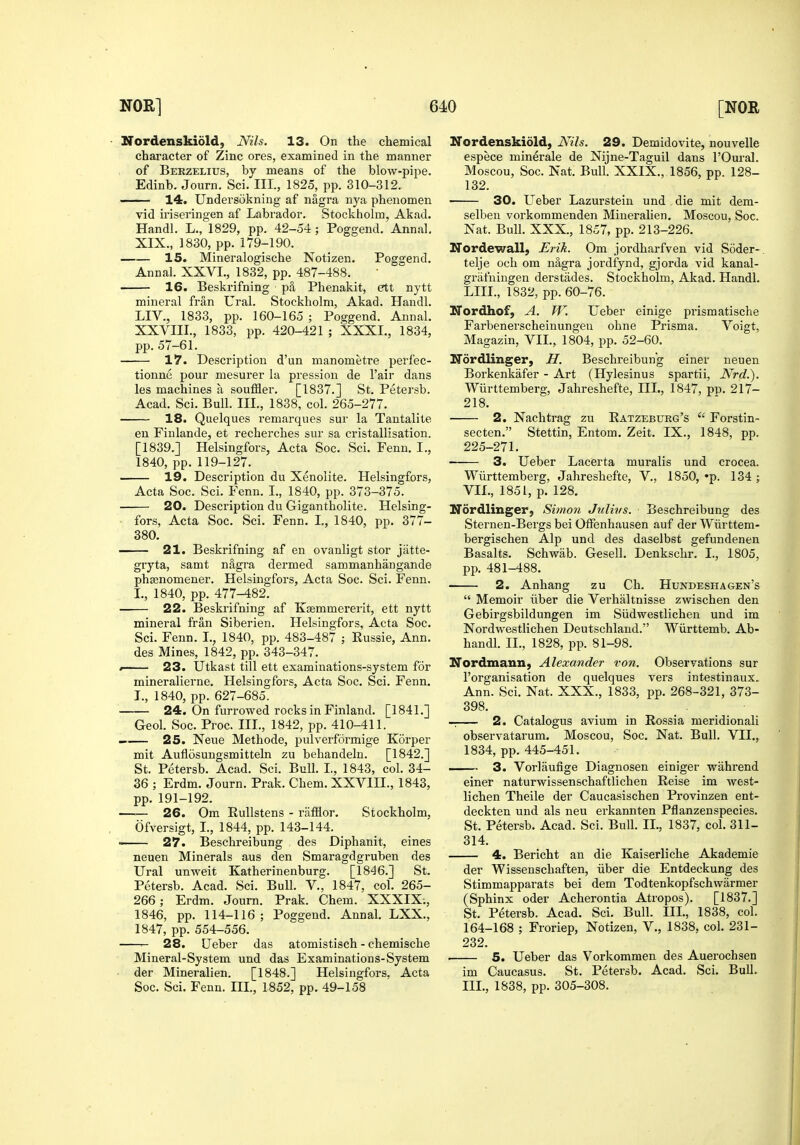 • Nordenskiold, Nils. 13. On the chemical character of Zinc ores, examined in the manner of Berzelius, by means of the blow-pipe. Edinb. Journ. Sci. III., 1825, pp. 310-312. — 14. Undersokning af nagra nya phenomen vid iriseringen af Labrador. Stockholm, Akad. Hand]. L., 1829, pp. 42-54 ; Poggend. Anna!. XIX., 1830, pp. 179-190. 15. Mineralogische Notizen. Poggend. Annal. XXVI., 1832, pp. 487-488. 16. Beskrifning pa Phenakit, ett nytt mineral fran Ural. Stockholm, Akad. Handl. LIV., 1833, pp. 160-165 ; Poggend. Annal. XXVIII., 1833, pp. 420-421 ; XXXI., 1834, pp. 57-61. 17. Description d'un manometre perfec- tionne pour mesurer la pression de I'air dans les machines a souffler. [1837.] St. Petersb. Acad. Sci. Bull. III., 1838, col. 265-277. 18. Quelques remarques sur la Tantalite en Finlande, et recherches sur sa cristallisation. [1839.] Helsingfors, Acta Soc. Sci. Fenn. I., 1840, pp. 119-127. 19. Description du Xenolite. Helsingfors, Acta Soc. Sci. Fenn. I., 1840, pp. 373-375. 20. Description du Gigantholite. Helsing- fors, Acta Soc. Sci. Fenn. I,, 1840, pp. 377- 380. —— 21. Beskrifning af en ovanligt stor jatte- gryta, samt n&gra dermed sammanhangande phasnomener. Helsingfors, Acta Soc. Sci. Fenn. I., 1840, pp. 477-482. —— 22. Beskrifning af Ksemmererit, ett nytt mineral fran Siberien. Helsingfors, Acta Soc. Sci. Fenn. I., 1840, pp. 483-487 ; Russie, Ann. des Mines, 1842, pp. 343-347. t 23. Utkast till ett examinations-system for mineralierne. Helsingfors, Acta Soc. Sci. Fenn. I., 1840, pp. 627-685. 24. On furrowed rocks in Finland. [1841.] Geol. Soc. Proc. III., 1842, pp. 410-411. — 25. Neue Methode, pulverformige Korper mit Auflosungsmitteln zu behandeln. [1842.] St. Petersb. Acad. Sci. Bull. I., 1843, col. 34- 36 ; Erdm. Journ. Prak. Chem, XXVIII., 1843, pp. 191-192. —— 26. Om Rullstens - rafflor. Stockholm, Ofversigt, I., 1844, pp. 143-144. 27. Beschreibung des Diphanit, eines neuen Minerals aus den Smaragdgruben des Ural unweit Katherinenburg. [1846.] St. Petersb. Acad. Sci. Bull. V., 1847, col. 265- 266; Erdm. Journ. Prak. Chem. XXXIX;, 1846, pp. 114-116 ; Poggend. Annal. LXX., 1847, pp. 554-556. 28. Ueber das atomistisch - chemische Mineral-System und das Examinations-System der Mineralien. [1848.] Helsingfors, Acta Nordenskiold, Nils. 29. Demidovite, nouvelle espece minerale de Nijne-Taguil dans I'Oural. Moscou, Soc. Nat. Bull. XXIX., 1856, pp. 128- 132. 30. Ueber Lazurstein und die mit dem- selben vorkommenden Mineralien. Moscou, Soc. Nat. Bull. XXX., 1857, pp. 213-226. Nordewall} £rik. Om jordharfven vid Soder-. telje och om nagra jordfynd, gjorda vid kanal- grafningen derstades. Stockholm, Akad. Handl. LIII., 1832, pp. 60-76. ITordhof, A. W. Ueber einige prismatische Farbenerscheinungeu ohne Prisma. Voigt, Magazin, VII., 1804, pp. 52-60. Ifordlinger, H. Beschreibung einer neuen Borkenkafer - Art (Hylesinus spartii, Nrd.). Wiirttemberg, Jahreshefte, III., 1847, pp. 217- 218. 2. Nachtrag zu Ratzeburg's  Forstin- secten. Stettin, Entom. Zeit. IX., 1848, pp. 225-271. 3. Ueber Lacerta muralis und crocea. Wiirttemberg, Jahreshefte, V., 1850, 'p. 134 ; VII., 1851, p. 128, Nordlinger, Simon Jnliiis. Beschreibung des Sternen-Bergs bei OlFenhausen auf der Wiirttem- bergischen Alp und des daselbst gefundenen Basalts. Schwab. Gesell. Denkschr. I., 1805, pp. 481-488. 2. Anhang zu Ch. Hundeshagen's  Memoir iiber die Verhaltnisse zwischen den Gebirgsbildungen im Siidwestlichen und im Nordwestlichen Deutschland. Wiirttemb. Ab- handl. II., 1828, pp. 81-98. Nordmann, Alexander ron. Observations sur I'organisation de quelques vers intestinaux. Ann. Sci. Nat. XXX., 1833, pp. 268-321, 373- 398. 2. Catalogus avium in Rossi a meridionali observatarum. Moscou, Soc. Nat. Bull. VII., 1834, pp. 445-451. 3. Vorlaufige Diagnosen einiger wahrend einer naturwissenschaftlichen Reise im west- lichen Theile der Caucasischen Provinzeu ent- deckten und als neu erkannten Pflanzenspecies. St. Petersb. Acad. Sci. BuU. II., 1837, col. 311- 314. 4. Bericht an die Kaiserliche Akademie der Wissenschaften, iiber die Entdeckung des Stimmapparats bei dem Todtenkopfschwarmer (Sphinx Oder Acherontia Atropos). [1837.] St. Petersb. Acad. Sci. Bull. Ill, 1838, col. 164-168 ; Froriep, Notizen, V., 1838, col. 231- 232. . 5. Ueber das Vorkommen des Auerochsen im Caucasus. St. Petersb. Acad. Sci. Bull.