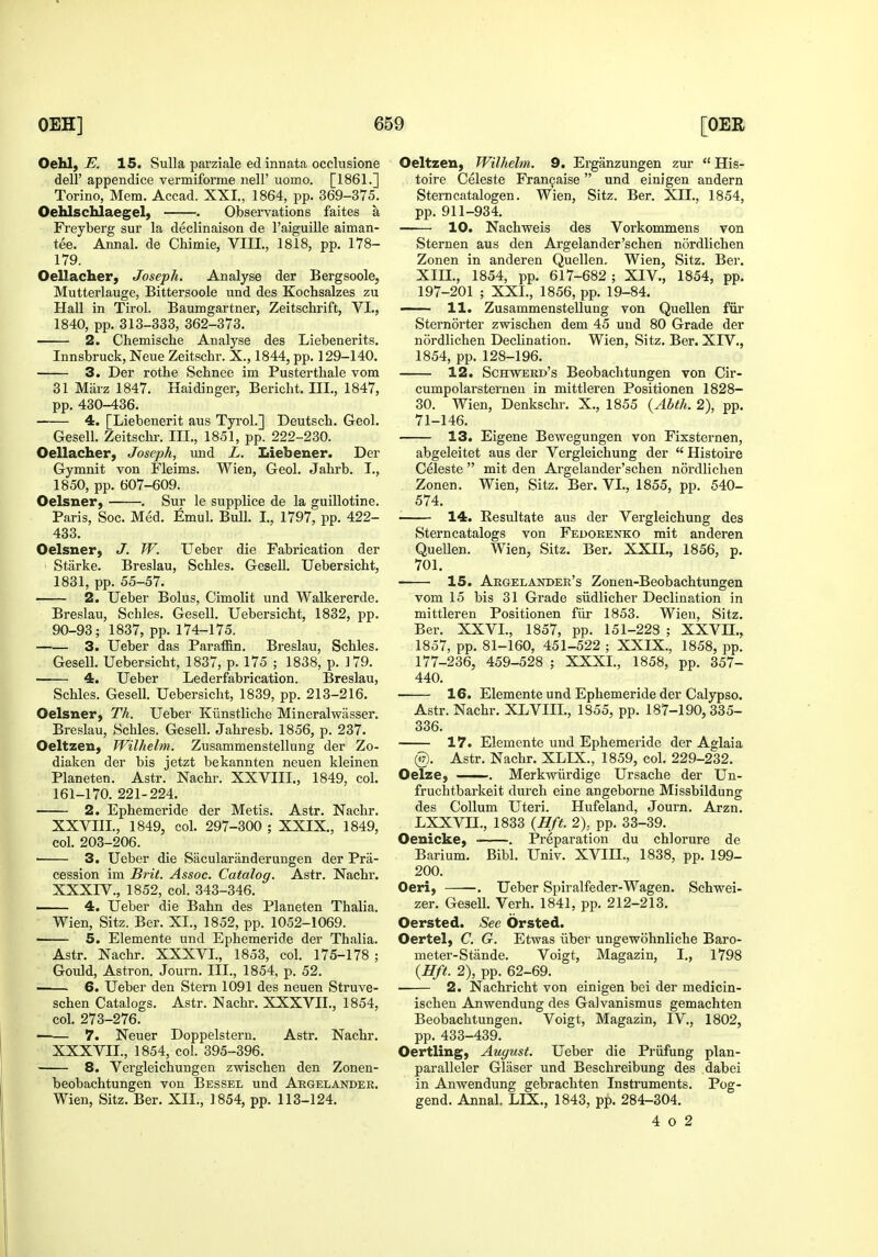 Oehl, E. 15. Sulla parziale edinnata occlusione deir appendice vermiforme nell' uomo. [1861.] Torino, Mem. Accad. XXI., 1864, pp. 369-375. Oehlschlaegel) . Observations faites a Freyberg sur la declinaison de I'aiguille aiman- tee. Annal. de Chimie, VIII., 1818, pp. 178- 179. Oellacher, Joseph. Analyse der Bergsoole, Mutterlauge, Bittersoole und des Kochsalzes zu Hall in Tirol. Baumgartner, Zeitschrift, VI., 1840, pp. 313-333, 362-373. 2. Chemische Analyse des Liebenerits. Innsbruck, Neue Zeitschr. X., 1844, pp. 129-140. 3. Der rothe Schnee im Pustertbale vom 31 Marz 1847. Haidinger, Bericht. III., 1847, pp. 430-436. 4. [Liebenerit aus Tyrol.] Deutsch. Geol. Gesell. Zeitschr. III., 1851, pp. 222-230. Oellacher, Joseph, und L. Liebener. Der Gymnit von Fleims. Wien, Geol. Jabrb. I., 1850, pp. 607-609. Oelsner, . Sur le supplice de la guillotine. Paris, Soc. Med. Emul. Bull. I, 1797, pp. 422- 433. Oelsner, J. W. Ueber die Fabrication der ' Starke. Breslau, Schles. Gesell. Uebersicbt, 1831, pp. 55-57. 2. Ueber Bolus, Cimolit und Walkererde. Breslau, Schles. Gesell. Uebersicht, 1832, pp. 90-93; 1837, pp. 174-175. 3. Ueber das Paraffin. Breslau, Schles. Gesell. Uebersicht, 1837, p. 175 ; 1838, p. 179. 4. Ueber Lederfabrication. Breslau, Schles. Gesell. Uebersicht, 1839, pp. 213-216. Oelsner, Th. Ueber Kiinstliche Mineralwasser. Breslau, Schles. Gesell. Jahresb. 1856, p. 237. Oeltzen, Wilhelm. Zusammenstellung der Zo- diaken der bis jetzt bekannten neuen kleinen Planeten. Astr. Nachr. XXVIIL, 1849, col. 161-170. 221-224. 2. Ephemeride der Metis. Astr. Nachr. XXVIIL, 1849, col. 297-300 ; XXIX., 1849, col. 203-206. 3. Ueber die Sacularanderungen der Pra- cession im Bi-it. Assoc. Catalog. Astr. Nachr. XXXIV., 1852, col. 343-346. 4. Ueber die Bahn des Planeten Thalia. Wien, Sitz. Ber. XI., 1852, pp. 1052-1069. —— 5. Elemente und Ephemeride der Thalia. Astr. Nachr. XXXVI., 1853, col. 175-178 ; Gould, Astron. Journ. III., 1854, p. 52. 6. Ueber den Stern 1091 des neuen Struve- schen Catalogs. Astr. Nachr. XXXVII., 1854, col. 273-276. —— 7. Neuer Doppelstern. Astr. Nachr. XXXVIL, 1854, col. 395-396. 8. Vergleichungen zwischen den Zonen- beobachtungen von Bessel und Argelander. Wien, Sitz. Ber. XII., 1854, pp. 113-124. Oeltzen, Wilhelm. 9. Erganzungen zur  His- toire Celeste Fran9aise und einigen andern Stemcatalogen. Wien, Sitz. Ber. XII., 1854, pp. 911-934. 10. Nachweis des Vorkommens von Sternen aus den Argelander'schen nordlichen Zonen in anderen Quellen. Wien, Sitz. Ber. Xm., 1854, pp. 617-682; XIV., 1854, pp. 197-201 ; XXL, 1856, pp. 19-84. 11. Zusammenstellung von Quellen fiir Sternorter zwischen dem 45 und 80 Grade der nordlichen Declination. Wien, Sitz. Ber. XIV., 1854, pp. 128-196. 12. Schwerd's Beobachtungen von Cir- cumpolarsternen in mittleren Positionen 1828- 30. Wien, Denkschr. X., 1855 {Abth. 2), pp. 71-146. 13. Eigene Bewegungen von Fixsternen, abgeleitet aus der Vergleichung der  Histoire Celeste mit den Argelander'schen nordlichen Zonen. Wien, Sitz. Ber. VL, 1855, pp. 540- 574. ■ 14. Resultate aus der Vergleichung des Sterncatalogs von Fedorenko mit anderen Quellen. Wien, Sitz. Ber. XXIL, 1856, p. 701. 15. Argelander's Zonen-Beobachtungen vom 15 bis 31 Grade siidlicher Declination in mittleren Positionen fiir 1853. Wien, Sitz. Ber. XXVI., 1857, pp. 151-223 ; XXVn., 1857, pp. 81-160, 451-522 ; XXIX., 1858, pp. 177-236, 459-528 ; XXXL, 1858, pp. 357- 440. 16. Elemente und Ephemeride der Calypso. Astr. Nachr. XLVIIL, 1855, pp. 187-190, 335- 336. 17. Elemente und Ephemeride der Aglaia @. Astr. Nachr. XLIX., 1859, col. 229-232. Oelze, . Merkwiirdige Ursache der Un- fruchtbarkeit durch eine angeborne Missbildung des CoUum Uteri. Hufeland, Journ. Arzn. LXXVn., 1833 {Hft. 2), pp. 33-39. Oenicke, . Preparation du chlorure de Barium. Bibl. Univ. XVIII., 1838, pp. 199- 200. Deri, . Ueber Spiralfeder-Wagen. Schwei- zer. Gesell. Verb. 1841, pp. 212-213. Oersted. See Orsted. Oertel, C. G. Etwas iiber ungewohnliche Baro- meter-Stande. Voigt, Magazin, I., 1798 {Hft. 2), pp. 62-69. 2. Nachricht von einigen bei der medicin- ischen Anwendung des Galvanismus gemachten Beobachtungen. Voigt, Magazin, IV., 1802, pp. 433-439. Oertling, August. Ueber die Priifung plan- paralleler Glaser und Beschreibung des dabei in Anwendung gebrachten Instruments. Pog- gend. Annal. LIX., 1843, pp. 284-304. 4 o 2