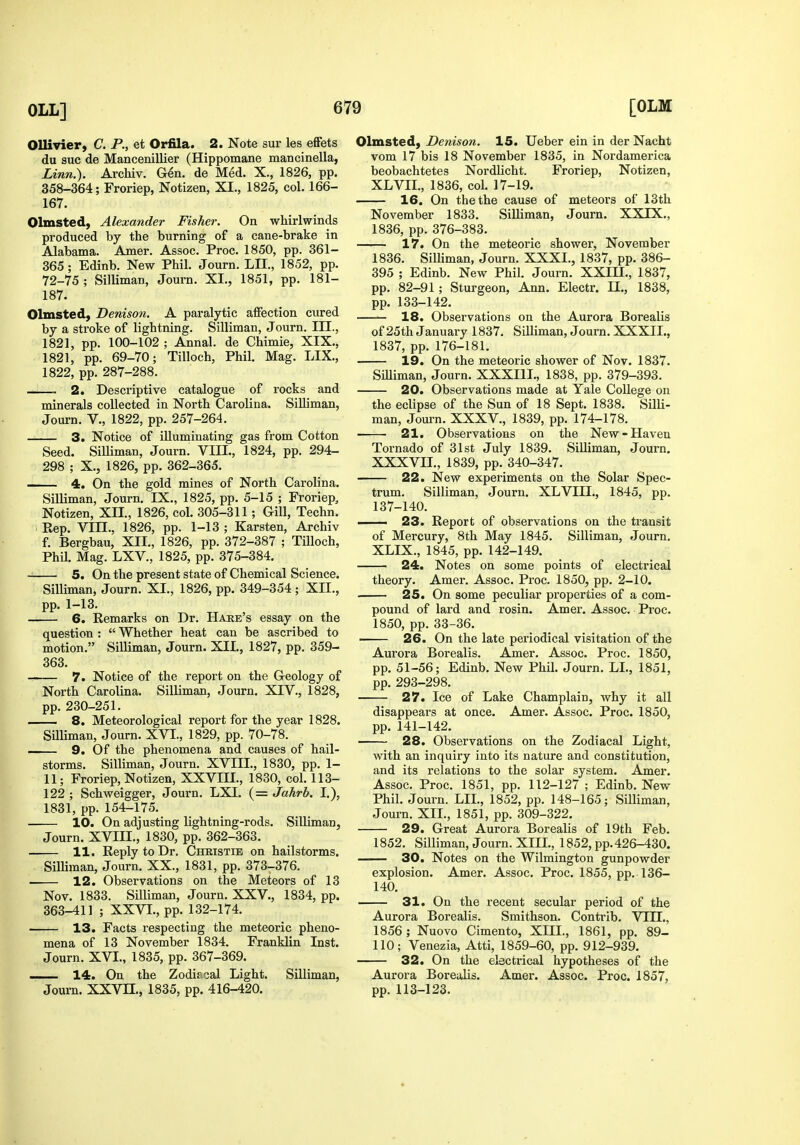 Ollivier, C. P., et Orfila. 2. Note sur les effets du sue de Mancenillier (Hippomane mancinella, Linn.). Archiv. Gen. de Med. X., 1826, pp. 358-364; Froriep, Notizen, XI., 1825, col. 166- 167. Olmsted, Alexander Fisher. On whirlwinds produced by the burning of a cane-brake in Alabama. Amer. Assoc. Proc. 1850, pp. 361- 365; Edinb. New Phil. Journ. LII., 1852, pp. 72-75; Silliman, Journ. XL, 1851, pp. 181- 187. Olmsted, Denison. A paralytic affection cured by a stroke of lightning. Silliman, Journ. III., 1821, pp. 100-102 ; Annal. de Chimie, XIX., 1821, pp. 69-70; Tilloch, Phil. Mag. LIX., 1822, pp. 287-288. 2. Descriptive catalogue of rocks and minerals collected in North Carolina. Silliman, Journ. v., 1822, pp. 257-264. 3. Notice of illuminating gas from Cotton Seed. SiUiman, Journ. VIII., 1824, pp. 294- 298 ; X., 1826, pp. 362-365. 4. On the gold mines of North Carolina. Silliman, Journ. IX., 1825, pp. 5-15 ; Froriep, Notizen, XII., 1826, col. 305-311; Gill, Techn. Rep. Vin., 1826, pp. 1-13 ; Karsten, Archiv f. Bergbau, XII., 1826, pp. 372-387 ; Tilloch, PhU. Mag. LXV., 1825, pp. 375-384. 5. On the present state of Chemical Science. Silliman, Journ. XI., 1826, pp. 349-354 ; XII., pp. 1-13. 6. Remarks on Dr. Hake's essay on the question :  Whether heat can be ascribed to motion. Silliman, Journ. XII., 1827, pp. 359- 363. 7. Notice of the report on the Geology of North Carolina. Silliman, Journ. XIV., 1828, pp. 230-251. 8. Meteorological report for the year 1828. Silliman, Journ. XVI., 1829, pp. 70-78. — 9. Of the phenomena and causes of hail- storms. Silliman, Journ. XVIII., 1830, pp. 1- 11; Froriep, Notizen, XXVIII., 1830, col. 113- 122 ; Schweigger, Journ. LXI. (= Jahrb. I.), 1831, pp. 154-175. 10. On adjusting lightning-rods. Silliman, Journ. XVIII., 1830, pp. 362-363. 11. Reply to Dr. Christie on hailstorms. Silliman, Journ. XX., 1831, pp. 373-376. 12. Observations on the Meteors of 13 Nov. 1833. Silliman, Journ. XXV., 1834, pp. 363-411 ; XXVI., pp. 132-174. 13. Facts respecting the meteoric pheno- mena of 13 November 1834. Franklin Inst. Journ. XVI., 1835, pp. 367-369. — 14. On the Zodiecial Light. Silliman, Journ. XXVIL, 1835, pp. 416-420. Olmsted, Denison. 15. Ueber ein in der Nacht vom 17 bis 18 November 1835, in Nordamerica beobachtetes Nordlicht. Froriep, Notizen, XLVII., 1836, col. 17-19. 16. On the the cause of meteors of 13th November 1833. Silliman, Journ. XXIX., 1836, pp. 376-383. 17. On the meteoric shower, November 1836. Silliman, Journ. XXXI., 1837, pp. 386- 395 ; Edinb. New Phil. Journ. XXIU., 1837, pp. 82-91; Sturgeon, Ann. Electr. II., 1838, pp. 133-142. 18. Observations on the Aurora Borealis of 25th January 1837. Silliman, Journ. XXXIL, 1837, pp. 176-181. 19. On the meteoric shower of Nov. 1837. SiUiman, Journ. XXXIlL, 1838, pp. 379-393. 20. Observations made at Yale College on the eclipse of the Sun of 18 Sept. 1838. Silli- man, Journ. XXXV., 1839, pp. 174-178. 21. Observations on the New-Haven Tornado of 31st July 1839. SiUiman, Journ. XXXVn., 1839, pp. 340-347. 22. New experiments on the Solar Spec- trum. Silliman, Journ. XLVIII., 1845, pp. 137-140. — 23. Report of observations on the transit of Mercury, 8th May 1845. Silliman, Journ. XLIX., 1845, pp. 142-149. 24. Notes on some points of electrical theory. Amer. Assoc. Proc. 1850, pp. 2-10. 25. On some peculiar properties of a com- pound of lard and rosin. Amer. Assoc. Proc. 1850, pp. 33-36. ■ 26. On the late periodical visitation of the Aurora Borealis. Amer. Assoc. Proc. 1850, pp. 51-56; Edinb. New PhU. Journ. LL, 1851, pp. 293-298. 27. Ice of Lake Champlain, why it all disappears at once. Amer. Assoc. Proc. 1850, pp. 141-142. 28. Observations on the Zodiacal Light, with an inquiry into its nature and constitution, and its relations to the solar system. Amer. Assoc. Proc. 1851, pp. 112-127 ; Edinb. New Phil. Journ. LIL, 1852, pp. 148-165; SiUiman, Journ. XII., 1851, pp. 309-322. 29. Great Aurora Borealis of 19th Feb. 1852. SUliman, Journ. XIIL, 1852, pp. 426-430. 30. Notes on the Wilmington gunpowder explosion. Amer. Assoc, Proc. 1855, pp. 136- 140. 31. On the recent secular period of the Aurora Borealis. Smithson. Contrib. VlJl., 1856 ; Nuovo Cimento, XIIL, 1861, pp. 89- 110; Venezia, Atti, 1859-60, pp. 912-939. 32. On the electrical hypotheses of the Aurora Borealis. Amer. Assoc. Proc. 1857, pp. 113-123.