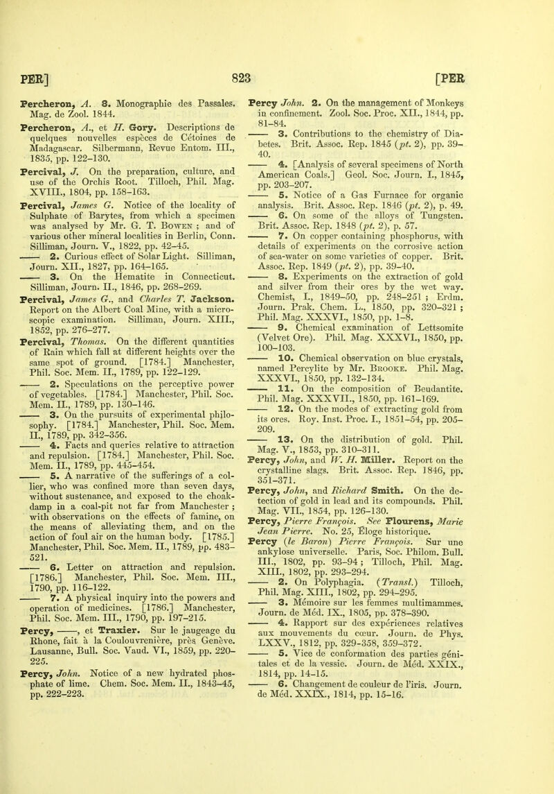 Percheron, A. 8. Monographie des Passales. Mag. de Zool. 1844. Percheron, A., et H. Gory. Descriptions de quelques nouvelles especes de Cetoines de Madagascar. Silbermann, Revue Entom. III., 1835, pp. 122-130. Percival, J. On the preparation, culture, and use of the Orchis Root. Tilloch, Phil. Mag. XVIII., 1804, pp. 158-163. Percival, James G. Notice of the locality of Sulphate of Barytes, from which a specimen was analysed by Mr. G. T. Bowen ; and of various other mineral localities in Berlin, Conn. Silliman, Journ. V., 1822, pp. 42-45. 2. Curious effect of Solar Light. Silliman, Journ. XII., 1827, pp. 164-165. 3. On the Hematite in Connecticut. Silliman, Journ. II., 1846, pp. 268-269. Percival, James G., and Charles T. Jackson. Report on the Albert Coal Mine, with a micro- scopic examination. Silliman, Journ. XIII., 1852, pp. 276-277. Percival, Thomas. On the different quantities of Rain which fall at different heights over the same spot of ground. [1784.] Manchester, Phil. Soc. Mem. II., 1789, pp. 122-129. —:— 2. Speculations on the perceptive power of vegetables. [1784.] Manchester, Phil. Soc. Mem. II., 1789, pp. 130-146. —— 3. On the pursuits of experimental philo- sophy. [1784.] Manchester, Phil. Soc. Mem. n., 1789, pp. 342-356. 4. Facts and queries relative to attraction and repulsion. [1784.] Manchester, Phil. Soc. Mem. IL, 1789, pp. 445-454. 5. A narrative of the sufferings of a col- lier, who was confined more than seven days, without sustenance, and exposed to the choak- damp in a coal-pit not far from Manchester ; with observations on the effects of famine, on the means of alleviating them, and on the action of foul air on the human body. [1785.] Manchester, Phil. Soc. Mem. II., 1789, pp. 483- 521. 6. Letter on attraction and repulsion. [1786.] Manchester, Phil. Soc. Mem. III., 1790, pp. 116-122. 7. A physical inquiry into the powers and operation of medicines. [1786.] Manchester, Phil. Soc. Mem. III., 1790, pp. 197-215. Percy, , et Traxier. Sur le jaugeage du Rhone, fait a la Coulouvreniere, pres Geneve. Lausanne, Bull. Soc. Vaud. VI., 1859, pp. 220- 225. Percy, John. Notice of a new hydrated phos- phate of lime. Chem. Soc. Mem. II., 1843-45, pp. 222-223. Percy John. 2. On the management of Monkeys in confinement. Zool. Soc. Proc. XII., 1844, pp. 81-84. 3. Contributions to the chemistry of Dia- betes. Brit. Assoc. Rep. 1845 {pt. 2), pp. 39- 40. 4. [Analysis of several specimens of North American Coals.] Geol. Soc. Journ. I., 1845, pp. 203-207. 5. Notice of a Gas Furnace for organic analysis. Brit. Assoc. Rep. 1846 (pt. 2), p. 49. 6. On some of the alloys of Tungsten. Brit. Assoc. Rep. 1848 {pt. 2), p. 57. 7. On copper containing phosphorus, with details of experiments on the corrosive action of sea-water on some varieties of copper. Brit. Assoc. Rep. 1849 (j)t. 2), pp. 39-40. 8. Experiments on the extraction of gold and silver from their ores by the wet way. Chemist, I., 1849-50, pp. 248-251 ; Erdm. Journ. Prak. Chem. L., 1850, pp. 320-321 ; Phil. Mag. XXXVI., 1850, pp. 1-8. 9. Chemical examination of Lettsomite (Velvet Ore). Phil. Mag. XXXVI., 1850, pp. 100-103. 10. Chemical observation on blue crystals, named Percylite by Mr. Brooke. Phil. Mag. XXXVL, 1850, pp. 132-134. 11. On the composition of Beudantite. Phil. Mag. XXXVIL, 1850, pp. 161-169. 12. On the modes of extracting gold from its ores. Roy. Inst. Proc. I., 1851-54, pp. 205- 209. 13. On the distribution of gold. Phil. Mag. v., 1853, pp. 310-311. Percy, John, and IV. H. Miller. Report on the crystalline slags. Brit. Assoc. Rep. 1846, pp. 351-371. Percy, John, and Richard Smith. On the de- tection of gold in lead and its compounds. Phil. Mag. VII., 1854, pp. 126-130. Percy, Pierre Francois. See Flourens, Marie Jean Pierre. No. 25, Eloge historique. Percy (le Baron) Pierre Francois. Sur une ankylose universeUe. Pai'is, Soc. Philom. BuU. III., 1802, pp. 93-94; Tilloch, Phil. Mag. XIIL, 1802, pp. 293-294. 2. On Polyphagia. (Transl.) Tilloch. Phil. Mag. XIII., 1802, pp. 294-295. 3. Memoire sur les femmes multimammes. Journ. de Med. IX., 1805, pp. 378-390. 4. Rapport sur des experiences relatives aux mouvements du cceur. Journ. de Phys. LXXV., 1812, pp. 329-358, 359-372. 5. Vice de conformation des parties geni- tales et de la vessie. Journ. de Med. XXIX., 1814, pp. 14-15. 6. Changement de couleur de I'iris. Journ. de Med. XXIX., 1814, pp. 15-16.