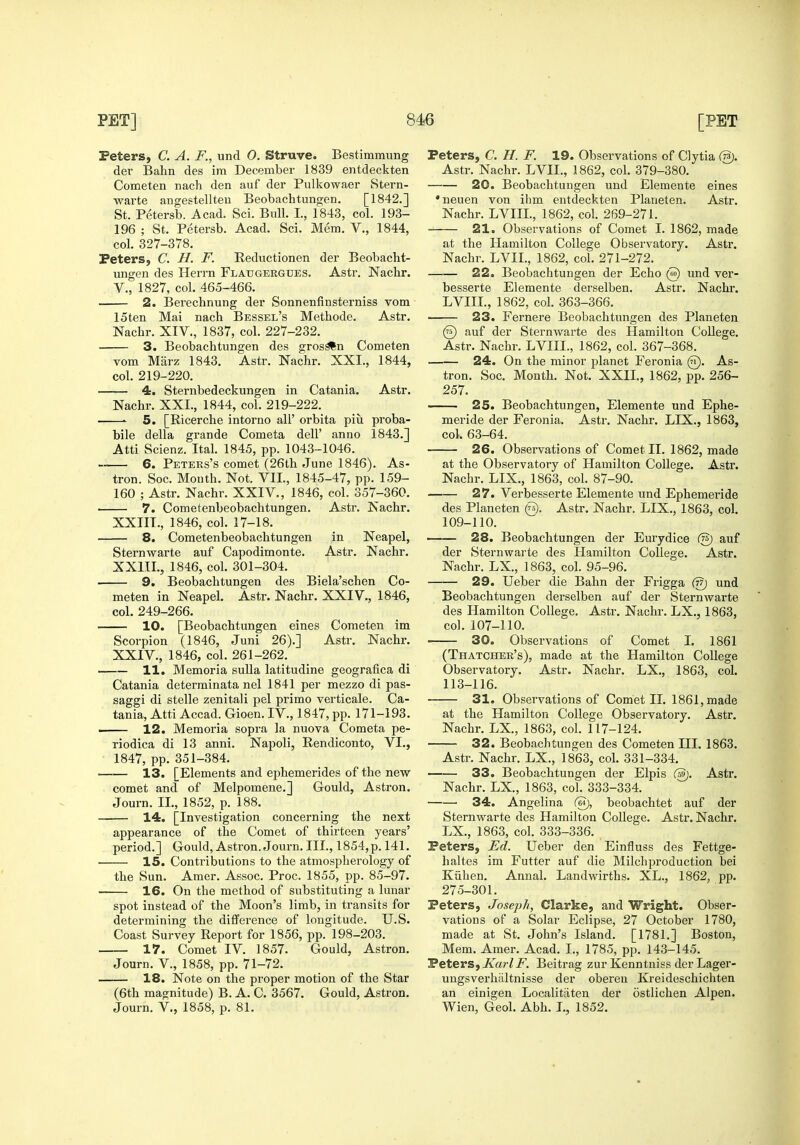 Peters, C. A. F., und 0. Struve. Bestimmung der Bahn des im December 1839 entdeckten Cometen nach den auf der Pulkowaer Stern- warte angestellteu Beobachtungen. [1842.] St. Petersb. Acad. Sci. Bull. I., 1843, col. 193- 196 ; St. Petersb. Acad. Sci. Mem. V., 1844, col. 327-378. Peters, C. H. F. Reductionen der Beobacht- ungen des Herrn Flaugergues. Astr. Nachr. v., 1827, col. 465-466. 2. Berechnung der Sonnenfinsterniss vom 15ten Mai nach Bessel's Methode. Astr. Nachr. XIV., 1837, col. 227-232. 3. Beobachtungen des gros^n Cometen vom Marz 1843. Astr. Nachr. XXI., 1844, col. 219-220. 4. Sternbedeckungen in Catania. Astr. Nachr. XXI., 1844, col. 219-222. 5. [Ricerche intorno all' orbita piii proba- bile della grande Cometa dell' anno 1843.] Atti Scienz. Ital. 1845, pp. 1043-1046. 6. Peteks's comet (26th June 1846). As- tron. Soc. Month. Not. VIL, 1845-47, pp. 159- 160 ; Astr. Nachr. XXIV., 1846, col. 357-360. ■ 7. Cometenbeobachtungen. Astr. Nachr. XXIIT., 1846, col. 17-18. 8. Cometenbeobachtungen in Neapel, Sternwarte auf Capodimonte. Astr. Nachr. XXIIL, 1846, col. 301-304. 9. Beobachtungen des Biela'schen Co- meten in Neapel. Astr. Nachr. XXIV., 1846, col. 249-266. 10. [Beobachtungen eines Cometen im Scorpion (1846, Juni 26).] Astr. Nachr. XXIV., 1846, col. 261-262. 11. Memoria sulla latitudine geografica di Catania determinata nel 1841 per mezzo di pas- saggi di stelle zenitali pel prime verticale. Ca- tania, Atti Accad. Gioen. IV., 1847, pp. 171-193. 12. Memoria sopra la nuova Cometa pe- riodica di 13 anni. Napoli, Rendiconto, VI., 1847, pp. 351-384. 13. [Elements and ephemerides of the new comet and of Melpomene.] Gould, Astron. Journ. II., 1852, p. 188. 14. [Investigation concerning the next appearance of the Comet of thirteen years' period.] Gould, Astron.Journ. III., 1854,p. 141. 15. Contributions to the atmospherology of the Sun. Amer. Assoc. Proc. 1855, pp. 85-97. 16. On the method of substituting a lunar spot instead of the Moon's limb, in transits for determining the difference of longitude. U.S. Coast Survey Report for 1856, pp. 198-203. 17. Comet IV. 1857. Gould, Astron. Journ. v., 1858, pp. 71-72. 18. Note on the proper motion of the Star (6th magnitude) B. A. C. 3567. Gould, Astron. Journ. v., 1858, p. 81. Peters, C. H. F. 19. Observations of Clytia @. Astr. Nachr. LVII., 1862, col. 379-380. 20. Beobachtungen und Elemente eines •neuen von ilim entdeckten Planeten. Astr. Nachr. LVIIL, 1862, col. 269-271. 21. Observations of Comet I. 1862, made at the Hamilton College Observatory. Astr. Nachr. LVII., 1862, col. 271-272. 22. Beobachtungen der Echo @ und ver- besserte Elemente derselben. Astr. Nachr. LVIII., 1862, col. 363-366. 23. Fernere Beobachtungen des Planeten © auf der Sternwarte des Hamilton CoUege, Astr. Nachr. LVIII., 1862, col. 367-368. 24. On the minor planet Feronia @. As- tron. Soc. Month. Not. XXII., 1862, pp. 256- 257. 25. Beobachtungen, Elemente und Ephe- meride der Feronia. Astr. Nachr. LIX., 1863, col. 63-64. 26. Observations of Comet II. 1862, made at the Observatory of Hamilton College. Astr. Nachr. LIX., 1863, col. 87-90. 27. Verbesserte Elemente und Ephemeride des Planeten @. Astr. Nachr. LIX., 1863, col. 109-110. 28. Beobachtungen der Eurydice @ auf der Sternwarte des Hamilton College. Astr. Nachr. LX., 1863, col. 95-96. 29. Ueber die Bahn der Frigga @ und Beobachtungen derselben auf der Sternwarte des Hamilton College. Astr. Nachr. LX., 1863, col. 107-110. 30. Observations of Comet I. 1861 (Thatcher's), made at the Hamilton College Observatory. Astr. Nachr. LX., 1863, col. 113-116. 31. Observations of Comet II. 1861, made at the Hamilton College Observatory. Astr. Nachr. LX., 1863, col. 117-124. 32. Beobachtungen des Cometen III. 1863. Astr. Nachr. LX., 1863, col. 331-334. 33. Beobachtungen der Elpis (m). Astr. Nachr. LX., 1863, col. 333-334. 34. Angelina feJ), beobachtet auf der Sternwarte des Hamilton College. Astr. Nachr. LX., 1863, col. 333-336. Peters, Ed. Ueber den Einfluss des Fettge- haltes im Futter auf die Milchproduction bei Kiihen. Annal. Landwirths. XL., 1862, pp. 275-301. Peters, Joseph, Clarke, and Wright. Obser- vations of a Solar Eclipse, 27 October 1780, made at St. John's Island. [1781.] Boston, Mem. Amer. Acad. I., 1785, pp. 143-145. Peters, KarlF. Beitrag zur Kenntniss der Lager- ungsverhiiltnisse der obereu Kreideschichten an einigen Localitiiten der ostlichen Alpen. Wien, Geol. Abh. I., 1852.