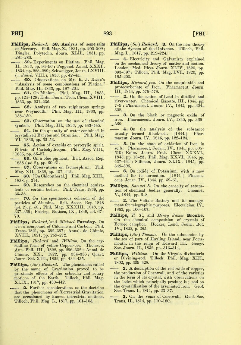 Phillips, Richard. 58. Analysis of some salts of Mercury. Phil. Mag. X., 1831, pp. 205-209 ; Dingier, Polytechn. Journ. XLII., 1831, pp. 281-285. 59. Experiments on Platina. Phil. Mag. II., 1833, pp. 94-96 ; Poggend. Aunal. XXXI., 1834, pp. 288-289; Schweigger, Journ. LXVIII. {=Jahrb. VIIL), 1833, pp. 42-45. 60. Observations on Mr. R. J. Kane's Analysis of some combinations of Platina. Phil. Mag. II., 1833, pp. 197-201. 61. On Minium. Phil. Mag. III., 1833, pp. 125-129; Erdm. Journ. Tech. Chem. XVIII., 1833, pp. 231-236. 62. Analysis of two sulphurous springs near Weymouth. Phil. Mag. III., 1833, pp. 158-159.  63. Observation on the use of chemical symbols. Phil. Mag. III., 1833, pp. 443-445. 64. On the quantity of water contained in crystallized Barytes and Strontian. Phil. Mag. VI., 1835, pp. 52-53. 65. Action of oxacids on pyroxylic spirit. Nitrate of Carbohydrogen. Phil. Mag. VIII., ' 1836, pp. 85-87. 66. On a blue pigment. Brit. Assoc. Eep. 1838 {pt. 2), pp. 60-61.  67. Observations on Isomorphism. Phil. Mag. XII., 1838, pp. 407-412. 68. [On Chloretheral.] Phil. Mag. XIII., 1838, p. 314. 69. Researches on the chemical equiva- lents of certain bodies. Phil. Trans. 1839, pp. 35-38. 70. On the spontaneous cohesion of the particles of Alumina. Brit. Assoc. Rep. 1848 (pt. 2), p. 58 ; Phil. Mag. XXXIIL, 1848, pp. 357-359 ; Froriep, Notizen, IX., 1849, col. 67- 70. Phillips, Eichard,'and Michael Faraday. On a new compound of Chlorine and Carbon. Phil. Trans. 1821, pp. 392-397; Annal. de Chimie, XVIII., 1821, pp. 259-272. Phillips, Richard and William. On the cry- stalline form of yellow Copper-ore. Thomson, Ann. Phil. III., 1822, pp. 296-302 ; Annal. de Chimie, XX., 1822, pp. 334-336; Quart. Journ. Sci. XIII., 1822, pp. 434-435. Phillips, {Sir) Richard. The phenomena called by the name of Gravitation proved to be proximate effects of the orbicular and rotary motions of the Earth. Tilloch, Phil. Mag. XLIX., 1817, pp. 430-442. • 2. Further considerations on the doctrine that the phenomena of Terrestrial Gravitation are occasioned by known terrestrial motions. Tilloch, Phil. Mag. L., 1817, pp. 101-105. Phillips, {Sir) Richard. 3. On the new theory of the System of the Universe. Tilloch, Phil. Mag. L., 1817, pp. 219-224. ' 4. Electricity and Galvanism explained on the mechanical theory of matter and motion. London, Med. Phys. Journ. XLIV., 1820, pp. 393-397; Tilloch, Phil. Mag. LVI., 1820, pp. 195-200. Phillips, Richard, jun. On the sesquioxide and protocarbonate of Iron. Pharmaceut. Journ. III. , 1844, pp. 576-578. 2. On the action of Lead in distilled and river-water. Chemical Gazette, III., 1845, pp. 7-9 ; Pharmaceut. Journ. IV., 1845, pp. 304- 308. 3. On the black or magnetic oxide of iron. Pharmaceut. Journ. IV.j 1845, pp. 366- ,369. 4. On the analysis of the substance usually termed Black-ash. [1844.] Phar- maceut. Journ. IV., 1845, pp. 122-124. ■■ 5. On the state of oxidation of Iron in soils. Pharmaceut. Journ., IV., 1845, pp. 505- 510; Erdm. Journ. Prak. Chem. XXXVL, 1845, pp. 18-23; Phil. Mag. XXVL, 1845, pp. 437-441 ; Silliman, Journ. XLIX., 1845, pp. 349-396. 6. On iodide of Potassium, with a new method for its formation. [1844.] Pharma- ceut. Journ. IV., 1845, pp. 59-61. Phillips, Samuel E. On the capacity of satura- tion of chemical bodies generally. Chemist, v., 1844, pp. 6-8. 2. The Voltaic Battery and its manage- ment for telegraphic purposes. Electrician, IV., 1863, pp. 106-107. Phillips, T. T., and Henry James Brooke. On the chemical composition of crystals of Borneo camphor. Hooker, Lend. Journ. Bot. IV. , 1852, p. 285. Phillips, {Sir) Thomas. On the submersion by the sea of part of Hayling Island, near Ports- mouth, in the reign of Edward III. Geogr. Soc. Journ. IL, 1832, pp. 313-314. Phillips, William. On the Virgula divinatoria or Divining-rod. Tilloch, Phil. Mag. XIII., 1802, pp. 309-328. • 2. A description of the red oxide of copper, the production of Cornwall, and of the varieties in the form of its crystal, with observations on the lodes which principally produce it ; and ou the crystallization of the arseniated iron. Geol. Soc. Trans. L, 1811, pp. 23-37. ■ 3. On the veins of Cornwall. Geol. Soc. Trans. II., 1814, pp. 110-160.