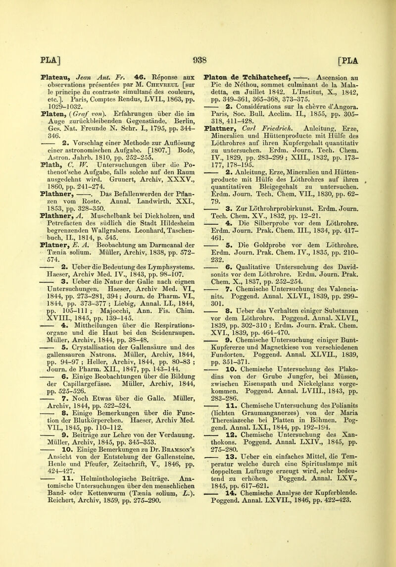 Plateau, Jean Ant. Fr. 46. Reponse aux observations presentees par M. Chevreul [sur le principe du contraste simultane des couleurs, etc.]. Paris, Comptes Rendus, LVIL, 1863, pp. . 1029-1032. Platen, {Graf von). Erfahrungen iiber die im Auge zuriickbleibenden Gegenstande. Berlin, Ges. Nat. Freunde N. Schr. I., 1795, pp. 344- 346. 2. Vorschlag einer Methode zur Auflosung einer astronomischen Aufgabe. [1807.] Bode, Astron. Jahrb. 1810, pp. 252-255. Plath, C. W. Untersucbungen iiber die Po- thenot'scbe Aufgabe, falls solche auf den Raum ausgedehnt wird. Grunert, Arcbiv, XXXV., 1860, pp. 241-274. Plathner, . Das Befallenwerden der Pflan- zen vom Roste. Annal. Landwirth. XXI., 1853, pp. 328-350. Plathner, A. Muschelbank bei Diekholzen, und Petrefacten des siidlich die Stadt Hildesheim begrenzenden Wallgrabens. Leonhard, Taschen- buch, II., 1814, p. 545. Platner, E. A, Beobachtung am Darmcanal der Taenia solium. Miiller, Archiv, 1838, pp. 572- 574. 2. Ueber die Bedeutung des Lymphsystems. Haeser, Archiv Med. IV., 1843, pp. 98-107. 3. Ueber die Natur der Galie nach eignen Untersucbungen. Haeser, Archiv Med. VI., 1844, pp. 273-281, 394; Journ. de Pharm. VI., 1844, pp. 373-377 ; Liebig, Annal. LI., 1844, pp. 105-111 ; Majocchi, Ann. Fis. Chim. XVm., 1845, pp. 139-145. ' 4. Mittheilungen iiber die Respirations- organe und die Haut bei den Seidenraupen. Miiller, Archiv, 1844, pp. 38-48. • 5. Crystallisation der Gallensaure und des gallensauren Natrons. Miiller, Archiv, 1844, pp. 94-97 ; Heller, Archiv, 1844, pp. 80-83 ; Journ. de Pharm. XII., 1847, pp. 143-144. 6. Einige Beobachtungen iiber die Bildung der Capillargefasse. Miiller, Archiv, 1844, pp. 525-526. 7. Noch Etwas iiber die Galle. Miiller, Archiv, 1844, pp. 522-524. 8. Einige Bemerkungen iiber die Func- tion der Blutkorperchen. Haeser, Archiv Med. VII., 1845, pp. 110-112. 9. Beitrage zur Lehre von der Verdauung. Miiller, Archiv, 1845, pp. 345-353. ; 10. Einige Bemerkungen zu Dr. Bramson's Ansicht von der Entstehung der Gallensteine. Henle und Pfeufer, Zeitschrift, V., 1846, pp. 424-427. ■ 11. Helminthologische Beitrage. Ana- tomische Untersucbungen iiber den menschlichen Band- oder Kettenwurm (Tania solium, L.). Reichert, Archiv, 1859, pp. 275-290. Platon de Tchihatcheef, ——. Ascension au Pic de Nethou, sommet culminant de la Mala- detta, en Juillet 1842. L'Institut, X., 1842, pp. 349-361, 365-368, 373-375. 2. Considerations sur la chevre d'Angora. Paris, Soc. Bull. Acclim. II., 1855, pp. 305- 318, 411-428. Plattner, Carl Friedrich. Anleitung, Erze, Mineralien und Hiittenproducte mit Hiilfe des Lothrohres auf ihren Kupfergehalt quantitativ zu untersuchen. Erdm. Journ. Tech. Chem. IV., 1829, pp. 283-299 ; XIII., 1832, pp. 173- 177, 178-195. —— 2. Anleitung, Erze, Mineralien und Hiitten- producte mit Hiilfe des Lothrohres auf ihren quantitativen Bleigegehalt zu untersuchen. Erdm. Journ. Tech. Chem. VII., 1830, pp. 62- 79. 3. Zur Lothrohrprobirkunst. Erdm. Journ. Tech. Chem. XV., 1832, pp. 12-21. 4. Die Silberprobe vor dem Lothrohre. Erdm. Journ. Prak. Chem. III., 1834, pp. 417- 461. 5. Die Goldprobe vor dem Lothrohre. Erdm. Journ. Prak. Chem. IV., 1835, pp. 210- 232. 6. Qualitative Untersuchung des David- sonits vor dem Lothrohi'e. Erdm. Journ. Prak. Chem. X., 1837, pp. 252-254. 7. Chemische Untersuchung des Valencia- nits. Poggend. Annal. XLVL, 1839, pp. 299- 301. —— 8. Ueber das Verhalten einiger Substanzen vor dem Lothrohre. Poggend. Annal. XLVL, 1839, pp. 302-310 ; Erdm. Journ. Prak. Chem. XVI., 1839, pp. 464-470. 9. Chemische Untersuchung einiger Bunt- Kupfererze und Magnetkiese von verschiedenen Fundorten. Poggend. Annal. XLVII., 1839, pp. 351-371. 10. Chemische Untersuchung des Plako- dins von der Grube Jungfer, bei Miissen, zvsrischen Eisenspath und Nickelglanz vorge- kommen. Poggend. Annal. LVIIL, 1843, pp. 283-286. —— 11. Chemische Untersuchung des Polianits (lichten Graumanganerzes) von der Maria Theresiazeche bei Flatten in Bohmen. Pog- gend. Annal. LXL, 1844, pp. 192-194. —— 12. Chemische Untersuchung des Xan- thokons. Poggend. Annal. LXIV., 1845, pp. 275-280. 13. Ueber ein einfaches Mittel, die Tem- peratur welche durch eine Spirituslampe mit doppeltem Luftzuge erzeugt vpird, sehr bedeu- tend zu erhohen. Poggend. Annal. LXV., 1845, pp. 617-621. . 14. Chemische Analyse der Kupferblende. Poggend. Annal. LXVIL, 1846, pp. 422-423.