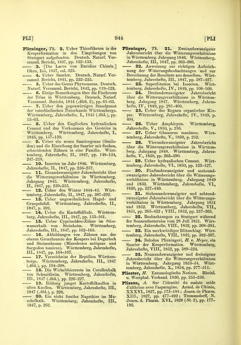 Plieninger, Th. 2. Ueber Thierfahrten in der Keuperformation in den Umgebungen von Stuttgart aufgefunden. Deutsch. Naturf. Ver- samml. Bericht, 1837, pp. 132-133. 3. [Die Larve von Baridius Chloris.] Oken, Isis, 1837, col. 525. 4. Ueber Saurier. Deutsch. Naturf. Ver- samml. Bericht, 1841, pp. 232-233. 5. Ueber das Genus Phytosaurus. Deutsch. Naturf. Versamml. Bericht, 1842, pp. 119-123. 6. Einige Bemerkungen iiber die Fischreste der Trias in Wiirttemberg. Deutsch. Naturf, Versamml. Bericht, 1844 {Ahtli. 2), pp. 61-63. 7. Ueber den gegenwartigen Standpunct der vaterlaudischen Naturkunde Wurttembergs. Wiirttemberg, Jahreshefte, I., 1S45 {AbJu), pp. 15-63. 8. Ueber den Englischen hydraulischen Cement und das Vorkommen des Gesteins in Wiirttemberg. Wiirttemberg, Jahreshefte, I., 1845, pp. 157-159. 9. Ueber ein neues Sauriergenus (Smilo- don) und die Einreihung der Saurier mit flachen, schneidenden Zahnen in eine Familie. Wiirt- temberg, Jahreshefte, II., 1847, pp. 148-154, 247-258. 10. Insecten im Jahr 1846. Wiirttemberg, Jahreshefte, II., 1847, pp. 256-257. 11. Einundzwanzigster Jahresbericht iiber die Witterungsverhaltnisse in Wiirttemberg. Jahrgang 1845. Wiirttemberg, Jahreshefte, II. , 1847, pp. 259-355. 12. Ueber den Winter 1844-45. Wiirt- temberg, Jahreshefte, II., 1847, pp. 387-392. 13. Ueber ungewohnlichen Hagel- und Graupelnfall. Wiirttemberg, Jahreshefte, II., 1847, p. 392. . 14. Ueber die Kartoffelfiiule. Wiirttem- berg, Jahreshefte, III, 1847, pp. 153-161. 15. Ueber Gyprinoiden-Ziihne im Siiss- wasserkalk von Steinheim. Wiirttemberg, Jahreshefte, III., 1847, pp. 162-163. 16. Abbildungen von Zahnen aus der oberen Grenzbreccie des Keupers bei Degerloch und Steinenbronn (Microlestes antiquus und Sargodon tomicus). Wiirttemberg, Jahreshefte, III. , 1847, pp. 164-167. 17. Verzeichniss der Reptilien Wiirttem- bergs. Wiirttemberg, Jahreshefte, III., 1847 {Ahh.), pp. 194-208. 18. Die Wirbelthierreste im Corallenkalk von Schnaitheim. Wiirttemberg, Jahreshefte, III., 1847 {Abh.), pp. 226-227. 19. Bildung junger Kartoffelknollen in alten Knollen. Wiirttemberg, Jahreshefte, III., 1847 {Abh.), p. 228. 20. Ein nicht fossiles Nagethier im Mu- schelkalk. Wiirttemberg, Jahreshefte, IJI., 1847, p. 262. Flieninger, Th. 21. Zweiundzwanzigster Jahresbericht iiber die Witterungsverhaltnisse in Wiirttemberg. Jahrgang 1846. Wiirttemberg, Jahreshefte, III., 1847, pp. 263-386. 22. Anweisung zur richtigen Aufzeich- nung der Witterungsbeobachtungen und zur Berechuung der Resultate aus denselben. Wiirt- temberg, .Jahreshefte, III., 1847, pp. 387-427. 23. Superfdtation bei Insecten. Wiirt- temberg, Jahreshefte, IV., 1849, pp. 108-109. 24. Dreiundzwanzigster Jahresbericht iiber die Witterungsverhaltnisse in Wiirttem- berg. Jahrgang 1847. Wiirttemberg, Jahres- hefte, IV., 1849, pp. 281-403. 25. Ueber das Regnen organischer Kor- per. Wiirttemberg, Jahreshefte, IV.. 1849, p. 404. 26. Ueber Amphicyon. Wiirttemberg, Jahreshefte, V., 1850, p. 216. 27. Ueber Glosaurus maximus. Wiirt- temberg, Jahreshefte, V., 1850, p. 252. 28. Vierundzwanzigster Jahresbericht iiber die Witterungsverhaltnisse in Wiirttem- berg. Jahrgang 1848. Wiirttemberg, Jahres- hefte, v., 1850, pp. 263-390. 29. Ueber hydraulischen Cement. Wiirt- temberg, Jahreshefte, VI., 1850, pp. 123-127. 30. Fiinfundzwanzigster und sechsund- zwanzigster Jahresbericht iiber die Witterungs- verhaltnisse in Wiirttemberg. Jahrgang 1849 und 1850. Wiirttemberg, Jahreshefte, VI., 1850, pp. 257-440. 31. Siebenundzwanzigster und achtund- zwanzigster Jahresbericht iiber die Witterungs- verhaltnisse in Wiirttemberg. Jahrgang 1851 und 1852. Wiirttemberg, Jahreshefte, VII., 1851, pp. 265-422 ; VIII., 1852, pp. 257-365. 32. Beobachtungen zu Stuttgart wahrend der Sonnenfinsterniss vom 28 Juli 1851. Wiirt- temberg, Jahreshefte, VIII., 1852, pp. 368-381. 33. Ein merkwiirdiger Blitzschlag. Wiirt- temberg, Jahreshefte, VIIL, 1852, pp. 382-387. 34. Belodon Plieningeri, H. v. Meyer, ein Saurier der Keuperformation. Wiirttemberg, Jahreshefte, VIIL, 1852, pp. 389-524. 35. Neunundzwanzigster und dreissigster Jahresbericht iiber die Witterungsverhaltnisse in Wiirttemberg. Jahrgang 1853-54. Wiirt- temberg, Jahreshefte, X., 1854, pp. 277-511. Pliester, H. Entomologische Notizen. Rheinl. u. Westphal. Verhand. 1850, pp. 255-256. PlissoU) A. Sur I'identite du malate acide d'altheine avec I'asparagine. Annal. de Chimie, XXXVI., 1827, pp. 175-184 ; Journ.de Pharm. XIII., 1827, pp. 477-492; Trommsdorff, N. Journ. d. Pharm. XVI., 1828 {St. 2), pp. 177- 192.