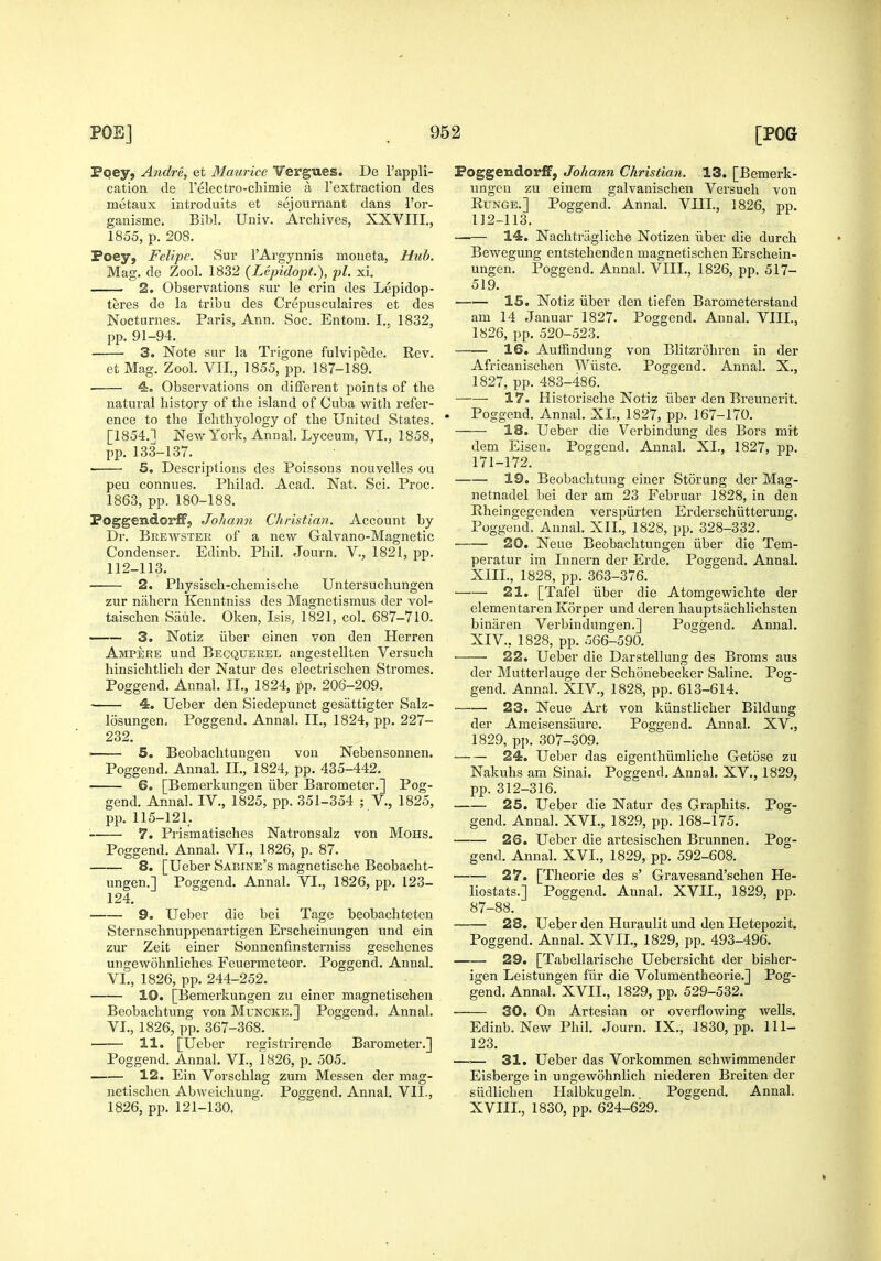 Poey, Andre, et Maurice ¥ergues. De I'appli- cation de relectro-cliimie a I'extractioa des metaux introduits et sejournant dans I'or- gauisme. Bibl. Univ. Ai'chives, XXVIII., 1855, p. 208. Poey, Felipe. Sur I'Ai-gynnis moueta, Hub. Mag. de Zool. 1832 {Lepidopt.), pi. xi. 2. Observations sur le crin des Lepidop- teres de la tribu des Crepusculaires et des Nocturnes. Paris, Ann. Soc. Entora. I., 1832, pp. 91-94. 3. Note sur la Trigone fulvipede. Rev. et Mag. Zool. VII., 1855, j^p. 187-189. 4. Observations on different points of the natural history of tlie island of Cuba with refer- ence to the Ichthyology of the United States. [1854.] New York, Annal. Lyceum, VI., 1858, pp. 133-137. ■ 5. Descriptions des Poissons nouvelles ou peu connues. Philad. Acad. Nat. Sci. Proc. 1863, pp. 180-188. PoggendoriF, Johann Christian. Account by Dr. Brewster of a new Galvano-Magnetic Condenser. Edinb. Phil. Joui-n. V., 1821, pp. 112-113. 2. Physisch-chemische Untersucliungen zur nahern Kenntniss des Magnetismus der vol- taischen Saiile. Oken, Isis, 1821, col. 687-710. 3. Notiz ilber einen von den Herren Ampere und Becquerel angestellten Versuch hinsichtlich der Natur des electrischen Stromes. Poggend. Annal. II., 1824, pp. 206-209. 4. Ueber den Siedepunct gesiittigter Salz- Poggend. Annal. II., 1824, pp. 227- losungen. 232. — 5. Beobachtungen von Nebensonnen. Poggend. Annal. II., 1824, pp. 435-442. — 6. [Bemerkungen iiber Barometer.] Pog- gend. Annal. IV., 1825, pp. 351-354 ; V., 1825, pp. 115-121,. — 7. Prismatisches Natronsalz von MoHS. Poggend. Annal. VI., 1826, p. 87. — 8. [Ueber Sabine's magnetische Beobacht- ungen.] Poggend. Annal. VI., 1826, pp. 123- 124. 9. Ueber die bei Tage beobachteten Sternschnuppenartigen Erscheinungen und ein zur Zeit einer Sonnenfinsterniss gesehenes ungewohnliches Feuermeteor. Poggend. Annal. VI., 1826, pp. 244-252. 10. [Bemerkungen zu einer magnetischen Beobachtung von Muncke.] Poggend. Annal. VI., 1826, pp. 367-368. 11. [Ueber registrirende Barometer.] Poggend. Annal. VI., 1826, p. 505. 12. Ein Vorschlag zum Messen der mag- netischen Abweichung. Poggend. Annal. VII., 1826, pp. 121-130. Poggendorff, Johann Christian. 13. [Bemerk- ungen zu eiuem galvanischen Versuch von RtJNGE.] Poggend. Annal. VIII., 1826, pp. 112-113. 14. Nachtriigliche Notizen iiber die durch Bewegung entstehenden magnetischen Erschein- ungen. Poggend. Annal. VIII., 1826, pp. 517- 519. 15. Notiz iiber den tiefen Barometerstand am 14 Januar 1827. Poggend. Annal. VIII., 1826, pp. 520-523. 16. Auffindung von Blitzrohren in der Africanischen Wiiste. Poggend. Annal. X., 1827, pp. 483-486. 17. Historische Notiz iiber den Breunerit. Poggend. Annal. XI., 1827, pp. 167-170. —— 18. Ueber die Verbindung des Bors mit dem Eisen. Poggend. Annal. XI., 1827, pp. 171-172. 19. Beobachtung einer Storung der Mag- netnadel bei der am 23 Februar 1828, in den Rheingegenden verspiirten Erderschiitterung. Poggend. Annal. XII,, 1828, pp. 328-332. 20. Neue Beobachtungen iiber die Tem- peratur im Innern der Erde. Poggend. Annal. XIII. , 1828, pp. 363-376. 21. [Tafel iiber die Atomgewichte der elementaren Korper und deren hauptsachlichsten binaren Verbindungen.] Poggend. Annal. XIV. , 1828, pp. 566-590. ■ 22. Ueber die Darstellung des Broms aus der Mutterlauge der Schonebecker Saline. Pog- gend. Annal. XIV., 1828, pp. 613-614. 23. Neue Art von kiinstlicher Bildung der Ameisensiiure. Poggend. Annal. XV., 1829, pp. 307-309. 24. Ueber das eigenthiimliche Getose zu Nakuhs am Sinai. Poggend. Annal. XV., 1829, pp. 312-316. 25. Ueber die Natur des Graphits. Pog- gend. Annal. XVI., 1829, pp. 168-175. 26. Ueber die artesischen Brunnen. Pog- gend. Annal. XVI., 1829, pp. 592-608. 27. [Theorie des s' Gravesand'schen He- liostats.] Poggend. Annal. XVII., 1829, pp. 87-88. 28. Ueber den Huraulitund den Hetepozit. Poggend. Annal. XVII., 1829, pp. 493-496. 29. [Tabellarische Uebersicht der bisher- igen Leistungen f'iir die Volumentheorie.] Pog- gend. Annal. XVII., 1829, pp. 529-532. 30. On Artesian or overflowing wells. Edinb. New Phil. Journ. IX., 1830, pp. 111- 123. 31. Ueber das Vorkommen schwiramender Eisberge in ungewohnlich niederen Breiten der siidlichen Halbkugeln. Poggend. Annal. XVm., 1830, pp. 624-629.