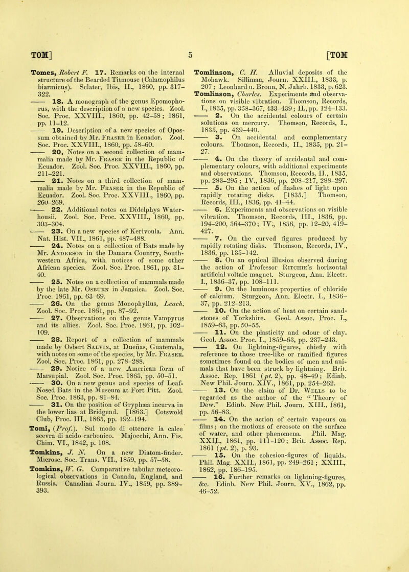 Tomes, Robert F. 17. Remarks on the internal structure of the Beai'ded Titmouse (Calamophilus biarmicus). Sclater, Ibis, II., 1860, pp. 317- 322. 18. A monograph of the genus Epomopho- rus, with the description of a new species. Zool. Soc. Proc. XXVIII., 1860, pp. 42-58; 1861, pp. 11-12. 19. Description of a new species of Opos- sum obtained bv Mr. Fraser in Ecuador. Zool. Soc. Proc. XXVIIL, 1860, pp. 58-60. 20. Notes on a second collection of mam- malia made by Mr. Fraser in the Republic of Ecuador. Zool. Soc. Proc. XXVIII., 1860, pp. 211-221. 21. Notes on a third collection of mam- malia made by Mr. Eraser in the Republic of Ecuador. Zool. Soc. Proc. XXVIIL, 1860, pp. 26U-269. 22. Additional notes on Didelphys Water- housii. Zool. Soc. Proc. XXVIII., 1860, pp. 303-304. 23. On a new species of Kerivoula. Ann. Nat. Hist. VII., 1861, pp. 487-488. 24. Notes on a collection of Bats made by Mr. Anderson in the Damara Country, South- western Africa, with notices of some other African species. Zool. Soc. Proc. 1861, pp. 31- 40. 25. Notes on a collection of mammals made by the late Mr. Osburn in Jamaica. Zool. Soc. Proc. 1861, pp. 63-69. ■ 26. On the genus Monophyllus, Leach. Zool. Soc. Proc. 1861, pp. 87-92. 27. Observations on the genus Vamjjyrus and its allies. Zool. Soc. Proc. 1861, pp. 102- 109. 28. Report of a collection of mammals made by Osbert Salvin, at Duenas, Guatemala, with notes on some of the species, by Mr. Eraser. Zool. Soc. Proc. 1861, pp. 278-288. 29. Notice of a new American form of Mai'supial. Zool. Soc. Proc. 1863, pp. 50-51. 30. On a new genus and species of Leaf- Nosed Bats in the Museum at Fort Pitt. Zool. Soc. Proc. 1863, pp. 81-84. 31. On the position of Gryphsea incurva in the lower lias at Bridgend. [1863.] Cotswold Club, Proc. IIL, 1865, pp. 192-194. Tomi, {Prof.). Sul modo di ottenere la calce scevra di acido carbonico. Majocchi, Ann. Fis. Chim. VI., 1842, p. 108. Tomkins, J. N. On a new Diatom-finder. Microsc. Soc. Trans. VII., 1859, pp. 57-58. Tomkins, W. G. Comparative tabular meteoro- logical observations in Canada, England, and Russia. Canadian Journ. IV., 1859, pp. 389- 393. Tomlinson, C. H. Alluvial deposits of the Mohawk. Silliman, Journ. XXIIL, 1833, p. 207 ; Leonhard u. Bronn, N. Jahrb. 1833, p. 623. Tomlinson, Charles. Experiments and observa- tions ou visible vibration. Thomson, Records, L, 1835, pp. 358-367, 433-439 ; II., pp. 124-133. 2. On the accidental colours of certain solutions on mercury. Thomson, Records, I., 1835, pp. 439-440. 3. On accidental and complementary colours. Thomson, Records, II., 1835, pp. 21- 27. 4. On the theory of accidental and com- plementary colours, with additional experiments and observations. Thomson, Records, IL, 1835, pp. 283-295 ; IV., 1836, pp. 208-217, 288-297. 5. On the action of flashes of light upon rapidly rotating disks. [1835.] Thomson. Records, IIL, 1836, pp. 41-44. 6. Experiments and observations on visible vibration. Thomson, Records, IIL, 1836, pp. 194-200,364-370; IV., 1836, pp. 12-20,419- 427. ■ 7. On the curved figures produced by rapidly rotating disks. Thomson, Records, IV., 1836, pp. 135-142. 8. On an optical illusion observed during the action of Professor Ritchie's horizontal artificial voltaic magnet. Sturgeon, Ann. Electr. I., 1836-37, pp. 108-111. 9. On the luminous properties of chloride of calcium. Sturgeon, Ann. Electr. I., 1836- 37, pp. 212-213. 10. On the action of heat ou certain sand- stones of Yorkshire. Geol. Assoc. Proc. I., 1859-63, pp. 50-55. 11. On the plasticity and odour of clay. Geol. Assoc. Proc. L, 1859-63, pp. 237-243. 12. On lightning-figures, chiefly with reference to those tree-like or ramified figures sometimes found on the bodies of men and ani- mals that have been struck by lightning. Brit. Assoc. Rep. 1861 (pi!. 2), pp. 48-49; Edinb. New Phih Journ. XIV., 1861, pp. 254-262. 13. On ihe claim of Dr. Wells to be regarded as the author of the  Theory of Dew. Edinb. New Phih Journ. XIIL, 1861, pp. 56-83. 14. On the action of certain vajiours on films; on the motions of creosote on the surface of water, and other phenomena. Phil. Mag. XXII., 1861, pp. 111-120; Brit. Assoc. Rep. 1861 {pt. 2), p. 93. 15. On the cohesion-figures of liquids. Phil. Mag. XXIL, 1861, pp. 249-261 ; XXIIL, 1862, pp. 186-195. 16. Further remarks on lightning-figures, &c. Edinb. New Phil. Journ. XV., 1862, pp. 46-52.