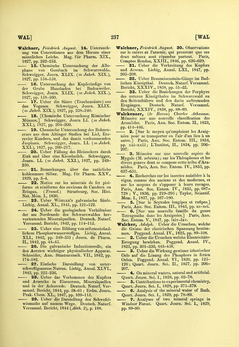Walchner, Friedrich August. 14. Untersucli- ung von Concretionen aus dem Herzen einer mannlichen Leiche. Mag. fiir Pharm. XIX., 1827, pp. 252-253. 15. Chemische Untersuchung des Allo- phans vou Gersbach im Schwarzwalde. Schweigger, Journ. XLIX. (= Jahrb, XIX.), 1827, pp. 154-158. 16. Untersuchung des Kupferindigs von del* Grube Hausbaden bei Badenweiler. Schweigger, Journ. XLIX. (= Jnhrb. XIX.), 1827, pp. 158-160. 17. Ueber die Saure (Traubensaure) aus den Vogesen. Schweigger, Journ. XLIX. (= Jahrb. XIX.), 1827, pp. 238-240. — 18. [Chemische Untersuchung Romischer Miinzen.] Schweigger, Journ LI. (= Jahrb. XXL), 1827, pp. 204-209. 19. Chemische Untersuchung des Bohnen- erzes aus dem Altinger Stollen bei Liel, Erz- revier Kandern, und des damit vorkommenden Jaspisses. Schweigger, Journ, LI. (= Jahrb. XXL), 1827, pp. 209-217. 20. Ueber Fallung des Bleizuckers durch Zink und iiber eine Kieselmilch. Schweigger, Journ. LI. (= Jahrb. XXL), 1827, pp. 249- 250. 21. Bemerkungen iiber das natiirliche kohlensaure Silber. Mag. fur Pharm. XXV., 1829, pp. 3-4. 22. Notice sur les minerais de fer pisi- forme et reniforme des environs de Candern en Brisgau. {Transl.) Strasbourg, Soc. Hist. Nat. Mem. I., 1830. 23. Ueber Wohler's galvanische Saule. Liebig, Annal. XL., 1841, pp. 121-122. «- 24. Ueber die geologischen Verhaltnisse der am Nordrande des Schwarzwaldes her- vortretenden Miueralquellen. Deutsch. Naturf. Versamml. Bericht, 1842, pp. 114-115. • 25. Ueber eine Bildung von selbstentziind- lichem PhosphorwasserstofFgas. Liebig, Annal. XLL, 1842, pp. 349-351 ; Journ. de Pharm. IL, 1842, pp. 44-45. • 26. Die galvanische Inductionsrolle, ein den Aerzten wichtiger physicalischer Apparat. Schneider, Ann. Staatsarzneik. VII., 1842, pp. 174-182. ■ 27. Einfache Darstellung von unter- schwefligsaurem Natron. Liebig, Annal. XLVL, 1843, pp. 225-236. 28. Ueber das Vorkommen des Kupfers und Arseniks in Eisenerzen, Miueralquellen und in der Ackererde. Deutsch. Naturf. Ver- samml. Bericht, 1844, pp. 58-61 ; Erdm. Journ. Prak. Chem. XL., 1847, pp. 109-115. 29. Ueber die Darstellung des Schwefel- wismuths auf nassem Wege. Deutsch. Naturf. Versamml. Bericht, 1844 {_Abth, 2), p. 188. Walchner) Friedrich August. 30. Observations sur le cuivre et I'arsenic, qui prouvent que ces deux metaux sont repandus partout. Paris, Comptes Rendus, XXIIL, 1846, pp. 626-629. 31. Ueber die Verbreitung des Kupfers und Arsens. Liebig, Annal. LXL, 1847, pp. 205-208. 32. Ueber Brauneisenstein-Gange im Bad- ischen Kinzigthal. Deutsch. Naturf. Versamml. Bericht, XXXIV., 1858, pp. 51-52. 33. Ueber die Beziehungen der Porphyre des unteren Kinzigthales im Schwarzwald zu den Seitenthalern und den daiin auftretenden Erzgangen. Deutsch. Naturf. Versamml. Bericht, XXXIV., 1858, pp. 88-89. Walckenaer, {le Baroii) Charles Athanase. Memoire sur une nouvelle classification des Araueides. Paris, Ann. Soc. Entom. II., 1833, pp. 414-446. 2. [Sur le moyen qu'emploient les Araig- nees pour se transporter en I'air d'un lieu a un autre.] Paris, Ann. Soc. Entom. III., 1834, pp. xxi-xxiii; L'Institut, IL, 1834, pp. 206- 207. 3. Memoire sur une nouvelle espece de Mygale (M. zebrata) ; sur les Theraphoses et les divers genres dont se compose cette tribu d'Ara- neides. Paris, Ann. Soc. Entom. IV., 1835, pp. 637-651. —— 4. Recherches sur les insectes nuisibles a la vigne, connus des anciens et des modernes, et sur les moyens de s'opposer a leurs ravages. Paris, Ann. Soc. Entom. IV., 1835, pp. 687- 728 ; v., 1836, pp. 219-295 ; Taylor, Scientif. Mem. I., 1837, pp. 167-180. 5. [Sur le Scytodes longipes et rufipes.] Paris, Ann. Soc. Entom. III., 1845, pp. xc-xci. 6. [Sur une nouvelle famille du genre Tetragnatha dans les Araignees.] Paris, Ann. Soc. Entom. V., 1847, pp. Ixiv-lxv. Walcker, Adolph. Ueber die Ursachen, welche die Grosse der electrischen Spannung bestim- men. Poggend. Annal. IV., 1825, pp. 89-108. 2. Ueber die Ursachen welche Electricitats- Erregung bewirken. Poggend. Annal. IV., 1825, pp. 301-330, 443-458. 3. Ueber die Wirkung gewisser atherischer Oele auf die Losung des Phosphors in fetten Oelen. Poggend. Annal. VL, 1826, pp. 125- 126; Quart. Journ. Sci. IL, 1827, pp. 206- 207. 4. On mineral waters, natural and artificial. Quart. Journ. Sci. L, 1828, pp. 62-78. —— 5. Contributions to experimental chemistry. Quart, Journ. Sci. L, 1828, pp. 371-379. • 6. Analysis of the mineral water of Bath. Quart. Journ. Sci. I., 1829, pp. 78-89. — 7. Analyses of two mineral springs in Windsor Forest. Quart. Journ. Sci. I,, 1829^ pp. 89-90,