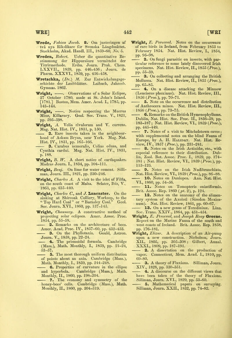 Wrede, Fabian Jacob. 8. Om justeringen af tva nya Rikslikare for Svenska Langdmattet. Stockholm, Akad. Handl. III., 1859-60, No. 5. Wreden, Robert. Ueber die quantitative Be- stimmung der Hippursaure vermittelst der Titrirmethode. Erdm. Journ. Prak. Chem. LXXVIL, 1859, pp. 446-456; Journ. de Pharm. XXXVI., 1859, pp. 456-458. Wretschka, {Dr.) 31. Zur Entwickelungsge- schichte der Laubblatter. Laibach, Jahresb. Gymnas. 1862. Wright, . Observations of a Solar Eclipse, 27 October 1780, made at St. Jolm's Island. [1781.] Boston, Mem. Amer. Acad. I., 1785, pp. 143-144. Wright, . Notice respecting the Mucrus Mine, Killarney. Geol. Soc. Trans. V., 1821, pp. 595-598. Wright, A. Velia rivulorum and V. currens. Mag. Nat. Hist. IV., 1831, p. 150. 2. Rare insects taken in the neighbour- hood of Askam Bryan, near York. Mag. Nat. Hist. IV., 1831, pp. 165-166. 3. Carabus nemoralis, Colias edusa, and Cynthia cardui. Mag. Nat. Hist. IV., 1831, p. 188. Wright, B. W. A short notice of earthquakes. Madras Journ. I., 1834, pp. 104-111. Wright, Benj. On lime for water cement. Silli- man, Journ. III., 1821, pp. 230-246. Wright, Charles A. A visit to the islet of Filfla, on the south coast of Malta. Sclater, Ibis, V., 1863, pp. 435-440. Wright, Charles C, and J. Lancaster. On the sinking at Shireoak Colliery, Worksop, to the Top Hard Coal or Barnsley Coal. Geol. Soc. Journ. XVI., 1860, pp. 137-145. Wright, Chauncey. A constructive method of projecting solar eclipses. Amer. Assoc. Proc. 1854, pp. 55-58. 2. Remarks on the architecture of bees. Amer. Acad. Proc. IV., 1857-60, pp. 432-433. 3. On the PhyUotaxis. Gould, Astron. Journ. v., 1858, pp. 22-24. 4. The prismoidal formula. Cambridge (Mass.), Math. Monthly, I., 1859, pp. 21-24, 53-57. 5. The most thorough uniform distribution of points about an axis. Cambi-idge (Mass.), Math, Monthly, I., 1859, pp. 244-248. 6. Properties of curvature in the ellipse and hyperbola. Cambridge (Mass.), Math. Monthly, II., 1860, pp. 198-204. 7. The economy and symmetry of the honey-bees' cells. Cambridge (Mass.), Math. Monthly, II., 1860, pp. 304-319. Wright, E. Perceval, Notes on the occurrence of rare birds in Ireland, from February 1853 to February 1854. Nat. Hist. Review, I., 1854, pp. 95-98. 2. On fungi parasitic on insects, with par- ticular reference to some lately discovered Irish specimens. Nat. Hist. Review, II., 1855 {Proc), pp. 55-59. 3. On collecting and arranging the British MoUusca. Nat. Hist. Review, H., 1855 {Proc), pp. 65-85. 4. On a disease attacking the Minnow (Leuciscus phoxinus). Nat. Hist. Review, III., 1856 {Proc), pp. 70-71. 5, Note on the occurrence and distribution of Anthrocera minos. Nat. Hist. Review, III., 1856 {Proc), pp. 73-75. 6. Remarks on the British Hymenophyllums. Dublin, Nat. Hist. Soc. Proc. II., 1856-59, pp. 183-187; Nat. Hist. Review, VI., 1859 {Proc), pp. 445-449. 7. Notes of a visit to Mitchelstown caves; with supplemental notes on the blind Fauna of Europe, by A. H. Halidat. Nat. Hist. Re- view, IV., 1857 {Proc), pp. 231-241. 8. Notes on the Irish Actinidse, etc., with especial reference to their distribution. Dub- lin, Zool. Bot. Assoc. Proc. I., 1859, pp. 174- 181 ; Nat. Hist. Review, VI., 1859 {Proc), pp. 113-125. 9. Notes on the Irish Nudibranchiata. Nat. Hist. Review, VI., 1859 (Proc),pp. 86-88. 10. Notes on Dunlopea. Ann. Nat. Hist. VI., 1860, pp. 54-56. 11. Notes on Tomopteris onisciformis. Brit. Assoc. Rep. 1860 {jyt. 2), p. 124. 12. Notes on the anatomy of the alimen- tary system of the Axolotl (Siredon Mexica- num). Nat. Hist. Review, 1861, pp. 60-67. — 13. On a new genus of Teredininae. Linn. Soc. Trans. XXIV., 1864, pp. 451-454. Wright, E. Perceval, and Joseph Reay Greene. Report on the Marine Fauna of the south and west coasts of Ireland. Brit. Assoc. Rep. 1858, pp. 176-181. Wright, Elizur. A description of an Air-pump upon a new construction. Nicholson, Journ. Xn., 1805, pp. 305-308 ; Gilbert, Annal. XXXI., 1809, pp. 187-191. 2. A dissertation on the production of vapor. Connecticut, Mem. Acad. I., 1810, pp. 69-80. 3. A theory of Fluxions. Silliman, Journ. XIV., 1828, pp. 330-351. 4. A discourse on the different views that have been taken of the theoiy of Fluxions. SiUiman, Journ. XVI., 1829, pp. 53-60. 5. Mathematical papers on surveying. Silliman, Journ. XXII., 1832, pp. 74-82.