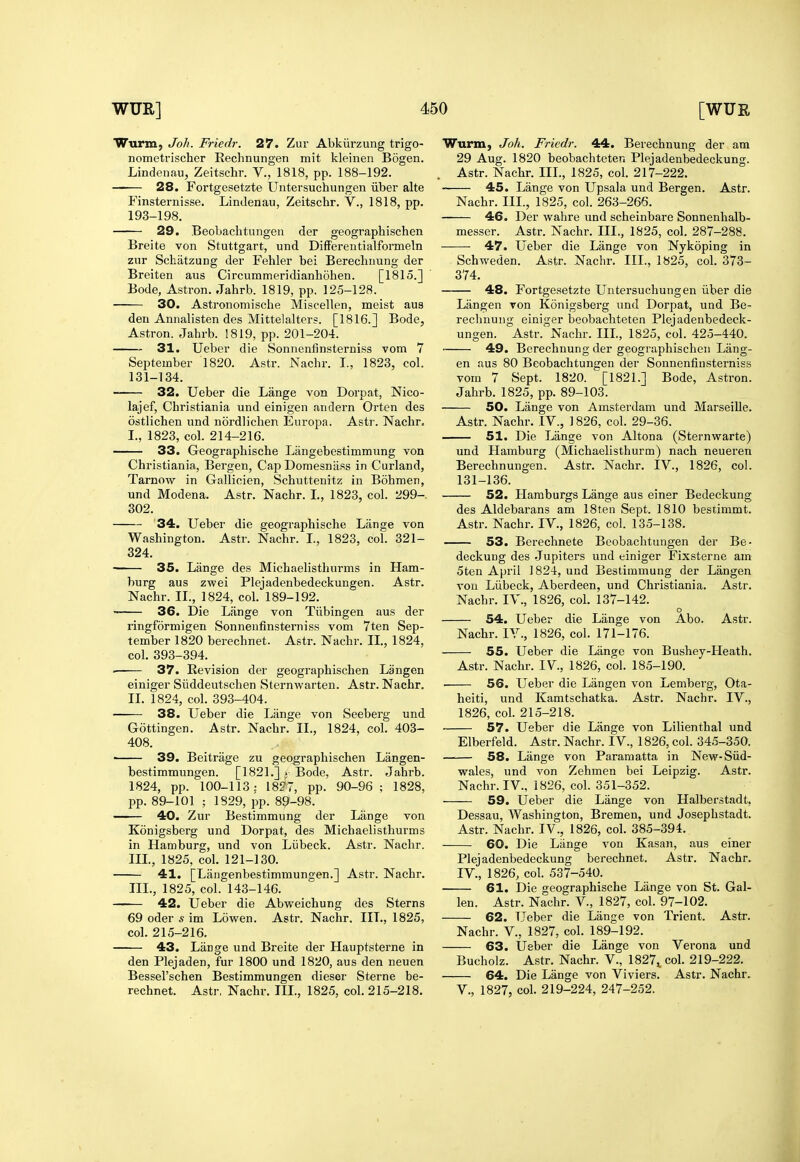 Wurm, Joh. Friedr. 27. Zur Abkiirzung trigo- nometrischer Rechnungen mit kleinen Bogen. Lindenau, Zeitschr. V., 1818, pp. 188-192. ■ 28. Fortgesetzte Untersuchungen iiber alte Finsternisse. Lindenau, Zeitschr. V., 1818, pp. 193-198. 29. BeoLachtungen der geographischen Breite von Stuttgart, und DifFerentialformeln zur Schatzung der Fehler bei Bereclinung der Breiten aus Circummeridianhohen. [1815.] Bode, Astron. Jahrb. 1819, pp. 125-128. 30. Astronomische Miscellen, meist aus den Annalisten des Mittelalters. [1816.] Bode, Astron. Jahrb. 1819, pp. 201-204. 31. Ueber die Sonnentinsterniss vom 7 September 1820. Astr. Nachr. I., 1823, col. 131-134. • 32. Ueber die Lange von Dorpat, Nico- lajef, Christiania und einigen andern Orten des ostlichen und nordliclien Europa. Astr. Nachr. I. , 1823, col. 214-216. 33. Geographische Liingebestimmung von Christiania, Bergen, Cap Domesnass in Curland, Tarnow in Gallicien, Schuttenitz in Bohnien, und Modena. Astr. Nachr. I., 1823, col. 299-. 302. 34. Ueber die geographische Lange von Washington. Astr. Nachr. L, 1823, col. 321- 324. 35. Lange des Michaelisthurms in Ham- burg aus zwei Plejadenbedeckungen. Astr. Nachr. II., 1824, col. 189-192. 36. Die Liinge von Tiibingen aus der ringformigen Sonnenfinsterniss vom 7ten Sep- tember 1820 berechnet. Astr. Nachr. IL, 1824, col. 393-394. . 37. Revision der geographischen Langen einiger Siiddeutschen Sternwarten. Astr. Nachr. II. 1824, col. 393-404. 38. Ueber die Lange von Seeberg und Gottingen. Astr. Nachr. IL, 1824, col. 403- 408. ■ 39. Beitrage zu geographischen Langen- bestimmungen. [1821.] j Bode, Astr. Jahrb. 1824, pp. 100-113; 1827, pp. 90-96; 1828, pp. 89-101 ; 1829, pp. 89-98. —— 40. Zur Bestimmung der Lange von Konigsberg und Dorpat, des Michaelisthurms in Hamburg, und von Liibeck. Astr. Nachr. IIL, 1825, col. 121-130. 41. [Langenbestimmungen.] Astr. Nachr. IIL, 1825, col. 143-146. 42. Ueber die Abweichung des Sterns 69 oder s im Lowen. Astr. Nachr. IIL, 1825, col. 215-216. 43. Lange und Breite der Hauptsterne in den Plejaden, fur 1800 und 1820, aus den neuen Bessel'schen Bestimmungen dieser Sterne be- rechnet. Astr, Nachr. IIL, 1825, col. 215-218. Wurm, Joh. Friedr. 44. Berechnung der am 29 Aug. 1820 beobachteten Plejadenbedeckung. Astr. Nachr. IIL, 1825, col. 217-222. 45. Lange von Upsala und Bergen. Astr. Naehr. IIL, 1825, col. 263-266. 46. Der wahre und scheinbare Sonnenhalb- messer. Astr. Nachr. IIL, 1825, col. 287-288. 47. Ueber die Lange von Nykoping in Schweden. Astr. Nachr. IIL, 1825, col. 373- 374. 48. Fortgesetzte Untersuchungen iiber die Langen von Konigsberg und Dorpat, und Be- rechnung einiger beobachteten Plejadenbedeck- ungen. Astr.' Nachr. IIL, 1825, col. 425-440. 49. Berechnung der geographischen Lang- en aus 80 Beobachtungen der Sonnenfinsterniss vom 7 Sept. 1820. [1821.] Bode, Astron. Jahrb. 1825, pp. 89-103. 50. Lange von Amsterdam und Marseille. Astr. Nachr. IV., 1826, col. 29-36. 51. Die Lange von Altona (Sternwarte) und Hamburg (Michaelisthurm) nach neueren Berechnungen. Astr. Nachr. IV., 1826, col. 131-136. 52. Haraburgs Lange aus einer Bedeckung des Aldebarans am 18ten Sept. 1810 bestimmt. Astr. Nachr. IV., 1826, col. 135-138. 53. Berechnete Beobachtungen der Be- deckung des Jupiters und einiger Fixsterne am 5ten April 1824, und Bestimmung der Langen von Liibeck, Aberdeen, und Christiania. Astr. Nachr. IV., 1826, col. 137-142. o 54. Ueber die Lange von Abo. Astr. Nachr. IV., 1826, col. 171-176. 55. Ueber die Lange von Bushey-Heath. Astr. Nachr. IV., 1826, col. 185-190. ■ 56. Ueber die Langen von Lemberg, Ota- heiti, und Kamtschatka. Astr. Nachr. IV., 1826, col. 215-218. 57. Ueber die Lange von Lilienthal und Elberfeld. Astr. Nachr. IV., 1826, col. 345-350. 58. Lange von Paramatta in New-Siid- wales, und von Zehmen bei Leipzig. Astr. Nachr. IV., 1826, col. 351-352. 59. Ueber die Lange von Halberstadt, Dessau, Washington, Bremen, und Josephstadt. Astr. Nachr. IV., 1826, col. 385-394. 60. Die Liinge von Kasan, aus einer Plejadenbedeckung berechnet. Astr. Nachr. IV., 1826, col. 537-540. 61. Die geographische Liinge von St. Gal- len. Astr. Nachr. V., 1827, col. 97-102. 62. Ueber die Lange von Trient. Astr. Nachr. v., 1827, col. 189-192. 63. Ueber die Lange von Verona und Bucholz. Astr. Nachr. V., 1827, col. 219-222. 64. Die Lange von Viviers. Astr. Nachr. v., 1827, col. 219-224, 247-252.