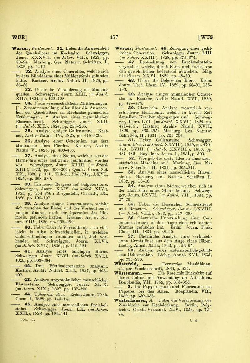 Wvxxerf Ferdinand. 31. Ueber die Anwesenheit des Quecksilbers im Kochsalze. Schweigger, Jouin. XXXVII. (= Jahrb. VII.), 1823, pp. 83-94 ; Marburg, Ges. Naturw. Schriften, I., 1832, pp. 1-12. ■ 32. Analyse einer Concretion, welche sich in dem Blinddarme eines Miihlenpferds gefunden hatte. Kastner, Archiv Naturl. XL, 1824, pp. 53-56. 33. Ueber die Veranderung der Mineral- queUen. Schweigger, Joum. XLII. (= Jahrb. XII. ), 1824, pp. 122-128. 34. Naturwissenschaftliche Mittheilungen: [1. Zusammenstellung aller iiber die Anwesen- heit des Quecksilbers im Kochsake gemachten Erfahrungen; 2. Analyse eines menschlichen Blasensteines]. Schweigger, Journ. XLII. (= Jahrb. XII.), 1824, pp. 255-256. 35. Analyse einiger Gallensteine. Kast- ner, Archiv Naturl. IV., 1825, pp. 418-420. 36. Analyse einer Concretion aus dem Mastdarme eines Pferdes. Kastner, Archiv Naturl. v., 1825, pp. 450-453. 37. Analyse eines Steins, welcher aus der Harnrohre eines Schweins geschnitten worden war. Schweigger, Journ. XLIII. (= Jahrb. XIII. ), 1825, pp. 300-303 ; Quart. Journ. Sci. XX., 1826, p. 411 ; TiUoch, Phil. Mag. LXVI., 1825, pp. 288-289. 38. Ein neues Eeagens auf Salpetersiiure. Schweigger, Journ. XLIV. (= Jahrb. XIV.), 1825, pp. 354-356 ; Brugnatelli, Giornale, IX., 1826, pp. 195-197. — 39. Analyse einiger Concretionen, welche sich zwischen der Eichel und der Vorhaut eines jungen Mannes, nach der Operation der Phi- mosis, gefunden batten. Kastner, Archiv Na- turl. VIII., 1826, pp. 296-299. 40. Ueber Cantu's Vermuthung, dass viel- leicht in alien Schwefelquellen, in welchen Chlorverbindungen enthalten sind, Jod vor- handen sei. Schweigger, Journ. XLVL (= Jahrb. XVI.), 1826, pp. 119-121. 41. Analyse eines milchigen Hams. Schweigger, Journ. XLVI. (= Jahrb. XVI.), 1826, pp. 363-364. 42. Drei Pferdenierensteine analysirt. Kastner, Archiv Naturl. XIII., 1827, pp. 403- 407. 43. Analyse ungewohnlicher menschlicher Blasensteine. Schweigger, Journ. XLIX. (= Jahrb. XIX.), 1827, pp. 197-200. 44. Ueber das Bier. Erdm. Journ. Tech. Chem. L, 1828, pp. 143-145. 45. Analyse eines menschlichen Speichel- steins. Schweigger, Journ. LII. (= Jahrb. XXIL), 1828, pp. 129-141. VOL. VI. Wurzer, Ferdinand. 46. Zerlegung einer gicht- ischen Concretion. Schweigger, Journ. LIII. (= Jahrb. XXIIL), 1828, pp. 371-374. — 47. Beobachtung von Brechweinstein- Crystallen, welche, durch Form und Farbe, von den gewohnlichen bedeutend abwichen, Mag. fiir Pharm. XXVL, 1829, pp. 48-50. 48. Ueber die Belgischen Biere. Erdm. Journ. Tech. Chem. IV., 1829, pp. 56-91, 155- 183. ■ 49. Analyse einiger animalischer Concre- tionen. Kastner, Ai-chiv Naturl. XVI., 1829, pp. 475-477. 50. Chemische Analyse wesentlich vev- schiedener Harnsteine, welche in kurzer Zeit derselben Krauken abgegangen sind. Schweig- ger, Journ. LVI. (= Jahrb. XXVI.), 1829, pp. 471-476 ; Kastner, Archiv Naturl. XVII., 1829, pp. 360-365; Marburg, Ges. Naturw. Schriften, U., 1831, pp. 201-204. 51. Ueber Gallensteine. Schweigger, Journ. LVII. {=Jahrb. XXVIL), 1829, pp. 470- 473; LVIII. {= Jahrb. XXVUL), 1830, pp. 481-482 ; Roy. Inst. Journ. L, 1831, p. 399. 52. Wer gab die erste Idee zu einer aero- statischen Maschine an ? Marburg, Ges. Na- turw. Schriften, II., 1831, pp. 205-211. 53. Analyse eines menschlichen Blasen- steins. Marburg, Ges. Naturw. Schriften, I., 1832, pp. 13-16. 54. Analyse eines Steins, welcher sich in der Harnrohre eines Stiers befand. Schweig- ger, Journ. LXVIL (= Jahrb. VII.), 1833, pp. 27-29. 55. Ueber die Hessischen Schmelztiegel und Retorten. Schweigger, Journ. LXVIII. (= Jahrb. VIIL), 1833, pp. 347-350. 56. Chemische Untersuchung einer Con- cretion, die sich in dem Auge eines erblindeten Mannes gefunden hat. Erdm. Journ. Prak. Chem. III., 1834, pp. 38-40. 57. Chemische Analyse einer verknoch- erten Crystallinse aus dem Auge eines Baren. Liebig, Annal. XIIL, 1835, pp. 93-95. 58. Analyse eines widernatiirlich-gebild- eten Ochsenzahns. Liebig, Annal. XVI., 1835, pp.235-236. Wiistefeld, . Hornartige Missbildung. Casper, Wochenschrift, 1836, p. 635. Wiistemann, . Die Rose, mit Riicksicht auf deren Cultur und Anwendung im Alterthum. Bonplandia, VII., 1859, pp. 313-325. 2. Die Papyrusstaude und Fabrication des Papieres bei den Alten. Bonplandia, VII., 1859, pp. 330-336. Wusterhausen, A. Ueber die Verarbeitung der Zinkbleche zur Dachdeckung. Berlin, Poly- techn. Gesell. Verhandl. XIV., 1853, pp. 72- 74. 3 M