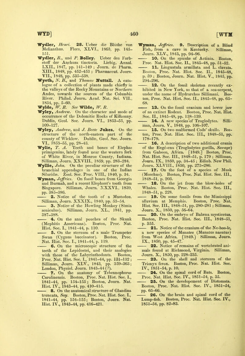 Wydler, Henri. 28. Ueber die Bliithe von Melianthus, Flora, XLVJ., 1863, pp. 145- 151. Wydler, R., und P. BoUey. Ueber den Farb- stoff der Anchusa tinctoria. Liebig, Annal. LXII., 1847, pp. 141-149 ; Journ. de Pharm. XIII., 1848, pp. 452-453 ; Pharmaceut. Journ. VIL, 1848, pp. 535-538. Wyeth, N. B., and Thomas Nuttall. A cata- logue of a collection of plants made chiefly in the valleys of the Rocky Mountains or Northern Andes, towards the sources of the Columbia Elver. Philad. Journ. Acad. Nat. Sci. VII., 1834, pp. 5-60. Wylde, W. R. See Wilde, W. R. Wyley, Andrew. On the character and mode of occurrence of the Dolomitic Kocks of Kilkenny. Dublin, Geol. Soc. Journ. VI., 1853-55. pp. 109-127. Wyley, Andreiv, and J. Beete Jukes. On the structure of the north-eastern part of the county of Wicklow. Dublin, Geol. Soc. Journ. VI., 1853-55, pp. 28-43. Wylie, T. A. Teeth and bones of Elephas primigenius, lately found near the western fork of White River, in Monroe County, Indiana. Silliman, Journ. XXVIIL, 1859, pp. 283-284. Wyllie, John. On the peculiar structure of the branchial appendages in one of the Indian Silurida;. Zool. Soc. Proc. VIII., 1840, p. 34. Wsnoian, Jeffries. On fossil bones from Georgia and Burmah, and a recent Elephant's tooth from Singapore. Silliman. Journ. XXXVI., 1839, pp. 385-386. — 2. Notice of the tooth of a Mastodon. Silliman, Journ. XXXIX., 1840, pp. 53-54. 3. Notice of the Howling Monkey (Simia seniculus). Silliman, Journ. XL., 1841, pp. 387-388. 4. On the anal pouches of the Skunk (Mephitis Americana). Boston, Proc. Nat. Hist. Soc. I., 1841-44, p. 110. ■ 5. On the sternum of a male Trumpeter Swan (Cygnus buccinator). Boston, Proc. Nat. Hist. Soc. I., 1841-44, p. 119. 6. On the microscopic structure of the teeth of the Lepidostei, and their analogies with those of the Labyrinthodonts. Boston, Proc. Nat. Hist. Soc. I., 1841-44, pp. 131-132 ; Silliman, Journ. XLV., 1843, pp. 359-363; London, Physiol. Journ. 1843-44 (?). 7. On the anatomy of Tebennophorus Carolinensis. Boston, Proc. Nat. Hist. Soc. I., 1841-44, pp. 154-155 ; Boston, Journ. Nat. Hist. IV., 1843-44, pp. 410-415. —— 8. On the anatomical structure of Glandina truncata. Say. Boston, Proc. Nat. Hist. Soc. I., 1841-44, pp. 154-155; Boston, Journ. Nat. Hist. IV., 1843-44, pp. 416-421. Wyman, Jeffries. 9. Description of a Blind Fish,i from a cave in Kentucky. Silliman, Journ. XLV., 1843, pp. 94-96. 10. On the spieulse of Actinia. Boston, Proc. Nat. Hist. Soc. IL, 1845-48, pp. 51-52. 11. Linguatula armillata and L. clavata. Boston, Proc. Nat. Hist. Soc. H., 1845-48, p. 59 ; Boston, Journ. Nat. Hist. V., 1845, pp. 294-296. 12. On the fossil skeleton recently ex- hibited in New York, as that of a sea-serpent, under the name of Hydrarchos Sillimani. Bos- ton, Proc. Nat, Hist. Soc. IL, 1845-48, pp. 65- 68. —• 13. On the fossil cranium and lower jaw of an extinct Rodent. Boston, Proc. Nat. Hist. Soc. IL, 1845-48, pp. 138-139. 14. A new species of Troglodytes. Silli- man, Journ. v., 1848, pp. 106-107. 15. On two malformed Cods' skulls. Bos- ton, Proc. Nat. Hist. Soc. IIL, 1848-51, pp. 178-179. 16. A description of two additional crania of the Enge-ena (Troglodytes gorilla, Savage) from Gaboon, Africa. [1849.] Boston, Proc, Nat. Hist. Soc. IIL, 1848-51, p. 179 ; Silliman, Journ. IX., 1850, pp. 34-45 ; Edinb. New Phil. Journ. XLVIII., 1850, pp. 273-286. 17. On the foot of a species of Musk (Moschus). Boston, Proc. Nat. Hist. Soc. IIL, 1848-51, p. 203. 18. On the jet from the blow-holes of Whales. Boston, Proc. Nat. Hist. Soc, IIL, 1848-51, p. 228. 19. On some fossils from the Mississippi alluvium at Memphis. Boston, Proc. Nat. Hist. Soc. IIL, 1848-51, pp. 280-281 ; Silliman, Journ. X., 1850, pp. 56-64. —. 20. On the embryo of Balsena mysticetus. Boston, Proc. Nat. Hist. Soc. IIL, 1848-51, p. 355. — 21. Notice of the cranium of the Ne-hoo-le, a new species of Manatee (Manatus nasutus) from West Africa. [1849.] Silliman, Journ. IX., 1850, pp. 45-47. 22. Notice of remains of vertebrated ani- mals found at Richmond, Virginia. Silliman, Journ. X., 1850, pp. 228-235. 23. On the shell and sternum of the Trionyx ferox. Boston, Proc. Nat. Hist. Soc. IV., 1851-54, p. 10, 24. On the spinal cord of Bats, Boston, Proc. Nat. Hist. Soc. IV., 1851-54, p. 35. 25. On the developement of Distomata. Boston, Proc. Nat. Hist. Soc. IV., 1851-54, pp. 65-66. 26. On the brain and spinal cord of the Lump-fish. Boston, Proc. Nat. Hist. Soc. IV,, 1851-54, pp. 82-83.